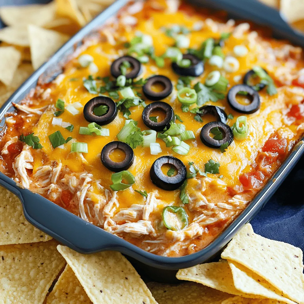 To make the best chicken taco dip, gather these ingredients: - 2 cups cooked chicken, shredded - 1 (8 oz) package cream cheese, softened - 1 cup sour cream - 1 cup shredded sharp cheddar cheese, divided - 1 cup medium salsa (adjust spice to preference) - 1 tablespoon taco seasoning - 1/2 cup black olives, sliced - 1/2 cup green onions, finely chopped - Tortilla chips, for serving You can switch some ingredients if needed. Use Greek yogurt instead of sour cream for a tangy twist. If you want a lighter dip, try using low-fat cream cheese. For a vegan option, use shredded jackfruit instead of chicken. You can also replace cheddar cheese with a dairy-free cheese. Adjust the salsa for your spice level. A mild salsa is great for kids, while a spicy one can kick it up. Measuring accurately makes a big difference. Use dry measuring cups for solids and liquid measuring cups for liquids. Make sure your cream cheese is soft. It blends better when it's at room temperature. Shred your chicken finely for even mixing. If you have leftover chicken, this is a great way to use it. Prepare all your ingredients before you start cooking. This makes the process smooth and fun. To start, preheat your oven to 350°F (175°C). This step gets your oven ready for baking. Next, take a large bowl and add the softened cream cheese, sour cream, and taco seasoning. I like to use a handheld mixer to blend everything until smooth. Make sure there are no lumps. This creamy base is key to a delicious dip. Then, add the shredded chicken and medium salsa to the bowl. Mix well until the chicken is coated. This helps the flavors blend together. Don’t forget to reserve half of the shredded cheddar cheese for later. Stir in the remaining cheese to create a cheesy delight. After mixing, transfer the chicken mixture into a greased baking dish. Spread it out evenly so it bakes nicely. Sprinkle the rest of the cheddar cheese on top of the dip. Next, add the sliced black olives evenly over the cheese. This adds a nice touch and flavor. Place your baking dish in the preheated oven. Bake for 20 to 25 minutes. Keep an eye on it until it's hot and bubbly. You want the cheese to melt perfectly. Once baked, take the dish out of the oven. Carefully sprinkle the chopped green onions on top. This gives the dip a fresh flavor and bright look. Let it cool for a few minutes before serving. This prevents any burns. Serve with crispy tortilla chips for a fun dipping experience. You can use the Full Recipe for even more detailed steps! For a colorful touch, consider garnishing with more green onions and a small bowl of salsa on the side. Enjoy your tasty Chicken Taco Dip! To make your chicken taco dip a hit, focus on the creaminess. Start with room temperature cream cheese. This helps it blend smoothly. Mix the cream cheese with sour cream well. Use a handheld mixer for a fluffy texture. Ensure the chicken is shredded finely. This allows for even flavor in every bite. Want to elevate the taste? Add more cheese! Try pepper jack for extra kick. Fresh cilantro can also boost flavor. Mix in some corn for sweetness. You can also use black beans for added texture. Consider a squeeze of lime juice for brightness. These little touches make a big difference. Spice level is key in chicken taco dip. If you like it mild, use mild salsa. You can add more taco seasoning for heat. For those who love spice, try spicy salsa or jalapeños. Always taste as you go. This way, you can adjust to your liking. Making this dip your own is part of the fun. For more details, check out the Full Recipe. {{image_4}} You can make a vegetarian version of chicken taco dip. Replace the chicken with 2 cups of cooked lentils or black beans. Use the same creamy base of cream cheese and sour cream. Add your favorite veggies like bell peppers, corn, and zucchini. This dip still tastes great and is full of flavor. To make your dip spicy, use hot salsa instead of regular salsa. Add diced jalapeños or chopped green chilies for an extra kick. You can also mix in some cayenne pepper or chili powder to ramp up the heat. Adjust the spice to your taste. Remember, you can always add more, but you can’t take it out! Feel free to get creative with your dip! Consider adding: - Diced tomatoes for freshness - Creamy avocado for richness - Fresh cilantro for a burst of herb flavor - A squeeze of lime juice for a zesty touch Mix and match these ingredients to find your favorite combination. This way, each dip becomes a unique dish! For the full recipe, check the details shared above. To keep your chicken taco dip fresh, store it in an airtight container. This will help prevent it from drying out. Let the dip cool down to room temperature before sealing it. If you have leftovers, place them in the fridge. This dip will stay good for about 3 to 4 days. When you're ready to enjoy the dip again, use the oven or microwave. For the oven, preheat it to 350°F (175°C) and heat the dip for about 15 minutes. Stir it halfway to ensure even heating. If using a microwave, place the dip in a microwave-safe bowl. Heat it on medium power in short bursts, stirring in between, until warm. You can freeze chicken taco dip if you want to save it for later. Use a freezer-safe container to store the dip. Make sure to leave some space at the top since the dip may expand when frozen. It will keep well for about 2 to 3 months. When ready, thaw it in the fridge overnight before reheating. This will help maintain its creamy texture. Enjoy your tasty dip anytime! Chicken taco dip can last about 3 to 5 days in the fridge. Make sure to store it in an airtight container. This keeps it fresh and tasty. If the dip smells off or looks strange, it’s best to toss it. Yes, you can make chicken taco dip ahead of time. Prepare it a day or two before your event. Just cover it well and chill it in the fridge. When you're ready to serve, bake it as the recipe states. This makes hosting easy and fun. I love serving chicken taco dip with crispy tortilla chips. You can also use veggies like carrots and celery for dipping. Other great options are pita chips or even nachos. For an extra touch, add some fresh salsa or guacamole on the side. These pair well with the dip and add more flavor. You learned how to make a tasty Chicken Taco Dip. We explored the ingredients, preparation steps, and tips for the perfect dip. Consider substitutions for your taste, and remember, you can adjust spice levels. Storing and reheating were covered to keep it fresh. Lastly, I shared ways to make variations to suit your cravings. Enjoy your dip with family and friends!