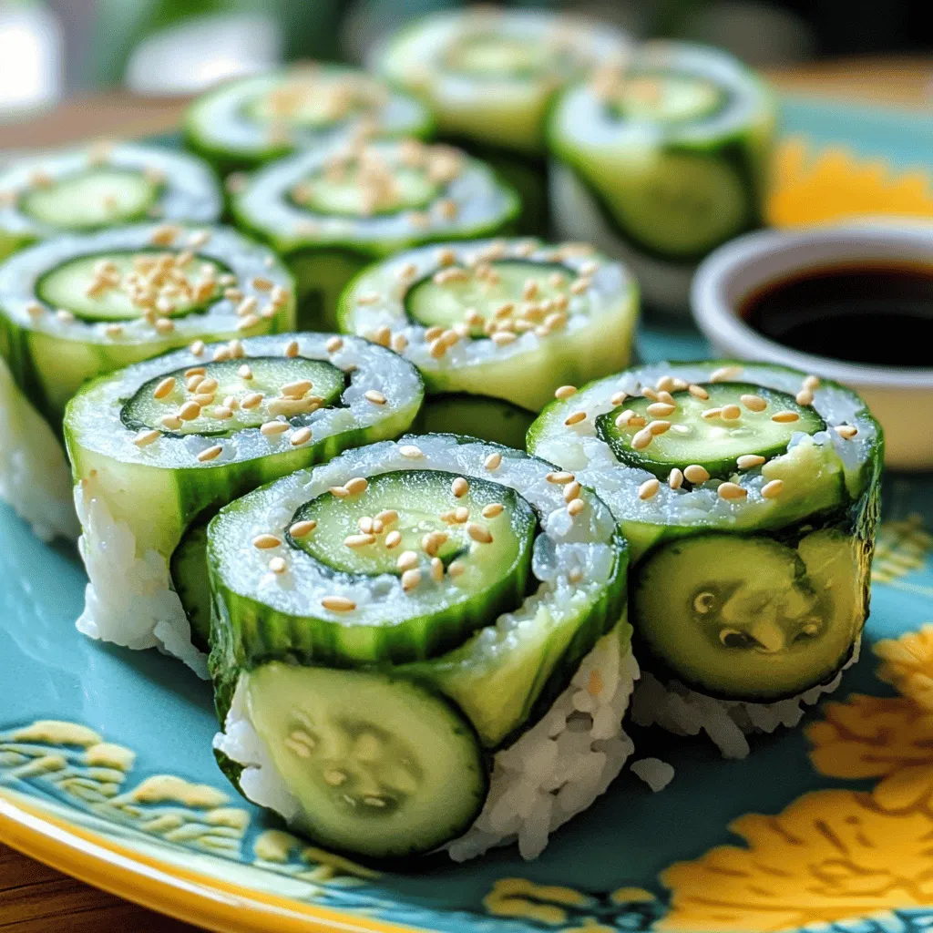 - 1 cup sushi rice - 4 sheets nori (seaweed) - 1 large cucumber, julienned - 1 ripe avocado, sliced - 1 small carrot, julienned (optional) The main ingredients are vital to making great cucumber avocado sushi rolls. Sushi rice is sticky and helps hold the rolls together. Nori adds a nice sea flavor and keeps everything wrapped up. Fresh vegetables like cucumber and avocado provide a creamy texture and crunch. If you want a little more color and taste, you can add julienned carrot. - 2 tablespoons rice vinegar - 1 tablespoon sugar - 1 teaspoon salt Seasoning is key to tasty sushi rice. Rice vinegar gives the rice a tangy flavor. Sugar adds a hint of sweetness, while salt balances everything out. Mix these three together to create a flavorful blend that enhances the rice. - Sesame seeds - Soy sauce Garnishes and accompaniments make your sushi even better. Sprinkling sesame seeds on top adds a nice crunch and nutty taste. Soy sauce is perfect for dipping, bringing a savory kick to every bite. These ingredients create a fresh and flavorful treat. You can find the full recipe for cucumber avocado sushi rolls above. First, rinse the sushi rice. Place it in a fine-mesh strainer. Rinse it under cold water until the water runs clear. This helps to remove extra starch. Next, combine the rinsed rice and 1 ¼ cups of water in a medium saucepan. Bring it to a boil over medium heat. Once it boils, lower the heat and cover the pan. Let it simmer for 18-20 minutes until the rice is tender. After cooking, leave the rice covered for 10 minutes to steam. Now, season the rice. In a small bowl, mix rice vinegar, sugar, and salt. Stir until it dissolves. Then, transfer the cooked rice to a large bowl. Gently fold the vinegar mixture into the rice. Be careful not to mash the grains. Once mixed, let the rice cool to room temperature. While the rice cools, prepare your veggies. Take the cucumber and cut it into thin strips. This is called julienning. Next, slice the avocado into thin wedges. If you want to add extra crunch, julienne the optional carrot too. Place all your veggies on a plate for easy access. Now, it's time to roll! Begin with a bamboo sushi mat on a clean surface. Lay down one sheet of nori, shiny side down. With wet hands, take some seasoned sushi rice. Spread it evenly across the nori, about ½ inch thick. Leave about 1 inch of nori at the top edge. Next, add your fillings. In the center of the rice, place a few strips of cucumber, avocado, and optional carrot. Make sure they are aligned nicely. Now, roll it up. Start from the bottom edge and roll tightly towards the top. Apply gentle pressure to keep the roll compact. Keep rolling until you reach the exposed edge. To seal it, dab a little water on the edge of the nori. Finally, use a sharp knife dipped in water to slice the sushi into bite-sized pieces. You can cut each roll into 6-8 pieces. Repeat this for the rest of your nori sheets and fillings. Once you finish, sprinkle sesame seeds over the rolls for extra flavor. Serve with soy sauce for dipping if you like. Enjoy your cucumber avocado sushi rolls! To make great sushi rice, you must rinse it well. Rinse the rice under cold water until it runs clear. This removes excess starch that makes rice sticky. After rinsing, cook the rice with 1 ¼ cups of water. Bring it to a boil, then lower the heat. Cover the pot and let it simmer for 18-20 minutes. Once cooked, let it steam for 10 more minutes. This helps the rice finish cooking. Next, season the rice with a mixture of rice vinegar, sugar, and salt. Stir gently to keep the grains intact. Let it cool to room temperature before using. Rolling sushi can be tricky. To roll tightly, start at the bottom edge. Use a bamboo mat to help guide your roll. As you roll, apply gentle pressure. This keeps the ingredients from squishing out. Roll until you reach the edge of the nori. Use a little water on the edge to seal the roll. Make sure not to overfill. If you add too many ingredients, it will be hard to roll. Keep the filling centered for a neat finish. Slicing sushi rolls neatly is key for a good presentation. Use a sharp knife dipped in water. This prevents the rice from sticking to the blade. Cut the roll into 6-8 pieces. Aim for even sizes for a nice look. Be gentle when slicing. Pressing too hard can squish the roll. Practice makes perfect, so keep trying if you don’t get it right away. For more details, check out the Full Recipe. {{image_4}} To spice up your cucumber avocado sushi rolls, try adding proteins. Crab and shrimp work well. They add a nice texture and flavor. You can also mix in spicy mayo for a kick. Simply blend mayo with sriracha for a tasty twist. This makes each bite even more exciting. You can personalize your rolls with your favorite flavors. Don’t feel limited to just cucumber and avocado. You can use other veggies too! Carrots add a sweet crunch. Bell peppers bring color and flavor. You might also try mango for a tropical touch. Each choice adds a unique taste and keeps your sushi fresh. Experimenting with different veggies can lead to delightful surprises. If you want a simpler meal, consider a sushi bowl. Just take the same rice and toppings. Layer them in a bowl instead of rolling them. This way, you can enjoy all the flavors without the fuss of rolling. Use sushi rice as a base. Top with cucumbers, avocado, and any proteins you like. Drizzle some soy sauce on top for extra taste. This deconstructed version is quick and fun to eat! For the complete recipe, check the Full Recipe. To keep your cucumber avocado sushi rolls fresh, wrap them tightly in plastic wrap. This makes a seal that keeps air out. Store them in the fridge for up to two days. Make sure to keep them away from strong-smelling foods. This will prevent the sushi from absorbing unwanted flavors. If you have leftover sushi rice, store it in an airtight container. This keeps it moist and tasty. You can freeze cucumber avocado sushi rolls, but they may lose some texture. Wrap each roll in plastic wrap, then place them in a freezer bag. Remove as much air as possible. When you want to eat them, defrost them in the fridge overnight. After thawing, the rice may become a bit mushy. It’s best to eat frozen sushi within a month for the best taste. If you need to reheat your sushi rolls, do it gently. Place them in a microwave-safe dish. Cover the dish with a damp paper towel. Heat on low for 15 to 20 seconds. Check if they are warm enough. Avoid overheating, as this can make the rice tough. For the best flavor, enjoy your sushi cold or at room temperature. If you want to make them warm, try toasting them in a pan for a few seconds on each side. This can add a nice crunch. You can make sushi rice on the stove. Start by rinsing the rice under cold water until the water runs clear. This step helps remove extra starch. Next, add the rinsed rice and 1 ¼ cups of water to a pot. Bring it to a boil over medium heat. Then, lower the heat and cover the pot. Let it simmer for 18-20 minutes. This method cooks the rice perfectly. After cooking, let it sit, covered, for 10 minutes. This helps the rice steam and become fluffy. Yes, you can use brown rice. However, brown rice takes longer to cook. It has more fiber and nutrients than white rice. The texture of brown rice is also chewier. This can change the sushi's taste and feel. If you choose brown rice, adjust the water and cooking time. This way, you will still achieve a great sushi roll. Serve your cucumber avocado sushi rolls on a nice platter. You can add some soy sauce for dipping. Arrange the rolls neatly and sprinkle sesame seeds on top. This adds extra flavor and a nice look. You may also include pickled ginger and wasabi for a complete sushi experience. For a fun touch, you can use small bowls for dipping sauces. This makes it easy for everyone to enjoy! You now know the key parts of making cucumber avocado sushi. We discussed the main ingredients, how to prepare them, and tips for rolling and slicing. You also learned about different flavor variations and how to store leftovers. Making sushi is fun and allows for creativity. You can adjust ingredients to fit your taste. Enjoy rolling your sushi at home, and impress your friends with your new skills!