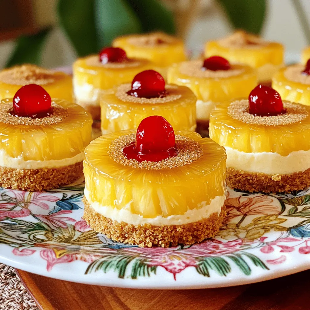 - 1 cup graham cracker crumbs - 16 oz cream cheese, softened - 2 large eggs - 1 cup crushed pineapple - 1/4 cup brown sugar - Maraschino cherries - Fresh mint leaves for garnish - Muffin tin - Cupcake liners - Mixing bowls and electric mixer The main ingredients create a rich and creamy base. The graham cracker crumbs form a crunchy crust. Cream cheese gives the cheesecakes their smooth texture. Eggs help the filling set and hold together. Crushed pineapple adds a sweet, juicy flavor. For a sweeter touch, use brown sugar. Maraschino cherries make a lovely garnish. Fresh mint leaves add color and freshness. You need a muffin tin and cupcake liners to shape the cheesecakes. Mixing bowls and an electric mixer help blend the ingredients well. With these ingredients and tools, you're ready to make mini pineapple upside-down cheesecakes. For the full recipe, check the details above! - Preheat the oven to 325°F (160°C). - Combine 1 cup of graham cracker crumbs with 4 tablespoons of melted unsalted butter. - Press the mixture into muffin liners. Make sure the crust is even and firm. - Beat 16 oz of softened cream cheese with 1/2 cup of granulated sugar until smooth. - Add 2 large eggs and 1 teaspoon of vanilla extract, mixing well after each one. - Gently fold in 1 cup of well-drained crushed pineapple until blended. - Spoon the cheesecake mixture into each crust, filling them about 3/4 full. - Top with a mixture of 1/4 cup brown sugar and any leftover crushed pineapple. - Bake for 18-20 minutes, or until the centers jiggle slightly. - Cool the mini cheesecakes at room temperature, then chill in the fridge for at least 2 hours. For a delightful touch, add a Maraschino cherry on top before serving. Enjoy these tasty bites! If you want the full recipe, check out the details above. To get the best texture, start with cream cheese at room temperature. Cold cream cheese makes lumps in your batter. Leave it out for about 30 minutes before mixing. Next, avoid over-mixing the batter. Mix just until smooth. Over-mixing can add too much air and make your cheesecake puff up. For a great look, garnish each cheesecake with a Maraschino cherry. Place it right in the center for a pop of color. You can also use fresh mint leaves. They add a nice green touch and a bit of freshness. Arrange the mini cheesecakes on a pretty platter. Sprinkle extra crushed pineapple around for a fun touch. One issue is overbaking the cheesecakes. They should be set but still have a slight jiggle in the center. Keep an eye on them during baking. Another mistake is not letting them cool properly. Allow them to cool at room temperature first, then chill them in the fridge. Proper cooling helps the flavors develop and gives the right texture. For the full recipe, check out the recipe section above. {{image_4}} You can make these mini cheesecakes even better. Adding coconut gives them a fun, tropical twist. Just mix shredded coconut into the filling or sprinkle it on top. You can also try different fruit toppings. Fresh mango or strawberries add a nice touch. Just slice the fruit and place it on top before serving. If you want a different crust, consider using Oreo crumbs instead of graham crackers. The chocolate flavor adds a nice contrast to the sweet cheese filling. For those who need gluten-free options, use gluten-free graham crackers or almond flour. Both choices work well and keep the taste amazing. For a delightful serving idea, pair these cheesecakes with whipped cream or vanilla ice cream. The creaminess complements the cheesecakes perfectly. You can also serve them alongside a fresh fruit salad. The bright colors and flavors of the fruit enhance the overall dish. Explore these options to make your mini pineapple upside-down cheesecakes shine! For the full recipe, check out the detailed instructions above. Store your mini cheesecakes in the fridge. Place them in an airtight container. They will stay fresh for about 5 days. If you have leftovers, make sure to cover them well. You can freeze unbaked mini cheesecakes. Just prepare them in the muffin tin, then wrap the whole tin in plastic wrap. It keeps them safe from freezer burn. They can last up to 2 months in the freezer. When you want to serve them, thaw the cheesecakes in the fridge overnight. Once thawed, bake them as you normally would. This way, you enjoy fresh-tasting cheesecakes even after freezing. You can check the full recipe for more details on baking times and serving. In this post, we covered making mini cheesecakes with simple ingredients like graham crackers, cream cheese, and crushed pineapple. You learned how to prepare the crust, mix the filling, and bake the cheesecakes. We shared tips to avoid common mistakes and ways to customize your recipe. Whether you choose to freeze them or serve them fresh, these cheesecakes are fun and easy to make. Enjoy your delicious treats and share them with others for smiles all around!