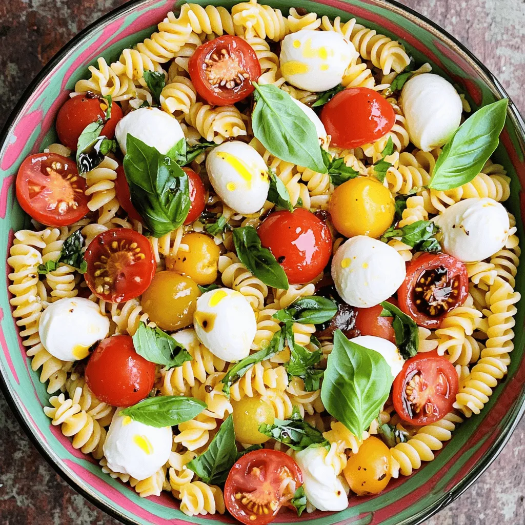 To create the best Caprese pasta salad, you need a mix of fresh and flavorful ingredients. Here’s what to gather for this vibrant dish: - Pasta Options: 8 oz of fusilli or penne work great. They hold the dressing well. - Fresh Produce: 1 cup of cherry tomatoes, halved, adds sweetness. Use 1 cup of fresh basil leaves, roughly torn, for a fragrant touch. - Cheese Choice: 1 cup of fresh mozzarella balls, halved. This cheese gives a creamy texture. - Dressing Components: Use 3 tablespoons of extra-virgin olive oil and 2 tablespoons of balsamic vinegar for a rich flavor. Add 1 clove of finely minced garlic for a punch. - Seasonings: Add salt and freshly cracked black pepper to taste. For a spicy twist, include optional ¼ teaspoon of red pepper flakes. These ingredients come together to create a dish that bursts with flavor. You can find the full recipe to make this delicious salad and impress your friends and family. To start, bring a large pot of salted water to a boil. This step is key. The salt adds flavor to the pasta. Add 8 oz of pasta, like fusilli or penne. Cook it according to the package instructions until it is al dente. This usually takes about 8 to 10 minutes. Once the pasta is cooked, drain it and rinse it under cold water. This stops the cooking and helps cool it down. Set the pasta aside to let it cool completely. Now, let’s make the dressing. In a small bowl, combine 3 tablespoons of extra-virgin olive oil and 2 tablespoons of balsamic vinegar. Next, add 1 clove of finely minced garlic, along with salt and freshly cracked black pepper to taste. If you like a little kick, add ¼ teaspoon of red pepper flakes. Whisk the mixture until it is smooth and well blended. This dressing will add a fresh and zesty taste. In a large mixing bowl, it’s time to combine everything. Add the cooled pasta, 1 cup of halved cherry tomatoes, and 1 cup of halved fresh mozzarella balls. Toss in 1 cup of roughly torn fresh basil leaves as well. Gently mix everything together. You want the ingredients to be evenly distributed for the best flavor. Next, it’s time to dress the salad. Drizzle the prepared dressing over the pasta mixture. Using a large spoon, gently toss all the ingredients together. Make sure every piece gets coated in that delicious dressing. This step is crucial for bringing all the flavors together. Finally, it’s time to adjust the seasoning. Take a taste of your salad. If you feel it needs more flavor, add extra salt, pepper, or olive oil. Let the salad sit at room temperature for about 15 minutes. For even better flavor, chill it in the fridge for up to an hour. This allows the flavors to meld beautifully. For the full recipe, check out the details above. To make your Caprese Pasta Salad shine, you need to balance acidity and seasoning. The key is the dressing. Use high-quality olive oil and balsamic vinegar for a fresh taste. The acid from the vinegar brings brightness, while the oil adds richness. Taste as you go. If the salad feels flat, add a pinch of salt or more vinegar. A little red pepper flakes can add a nice kick, too. For a stunning presentation, serve the salad in a large, colorful bowl. You can layer the ingredients for a visual treat. Place the pasta at the base, then add tomatoes and mozzarella. Top it off with fresh basil leaves. A light drizzle of balsamic glaze can enhance both the look and flavor. You want your guests to be excited to dig in! Let the salad sit for at least 15 minutes at room temperature before serving. This allows the flavors to meld beautifully. For a stronger taste, refrigerate it for up to an hour. Just remember to toss it again before you serve. This way, every bite is filled with flavor and freshness! {{image_4}} If you need a gluten-free dish, you can swap regular pasta for gluten-free pasta. Look for options made from rice, quinoa, or chickpeas. These alternatives work well and keep the salad tasty. You can also use spiralized veggies like zucchini or carrots as a fun twist. Want to make your Caprese pasta salad heartier? Add protein! Grilled chicken, shrimp, or even chickpeas can boost flavor and nutrition. If you prefer a vegetarian option, try adding black beans or cannellini beans. They bring a nice texture and pair well with the other ingredients. Feel free to get creative with your ingredients! You can swap cherry tomatoes for roasted red peppers or add cucumbers for crunch. Different cheeses work great too. Feta or goat cheese can add a tangy twist to your salad. Explore your fridge and see what fresh veggies or herbs you have on hand. Each change can give you a new flavor adventure! For more detailed guidance, check out the Full Recipe. To keep your Caprese pasta salad fresh, store it in an airtight container. This helps prevent it from drying out. If you have leftovers, don’t let them sit out too long. Place them in the fridge within two hours after serving. This keeps the salad safe and tasty. You can enjoy your leftover salad cold, which is how it shines! If you prefer warmth, gently reheat it on low heat in a pan. Add a splash of olive oil to keep it moist. Avoid using a microwave, as it can make the salad soggy and lose its fresh taste. Your Caprese pasta salad stays good in the fridge for about 3 days. After that, it may not taste as bright. If you see any signs of spoilage, like off smells or discoloration, it’s best to toss it. Enjoy your leftovers while they are still fresh! For a great Caprese Pasta Salad, I suggest using fusilli or penne. These shapes hold the dressing and flavors well. Fusilli twists grab the dressing, while penne provides a nice bite. Both options make the salad fun to eat. You can also try farfalle or rotini for variety. Yes, you can prepare this salad ahead of time. I recommend making it a few hours before serving. This allows the flavors to blend together nicely. Just keep it in the fridge until you are ready to serve. If you make it the night before, add the basil just before serving to keep it fresh. To boost the flavor, consider adding a touch of lemon juice. This adds brightness and freshness. You can also sprinkle in some red pepper flakes for a kick. Fresh herbs like oregano or parsley can give more depth. Feel free to swap in different cheeses too, like feta or goat cheese, for new tastes. Yes, Caprese Pasta Salad is quite healthy. It includes fresh veggies like tomatoes and basil, which are low in calories. The mozzarella adds protein and calcium, while olive oil offers healthy fats. Overall, it’s a well-balanced dish. Enjoy it as a light meal or side dish without guilt. For the full recipe, check out the vibrant Caprese Pasta Salad. Caprese pasta salad combines fresh flavors and textures for a delightful dish. You learned about essential ingredients, cooking methods, and tips to enhance taste. Remember to balance seasonings and chill for better flavor. Try variations with gluten-free pasta or added proteins to suit your taste. With proper storage, leftovers stay fresh and tasty. Enjoy this simple yet satisfying salad at your next gathering! Crafting it is easy and fun, and it’s sure to impress everyone.