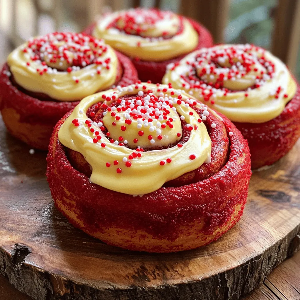 To make red velvet cinnamon rolls, you need to gather these simple items: - 2 cups all-purpose flour, plus extra for dusting - 1/2 cup granulated sugar - 2 tablespoons unsweetened cocoa powder - 2 teaspoons baking powder - 1/2 teaspoon baking soda - 1/4 teaspoon salt - 1/2 cup whole milk, warmed (not hot) - 1/2 cup sour cream - 1 large egg - 1 tablespoon red food coloring - 1/4 cup unsalted butter, melted - 1 tablespoon vanilla extract - 1/2 cup brown sugar, packed - 1 tablespoon ground cinnamon - 1/4 cup unsalted butter, softened (for filling) - 1 cup cream cheese (for frosting) - 1 cup powdered sugar (for frosting) - 2 tablespoons milk (for frosting) - 1 teaspoon vanilla extract (for frosting) The dough is the base of our rolls. Here are the key ingredients: - All-purpose flour gives structure. - Granulated sugar adds sweetness. - Cocoa powder gives a hint of chocolate flavor. - Baking powder and baking soda help the dough rise. - Salt enhances all the flavors. - Whole milk and sour cream keep the dough moist. - Red food coloring makes it bright and fun. - An egg binds everything together. The filling and frosting make these rolls truly special. You need: - Brown sugar for sweetness and depth. - Ground cinnamon for that warm, cozy flavor. - Unsalted butter (softened) creates a rich filling. - Cream cheese for a creamy frosting. - Powdered sugar sweetens the frosting. - Milk and vanilla extract add creaminess and flavor to the frosting. With these ingredients ready, you can start making your delightful red velvet cinnamon rolls. Check out the Full Recipe to get all the steps needed! To start, grab a big bowl. Whisk together the flour, sugar, cocoa powder, baking powder, baking soda, and salt. Mix until all the dry stuff is combined. In another bowl, mix the warm milk, sour cream, egg, red food coloring, melted butter, and vanilla extract. Stir this until it is smooth. Now, slowly add the wet mix to the dry ingredients. Stir gently until a soft and sticky dough forms. If it feels too sticky, add a little flour to help. Next, transfer your dough to a floured surface. Knead it gently for about 2-3 minutes. You want it to feel smooth and soft. Roll the dough out into a rectangle, about 1/4 inch thick. Make sure the thickness is even throughout. Spread the softened butter evenly over the dough. Then, sprinkle the brown sugar and ground cinnamon over the butter. This creates a sweet filling that makes the rolls tasty. Now, take one long edge of the dough and roll it up tightly like a log. Pinch the seam to seal it well. Next, use a sharp knife or some dental floss to cut the log into 12 equal slices. Place the slices in a greased baking dish. Make sure to leave some space between each roll. Cover them with a clean kitchen towel. Let the rolls rise in a warm place for about 30 minutes until they double in size. While they rise, preheat your oven to 350°F (175°C). Once they have risen, bake the rolls for 25-30 minutes. You want them golden brown. A toothpick should come out clean when tested in the center. While the rolls bake, prepare the cream cheese frosting. In a bowl, mix the cream cheese, powdered sugar, milk, and vanilla extract. Beat until it is creamy and smooth. After baking, let the rolls cool for a few minutes. Drizzle the creamy frosting over them while they are still warm. Enjoy your delightful Red Velvet Cinnamon Rolls! To get the best dough, start with the right flour. Use all-purpose flour for a soft texture. When mixing, add the wet ingredients slowly. This helps to control the stickiness. If your dough feels too wet, sprinkle in a bit of flour. Knead it gently until it’s smooth and elastic. Aim for a soft dough that springs back when poked. This key step ensures your rolls are fluffy and light. For even baking, make sure the rolls are spaced apart in the pan. This allows hot air to flow around each roll. Preheat your oven fully before putting the rolls inside. An oven thermometer can help check the right temperature. Rotate the pan halfway through baking for uniform heat. Keep an eye on them; golden brown is your goal. A toothpick inserted in the center should come out clean. For a smooth frosting, use softened cream cheese. Mix it well with powdered sugar and milk. This helps to avoid lumps. When drizzling, do it while the rolls are warm. The heat will help the frosting melt into every crevice. If you want it thicker, add more powdered sugar. For a fun twist, try adding a splash of vanilla or a pinch of salt to enhance the flavor. {{image_4}} You can easily add nuts to your red velvet cinnamon rolls. Chopped pecans or walnuts work best. To do this, sprinkle about 1/2 cup of nuts on the filling before rolling the dough. This adds a nice crunch and flavor. The nuts pair well with the sweet cream cheese frosting. You can enjoy a delightful texture contrast in every bite. For a gluten-free version, use a gluten-free flour blend. Ensure it has a good binding agent, like xanthan gum. Follow the same steps in the recipe. You may need to adjust the liquid amounts slightly for the right dough consistency. Gluten-free rolls can still rise and taste amazing. Trust me, they will be just as soft and delicious! To make vegan red velvet cinnamon rolls, swap out the dairy and egg. Use almond milk or soy milk instead of whole milk. Replace the sour cream with a non-dairy yogurt. For the egg, try using a flax egg. Mix 1 tablespoon of ground flaxseed with 2.5 tablespoons of water. Let it sit for a few minutes to thicken. These changes make your rolls vegan-friendly without losing flavor. Enjoy the same rich taste while being kind to animals! For the full recipe, check the link provided. Store leftover red velvet cinnamon rolls in an airtight container. Keep them at room temperature for up to two days. If you want them to last longer, place them in the fridge. They will stay fresh for up to a week. Make sure to let them cool completely before storing. This helps prevent sogginess. You can freeze your red velvet cinnamon rolls for later enjoyment. Once they cool, wrap each roll tightly in plastic wrap. Then, place them in a freezer bag. They can last for up to three months in the freezer. When you are ready to eat, simply thaw them in the fridge overnight. To reheat your cinnamon rolls, preheat the oven to 350°F (175°C). Place the rolls on a baking sheet. Cover them loosely with foil to keep them moist. Heat for about 10-15 minutes or until warm. If desired, you can add a bit of frosting after reheating. This makes them taste fresh and delicious again. For a quicker option, you can use the microwave. Heat each roll for about 15-20 seconds. Enjoy the warmth! Yes, you can prepare the rolls the night before. After cutting the rolls, place them in a greased dish. Cover with plastic wrap and refrigerate. In the morning, let them sit at room temperature for about 30 minutes before baking. This helps them rise. You will enjoy fresh rolls in no time! If you don't have sour cream, you can use plain yogurt. Buttermilk is another good choice. Both will give moisture and a slight tang. You can also mix cream cheese with milk for a similar effect. Each option will work well in this recipe. Check the rolls for a golden brown color. Insert a toothpick into the center of a roll. If it comes out clean, they are done. The rolls should feel soft to the touch. If they are firm or hard, they may need more time in the oven. Be sure to watch them closely! In this article, we explored the key ingredients for red velvet cinnamon rolls, from dough to frosting. We walked through step-by-step instructions for preparing and baking them, plus tips for a perfect finish. Variations like gluten-free and vegan options ensure everyone can enjoy these treats. Remember to store leftovers properly and reheat them for the best taste. Making these rolls is fun and rewarding, and they impress any crowd! Enjoy the delicious journey of baking your own red velvet cinnamon rolls.