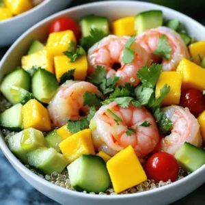 - 1 lb large shrimp, peeled and deveined - 2 ripe avocados, diced - 1 ripe mango, diced - 1 cup cherry tomatoes, halved - 1 cucumber, diced - 1/4 cup red onion, finely chopped - 1/4 cup fresh cilantro, chopped - 2 tablespoons olive oil, divided - Juice of 2 limes, divided - 1 teaspoon honey - Salt and pepper to taste When I create Shrimp Avocado Mango Bowls, I focus on fresh ingredients. Large shrimp add a juicy protein to the dish. I peel and devein them to ensure a clean bite. Ripe avocados bring a creamy texture, while ripe mangoes add a sweet touch. These flavors blend well together. I also include additional ingredients. Cherry tomatoes add a burst of color and taste. Cucumbers offer a crunchy contrast. Red onion gives a slight bite, and fresh cilantro adds a herbal note. These ingredients make the dish bright and fresh. For dressings and seasonings, I keep it simple. Olive oil adds richness, while lime juice brings acidity. Honey balances the flavors with sweetness. Finally, a sprinkle of salt and pepper enhances everything. You can find the Full Recipe for these delicious bowls and follow the steps to make them at home. To start, you need to marinate the shrimp. In a medium bowl, mix 1 tablespoon of olive oil and half of the lime juice. Add the shrimp, salt, and pepper. Toss everything well. Let the shrimp sit for about 15 minutes. This helps the shrimp soak up all the good flavors. Next, it’s time to cook the shrimp. Heat a skillet over medium-high heat. Once hot, lay the marinated shrimp in a single layer. Cook for 2-3 minutes on each side. You want them to turn pink and opaque. When done, take the shrimp off the heat and let them cool a bit. Now, let's prepare the other bowl ingredients. In a large mixing bowl, combine the diced avocados, mango, halved cherry tomatoes, diced cucumber, finely chopped red onion, and fresh cilantro. This mix brings freshness and color to your bowl. Drizzle the remaining 1 tablespoon of olive oil and the rest of the lime juice over the produce. Add the honey for a hint of sweetness. Gently toss everything together. Be careful not to mash the avocados; we want them to stay nice and chunky. Now it’s time to build your shrimp avocado mango bowls. If you want a heartier meal, start with a scoop of cooked quinoa or rice at the bottom of each bowl. This will be your base. Layer the avocado-mango mixture on top of the quinoa or rice. Then, add a generous portion of the cooked shrimp. For presentation, serve in clear glass bowls. This way, you can show off the bright colors of all the ingredients. To finish, sprinkle with extra cilantro, a squeeze of lime juice, and an optional pinch of salt and pepper. This makes your dish look and taste even better. For the full recipe, check out the [Full Recipe]. To boost flavor in your shrimp avocado mango bowls, focus on fresh herbs. Fresh cilantro adds a bright note. You can also try fresh mint or basil for a twist. A sprinkle of red pepper flakes gives heat. For sweetness, add more honey or even a splash of orange juice. For perfectly cooked shrimp, look for a pink and opaque color. Overcooking makes them rubbery. Cook shrimp for about 2-3 minutes on each side. When choosing ripe avocados, look for a slight give when pressed. For mangoes, they should smell sweet and feel slightly soft. If they are hard, let them ripen at room temperature. Pair these bowls with a light salad or crusty bread. A side of grilled vegetables complements the meal well. For visual appeal, serve in clear bowls. This showcases the vibrant colors of the ingredients. Add a lime wedge on the side for a pop of freshness. For a finishing touch, sprinkle more cilantro on top. {{image_4}} You can use chicken or tofu instead of shrimp. Both options work well. Chicken adds a nice flavor and texture. Just cook it until fully done. Tofu is a great vegan choice. Press and cube it, then sauté until golden. Both options will give your bowl a tasty twist. Feel free to swap different fruits and vegetables. Pineapple or peaches can add sweetness. You can also use bell peppers for crunch. If you need gluten-free options, replace quinoa or rice with cauliflower rice. This keeps your bowl light and fresh while providing a nice base. Experiment with different dressings or sauces. A zesty vinaigrette can brighten up the flavors. You might also try a creamy dressing for richness. Want some heat? Add chopped jalapeños or a dash of hot sauce. These tweaks will keep your shrimp avocado mango bowls exciting every time you make them. For the full recipe, check out the recipe section. To store leftovers, place them in airtight containers. This helps keep the flavors fresh. The shrimp avocado mango bowls can last for up to two days in the fridge. Keep the shrimp separate from the avocado and mango to prevent browning. Store them in a cool section of your fridge. This helps maintain their texture and taste. You can freeze cooked shrimp but not avocado or mango. When freezing shrimp, place them in a freezer-safe bag. Remove as much air as possible before sealing. For thawing, move the shrimp to the fridge overnight. You can also thaw them in cold water. This makes them safe to eat and keeps their taste intact. The shrimp avocado mango bowls stay fresh for about two days in the fridge. Look for signs of spoilage like a sour smell or discoloration. If the shrimp looks slimy or the avocado turns brown, it’s time to toss it out. Always trust your senses when checking for freshness. Enjoy this dish at its best! For specific preparation, check the Full Recipe for detailed steps. Yes, you can prep this recipe ahead. I suggest making the shrimp and the toppings in advance. Store the shrimp in the fridge for up to two days. Keep the avocado and mango mixture in an airtight container. This way, they stay fresh. Just mix them before serving. If you want to make it even easier, cook the quinoa or rice ahead too. If you want to switch things up, try chicken or tofu. Both options work great. For a seafood twist, you can use scallops or crab. Each protein adds a unique flavor. You can also play with spices to match your taste. Yes, this dish is gluten-free and dairy-free. If you want a vegan option, use tofu instead of shrimp. You can also skip the honey for a completely plant-based bowl. Always check the ingredients to be sure they meet your dietary needs. Look for avocados that yield to gentle pressure. They should feel soft but not too mushy. For mangoes, choose ones that smell sweet at the stem. They should also slightly give when you press them. Both fruits should have vibrant colors and smooth skin. These bowls pair well with a light salad or warm rice. You might enjoy a side of tortilla chips and salsa for crunch. For a touch of spice, serve with jalapeños. You can also add grilled veggies for more flavor. Check out the Full Recipe for more ideas! This blog post shares how to make tasty shrimp avocado mango bowls. We covered key ingredients like shrimp, avocados, and mangoes, plus helpful tips for cooking and serving. I shared ideas for variations, swaps, and even tips for storage. In summary, you can create a delicious meal that suits many tastes. Try different ingredients and dressings to make it your own. Enjoy your cooking adventure!