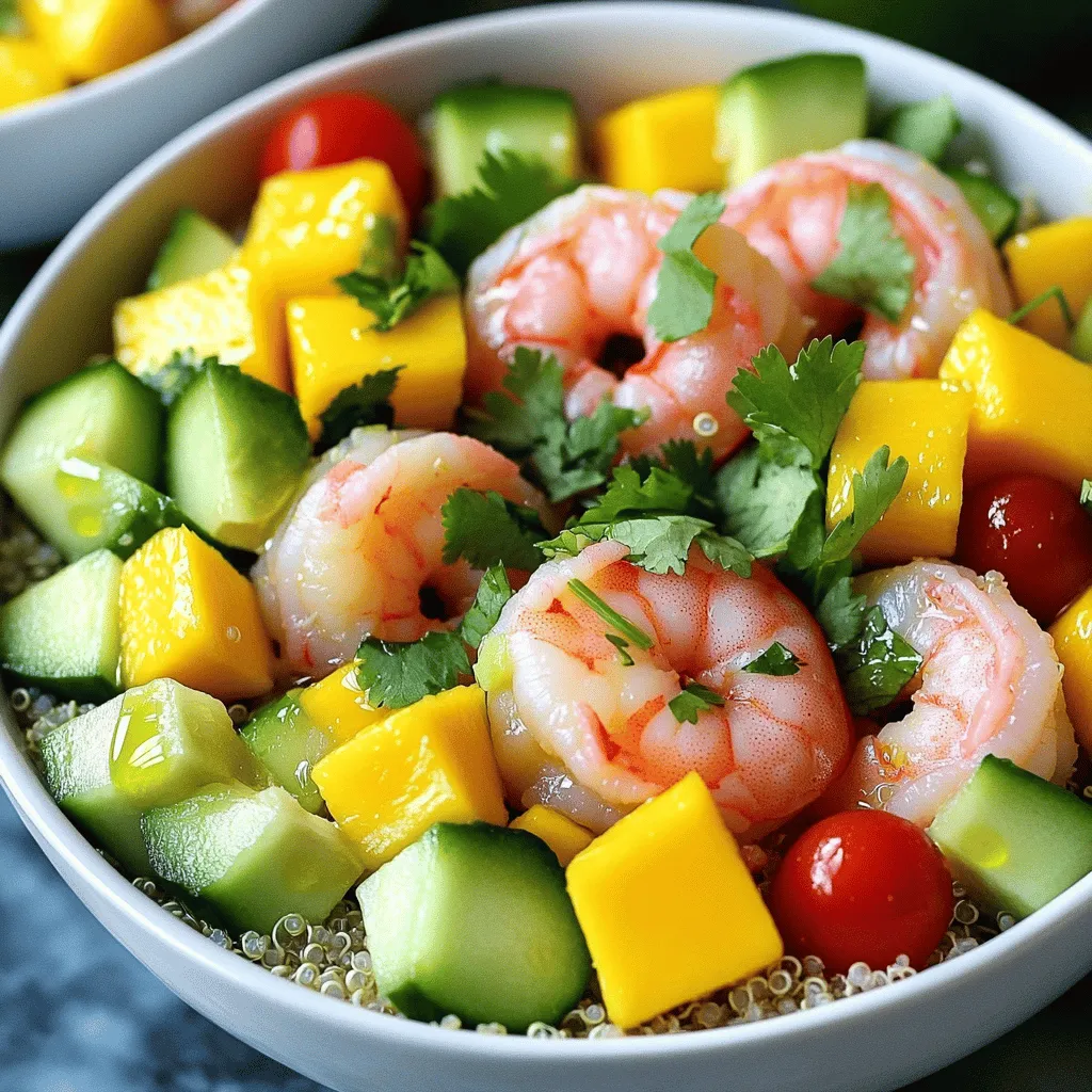 - 1 lb large shrimp, peeled and deveined - 2 ripe avocados, diced - 1 ripe mango, diced - 1 cup cherry tomatoes, halved - 1 cucumber, diced - 1/4 cup red onion, finely chopped - 1/4 cup fresh cilantro, chopped - 2 tablespoons olive oil, divided - Juice of 2 limes, divided - 1 teaspoon honey - Salt and pepper to taste When I create Shrimp Avocado Mango Bowls, I focus on fresh ingredients. Large shrimp add a juicy protein to the dish. I peel and devein them to ensure a clean bite. Ripe avocados bring a creamy texture, while ripe mangoes add a sweet touch. These flavors blend well together. I also include additional ingredients. Cherry tomatoes add a burst of color and taste. Cucumbers offer a crunchy contrast. Red onion gives a slight bite, and fresh cilantro adds a herbal note. These ingredients make the dish bright and fresh. For dressings and seasonings, I keep it simple. Olive oil adds richness, while lime juice brings acidity. Honey balances the flavors with sweetness. Finally, a sprinkle of salt and pepper enhances everything. You can find the Full Recipe for these delicious bowls and follow the steps to make them at home. To start, you need to marinate the shrimp. In a medium bowl, mix 1 tablespoon of olive oil and half of the lime juice. Add the shrimp, salt, and pepper. Toss everything well. Let the shrimp sit for about 15 minutes. This helps the shrimp soak up all the good flavors. Next, it’s time to cook the shrimp. Heat a skillet over medium-high heat. Once hot, lay the marinated shrimp in a single layer. Cook for 2-3 minutes on each side. You want them to turn pink and opaque. When done, take the shrimp off the heat and let them cool a bit. Now, let's prepare the other bowl ingredients. In a large mixing bowl, combine the diced avocados, mango, halved cherry tomatoes, diced cucumber, finely chopped red onion, and fresh cilantro. This mix brings freshness and color to your bowl. Drizzle the remaining 1 tablespoon of olive oil and the rest of the lime juice over the produce. Add the honey for a hint of sweetness. Gently toss everything together. Be careful not to mash the avocados; we want them to stay nice and chunky. Now it’s time to build your shrimp avocado mango bowls. If you want a heartier meal, start with a scoop of cooked quinoa or rice at the bottom of each bowl. This will be your base. Layer the avocado-mango mixture on top of the quinoa or rice. Then, add a generous portion of the cooked shrimp. For presentation, serve in clear glass bowls. This way, you can show off the bright colors of all the ingredients. To finish, sprinkle with extra cilantro, a squeeze of lime juice, and an optional pinch of salt and pepper. This makes your dish look and taste even better. For the full recipe, check out the [Full Recipe]. To boost flavor in your shrimp avocado mango bowls, focus on fresh herbs. Fresh cilantro adds a bright note. You can also try fresh mint or basil for a twist. A sprinkle of red pepper flakes gives heat. For sweetness, add more honey or even a splash of orange juice. For perfectly cooked shrimp, look for a pink and opaque color. Overcooking makes them rubbery. Cook shrimp for about 2-3 minutes on each side. When choosing ripe avocados, look for a slight give when pressed. For mangoes, they should smell sweet and feel slightly soft. If they are hard, let them ripen at room temperature. Pair these bowls with a light salad or crusty bread. A side of grilled vegetables complements the meal well. For visual appeal, serve in clear bowls. This showcases the vibrant colors of the ingredients. Add a lime wedge on the side for a pop of freshness. For a finishing touch, sprinkle more cilantro on top. {{image_4}} You can use chicken or tofu instead of shrimp. Both options work well. Chicken adds a nice flavor and texture. Just cook it until fully done. Tofu is a great vegan choice. Press and cube it, then sauté until golden. Both options will give your bowl a tasty twist. Feel free to swap different fruits and vegetables. Pineapple or peaches can add sweetness. You can also use bell peppers for crunch. If you need gluten-free options, replace quinoa or rice with cauliflower rice. This keeps your bowl light and fresh while providing a nice base. Experiment with different dressings or sauces. A zesty vinaigrette can brighten up the flavors. You might also try a creamy dressing for richness. Want some heat? Add chopped jalapeños or a dash of hot sauce. These tweaks will keep your shrimp avocado mango bowls exciting every time you make them. For the full recipe, check out the recipe section. To store leftovers, place them in airtight containers. This helps keep the flavors fresh. The shrimp avocado mango bowls can last for up to two days in the fridge. Keep the shrimp separate from the avocado and mango to prevent browning. Store them in a cool section of your fridge. This helps maintain their texture and taste. You can freeze cooked shrimp but not avocado or mango. When freezing shrimp, place them in a freezer-safe bag. Remove as much air as possible before sealing. For thawing, move the shrimp to the fridge overnight. You can also thaw them in cold water. This makes them safe to eat and keeps their taste intact. The shrimp avocado mango bowls stay fresh for about two days in the fridge. Look for signs of spoilage like a sour smell or discoloration. If the shrimp looks slimy or the avocado turns brown, it’s time to toss it out. Always trust your senses when checking for freshness. Enjoy this dish at its best! For specific preparation, check the Full Recipe for detailed steps. Yes, you can prep this recipe ahead. I suggest making the shrimp and the toppings in advance. Store the shrimp in the fridge for up to two days. Keep the avocado and mango mixture in an airtight container. This way, they stay fresh. Just mix them before serving. If you want to make it even easier, cook the quinoa or rice ahead too. If you want to switch things up, try chicken or tofu. Both options work great. For a seafood twist, you can use scallops or crab. Each protein adds a unique flavor. You can also play with spices to match your taste. Yes, this dish is gluten-free and dairy-free. If you want a vegan option, use tofu instead of shrimp. You can also skip the honey for a completely plant-based bowl. Always check the ingredients to be sure they meet your dietary needs. Look for avocados that yield to gentle pressure. They should feel soft but not too mushy. For mangoes, choose ones that smell sweet at the stem. They should also slightly give when you press them. Both fruits should have vibrant colors and smooth skin. These bowls pair well with a light salad or warm rice. You might enjoy a side of tortilla chips and salsa for crunch. For a touch of spice, serve with jalapeños. You can also add grilled veggies for more flavor. Check out the Full Recipe for more ideas! This blog post shares how to make tasty shrimp avocado mango bowls. We covered key ingredients like shrimp, avocados, and mangoes, plus helpful tips for cooking and serving. I shared ideas for variations, swaps, and even tips for storage. In summary, you can create a delicious meal that suits many tastes. Try different ingredients and dressings to make it your own. Enjoy your cooking adventure!