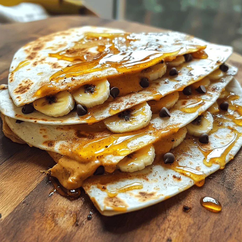 - 2 large flour tortillas - 1/2 cup creamy peanut butter - 1 ripe banana, thinly sliced - 1 tablespoon honey - 1/4 teaspoon ground cinnamon - 1/4 cup mini chocolate chips (optional) - Fresh fruits (strawberries, berries) - Nut butters (almond or cashew) - Seeds (chia or flaxseeds) - Non-stick skillet - Spatula - Measuring cups and spoons You need simple ingredients for this tasty treat. The main stars are tortillas and peanut butter. You can use creamy or chunky peanut butter based on your taste. Slicing a ripe banana brings sweetness and texture. Honey adds a nice touch of sweetness, while ground cinnamon gives warmth. If you want a little extra fun, toss in mini chocolate chips! You can also customize your quesadilla with suggested add-ins. Fresh fruits like strawberries or berries add color and freshness. Different nut butters, such as almond or cashew, can switch up the flavor. Seeds like chia or flaxseeds add crunch and nutrition. For tools, you only need a non-stick skillet and a spatula. Measuring cups and spoons make sure you get the right amounts. This recipe is not just easy, but it can also be a fun project for kids. They can help spread peanut butter and layer on the bananas. Making this dish together can create special moments in the kitchen. Check out the Full Recipe for all the details and step-by-step instructions to make your peanut butter quesadilla. 1. Preheat your skillet over medium heat. This step is key to a great quesadilla. 2. Take one large tortilla and spread 1/4 cup of creamy peanut butter on it. Make sure to cover it well. Repeat this with the second tortilla. 1. On the first tortilla, layer thin slices of ripe banana evenly. This gives a nice sweet taste. 2. Drizzle 1 tablespoon of honey over the banana slices. 3. Sprinkle 1/4 teaspoon of ground cinnamon on top. If you want more flavor, add 1/4 cup of mini chocolate chips. 4. Place the second tortilla on top, peanut butter side down. 1. Lightly coat your hot skillet with cooking spray or butter. This helps the quesadilla not stick. 2. Carefully place the quesadilla in the skillet. Cook for 3-4 minutes until the bottom is golden brown and crispy. 3. Using a spatula, gently flip the quesadilla over. Cook for another 3-4 minutes to brown the other side. 4. Once done, take the quesadilla off the heat. Let it sit for a minute before slicing into wedges. This simple recipe can be found in the Full Recipe section. Enjoy your tasty treat! To make the best peanut butter quesadilla, focus on even cooking. Always preheat your skillet to medium heat. This helps create a nice golden crust. Avoid high heat, as it can burn the outside while leaving the inside cold. Cook your quesadilla for about 3-4 minutes on each side. Flip gently to keep the filling intact. Before you serve, drizzle honey on top. A sprinkle of cinnamon adds flavor and a nice touch. You can also serve it with fresh fruit, like sliced strawberries or apples. Yogurt on the side makes a great dip. It adds creaminess and balances the sweetness of the quesadilla. You can adjust the recipe to fit your diet. If you need a nut-free option, use sunflower seed butter. For a vegan twist, swap honey with agave syrup. Get creative with flavors! Add a pinch of nutmeg or chili powder for a fun kick. You could also try different spreads, like almond or cashew butter, to mix things up. {{image_4}} If you want a nut-free quesadilla, try using sunflower seed butter. This tasty spread gives a similar nutty flavor. You can also use yogurt as a base. Creamy yogurt spreads easily and adds a cooling touch. Both options keep your quesadilla delicious without nuts. To make a vegan quesadilla, substitute honey with maple syrup or agave. These plant-based sweeteners taste great and work well. For tortillas, choose ones made with no animal products. Many stores sell vegan-friendly tortillas, making it easy to enjoy this dish. Want to turn your quesadilla into a sweet treat? Add toppings like marshmallows or caramel. You can layer these on top of the bananas. The warm quesadilla melts the marshmallows and caramel, creating a gooey delight. This variation makes a fantastic dessert choice! To keep your peanut butter quesadilla fresh, store it in an airtight container. Place parchment paper between layers if you stack them. This prevents sticking. Make sure it cools completely before sealing. You can keep it in the fridge for about three days. When reheating, use a skillet over medium heat. This keeps the quesadilla crispy. Heat it for about 2-3 minutes on each side. You can also use an air fryer if you have one. Set it to 350°F and heat for about 5 minutes. This method helps maintain a nice texture. Fresh quesadillas taste best right after cooking. The warm peanut butter and melted chocolate chips are heavenly. However, stored quesadillas are still tasty. They make a quick snack or easy breakfast. If you're in a hurry, grab a reheated slice, and enjoy! You can serve peanut butter quesadillas with many tasty sides. Try fresh fruit like apple slices or berries. You can also serve them with yogurt for dipping. A drizzle of extra honey adds a sweet touch. If you want a fun twist, try chocolate or caramel sauce. These options pair well and make your meal even better. Yes, you can prepare peanut butter quesadillas in advance. Make them and store them in the fridge for up to a day. When you’re ready to eat, just reheat them in a skillet. Heat them on medium for a few minutes on each side. This keeps them warm and crispy. Absolutely! Peanut butter quesadillas are great for kids. They are easy to hold and fun to eat. Kids love the sweet banana and chocolate flavors. You can let them help with the assembly too. This makes cooking a fun family activity. For a detailed guide on how to make this tasty treat, check out the Peanut Butter Quesadilla Delight recipe. It includes all the ingredients and step-by-step instructions. Peanut butter quesadillas are simple and fun to make. You learned the main ingredients, how to prepare, and ways to customize your dish. This tasty treat offers many options for add-ins and variations for all diets. Store leftovers properly to enjoy them later. Make sure to serve with fun sides. Overall, these quesadillas are a delightful snack or meal for everyone, especially kids. Try them today, and let your taste buds enjoy the magic of peanut butter!