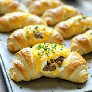 - 1 package (8 oz) crescent roll dough - 1 lb breakfast sausage (bulk or pre-formed patties) - 1 cup shredded sharp cheddar cheese - 1/4 cup cream cheese, softened - 1 tablespoon fresh chives, finely chopped - Salt and freshly ground black pepper, to taste - 1 egg, beaten (for egg wash) To make these breakfast sausage crescent rolls, you need simple ingredients. The crescent roll dough serves as a delicious base. The breakfast sausage brings hearty flavor. You can choose bulk sausage or pre-formed patties. Next, we add cheese. Sharp cheddar cheese gives a nice bite. Cream cheese adds creaminess. Chives bring a fresh taste. Don't forget salt and pepper to enhance the flavors. The beaten egg is for the egg wash. It makes the rolls shiny and golden. This is an easy recipe, but the taste is amazing. You can find the full recipe to make these rolls. Enjoy your cooking! - Preheat the oven to 375°F (190°C). - Prepare a baking sheet with parchment paper. This step is easy and very important. Preheating helps the rolls bake evenly. The parchment paper keeps them from sticking. - Cook the breakfast sausage in medium heat. - Drain excess fat. Start by heating a skillet. Add the sausage, breaking it into small pieces. Cook it until it is brown and no longer pink. Drain the fat to keep your rolls light and tasty. - Combine cooked sausage, cheddar cheese, cream cheese, and chives. - Season with salt and pepper. In a large bowl, mix the cooked sausage with cheese and cream cheese. The chives add a fresh flavor. Season well with salt and pepper. This filling is the heart of your rolls. - Open and separate the crescent roll dough. - Place filling and roll the triangles. Carefully open your dough package. You will see triangles. Place a spoonful of filling at the wide end. Roll it up tightly to form a crescent shape. Place the rolls on your baking sheet with the tip down. - Brush with beaten egg for finish. - Bake for 12-15 minutes until golden. Use a pastry brush to coat the tops with beaten egg. This makes them shiny and golden. Bake in the oven for 12-15 minutes. Watch them closely so they don't over-bake. Enjoy the smell as they cook! For the full recipe, check the earlier section. - Avoid overstuffing the crescent rolls. It’s tempting to add more filling, but this can make them spill out during baking. A generous spoonful at the wide end works best. - Use parchment paper for easy cleanup. It keeps your baking sheet clean and prevents sticking. You’ll thank yourself later when it’s time to clean up! - Serve with spicy mustard or ranch dressing. These dips add a kick and pair well with the savory rolls. - Garnish with additional chives for presentation. Chopped chives add color and a fresh taste, making your dish look gourmet. - Prepare the filling the night before. This saves you time in the morning and lets the flavors meld together. Just mix the ingredients and store them in the fridge. - Store unbaked rolls in the fridge for easier morning prep. You can assemble them the night before, then bake when you’re ready. This makes your breakfast quick and simple! For the full recipe, check out the details above. {{image_4}} You can easily change the cheese in these rolls. Try using pepper jack for a spicy kick or mozzarella for a milder flavor. If you want a healthier option, swap the breakfast sausage with turkey sausage or even a vegetarian sausage. Each choice brings a different taste that can surprise you! To make your rolls even better, think about adding cooked bacon or chopped bell peppers to the filling. These simple additions give more flavor and texture. You can also mix in spices like garlic powder or onion powder. Just a pinch can bring your rolls to life and impress your guests. If you want smaller bites, create mini rolls. They work great for appetizers or snacks at parties. You can also make the rolls smaller for kids. Adjusting the size helps make these treats perfect for everyone at your table. You can find the full recipe to get started on your Breakfast Sausage Crescent Rolls! To keep your breakfast sausage crescent rolls fresh, store them in an airtight container in the fridge. This method helps maintain their flavor and texture. Consume the leftovers within 2-3 days for the best quality. After that, the rolls may lose their taste and become dry. When you're ready to enjoy the rolls again, reheat them in the oven at 350°F until warmed through. This method helps keep them crispy and delicious. You can also use a microwave, but this may make the rolls a bit soft. If you want to make these rolls ahead of time, freeze them unbaked for later use. To prepare, thaw the rolls in the refrigerator before baking. This way, you can enjoy fresh, hot rolls any time! For the full recipe, check the main article. These rolls take about 30 minutes total. You need 15 minutes for prep and 12-15 minutes for cooking. This quick time makes them perfect for busy mornings. Yes, you can use turkey sausage or even vegetarian sausage. Both options work well in this recipe. They add flavor while keeping it a bit lighter. These rolls taste great with dipping sauces. Try serving them with mustard or ranch dressing. The sauce adds a fun twist to each bite. Yes, you can prepare the filling the night before. Just bake the rolls in the morning for a fresh, warm breakfast. This trick saves time during busy days. Definitely! You can store leftovers in the fridge. Just eat them within a few days for the best taste. They make a great snack or quick meal. Absolutely! The steps are simple, and the ingredients are few. Even new cooks can follow along and enjoy making these tasty rolls. You learned how to make delicious Breakfast Sausage Crescent Rolls. Start with simple ingredients like crescent dough and sausage. Follow the step-by-step instructions to create a tasty treat. Remember, you can customize it with different cheeses or add some veggies. Store your leftovers properly for maximum flavor. This easy recipe suits any skill level and is great for quick meals. Enjoy making these rolls and sharing them with others!