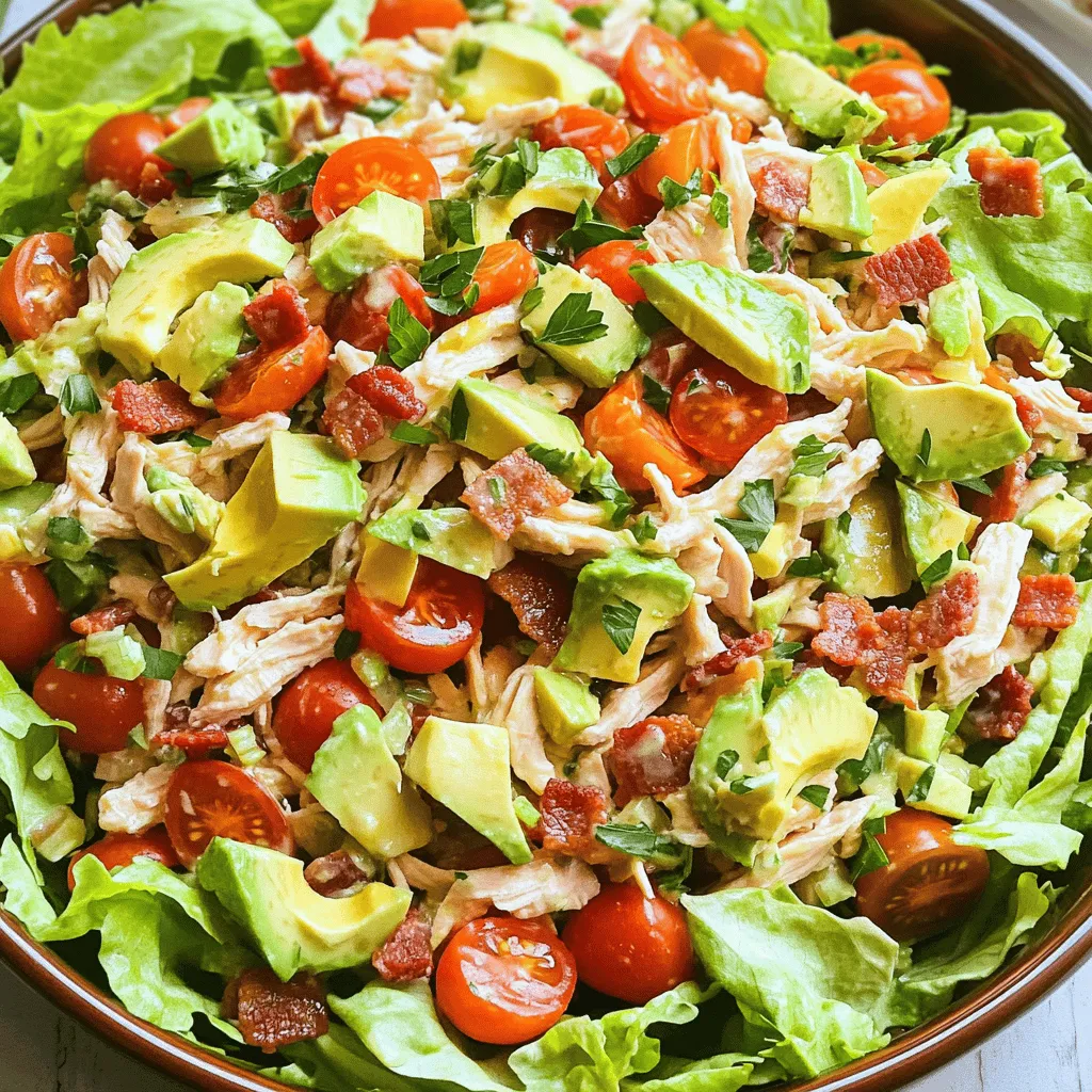 - 2 cups cooked chicken, shredded or diced - 4 strips of crispy turkey bacon, chopped - 1 large ripe tomato, diced - 1 ripe avocado, diced - 1/4 cup red onion, finely chopped - 1 cup fresh romaine lettuce, chopped - 1/4 cup creamy mayonnaise - 2 tablespoons tangy Greek yogurt - 1 tablespoon smooth Dijon mustard - 1 tablespoon freshly squeezed lemon juice - Salt and black pepper, to taste - Fresh parsley, finely chopped (for garnish) The BLT Chicken Salad uses fresh and simple ingredients. You can switch up the proteins or veggies as you like. For the dressing, I blend creamy mayonnaise with Greek yogurt. This mix gives a rich taste while adding some tang. I love using ripe avocados for creaminess. They add healthy fats and flavor. The crispy turkey bacon adds crunch and a savory touch. You can use any cooked chicken, but I prefer grilled for its smoky taste. When you chop the fresh romaine lettuce, keep it crisp. This salad feels light but filling. The diced tomato adds sweetness and juiciness to the mix. You can find the full list of ingredients in the Full Recipe section. Don't forget the final touch of fresh parsley. It brightens the salad and adds a nice pop of color. - Combine mayonnaise, Greek yogurt, Dijon mustard, lemon juice, salt, and pepper. - Whisk until smooth and well-combined. Making the dressing is fun and easy. I love using creamy mayonnaise with tangy Greek yogurt. The Dijon mustard adds a nice kick. Squeeze fresh lemon juice for brightness. Season with salt and pepper to taste. Whisk it all together until you get a smooth, creamy texture. - Add cooked chicken, turkey bacon, tomato, avocado, and red onion to the dressing. - Gently fold until combined. Now, it's time to mix the salad. Take your shredded chicken and crispy turkey bacon. Toss them into the bowl with the dressing. Next, add the diced tomato, creamy avocado, and finely chopped red onion. Gently fold everything together. You want each piece to be coated without mashing the avocado. - Incorporate romaine lettuce carefully. - Adjust seasoning if necessary. - Serve immediately or chill for enhanced flavors. For the final touch, add the fresh romaine lettuce. Fold it in carefully to keep it crisp. Take a moment to taste your salad. Adjust the seasoning with more salt and pepper if needed. You can serve it right away for a fresh meal. If you chill it for about 30 minutes, the flavors will blend nicely. Enjoy this simple yet delightful dish! For the full recipe, check the full recipe section. - Try different types of mustard for a unique taste. - Add garlic for extra zing that wakes up your salad. - Chopped herbs like basil or cilantro bring freshness to each bite. - Use decorative bowls or individual cups to serve. - Garnish with fresh parsley for a pop of color and taste. - Pair your salad with whole-grain crackers for a crunch. - Serve with crusty bread for a satisfying light lunch. - This salad is also great for picnics or casual gatherings. For the full experience, check out the Full Recipe to create this delightful dish! {{image_4}} You can switch up the main protein to keep things fresh. - Use grilled shrimp or diced ham instead of chicken. - Try swapping turkey bacon with vegetarian bacon for a meat-free version. These changes can bring new flavors and textures to your salad. If you like seafood, shrimp adds a nice touch. Diced ham works well for a heartier option. And if you want a plant-based meal, vegetarian bacon gives that smoky flavor without meat. Boost the crunch factor in your salad by adding more veggies. - Incorporate diced cucumber, bell peppers, or radishes for extra crunch. - Add corn or black beans for a Southwestern twist. These additions not only add crunch but also bright colors. Diced cucumber is refreshing, while bell peppers add sweetness. Radishes give a spicy bite, and corn or black beans can enhance the flavor profile in a fun way. You can easily adapt this recipe to fit different diets. - Substitute mayonnaise with a vegan alternative for a plant-based version. - Incorporate gluten-free ingredients if needed. Using a vegan mayo keeps the salad creamy without eggs. If you're looking for gluten-free options, make sure to check labels on all ingredients. This way, everyone can enjoy the BLT Chicken Salad, no matter their diet. For the full recipe, check the earlier section! Store leftovers in an airtight container in the refrigerator. This keeps your salad fresh. If you want to save it longer, keep the dressing separate. This helps to prevent sogginess. The salad tastes best within 2-3 days. After that, it may lose flavor and crunch. Avoid freezing your salad. Freezing can change the texture, making it less enjoyable. If you need to serve it again, let the salad sit at room temperature for a bit. This helps bring back some of its original flavor and texture. Enjoy your meal as fresh as possible! You can make this salad healthier by swapping mayonnaise with Greek yogurt. This change lowers fat and adds protein. You could also try a lighter dressing. Look for options that have fewer calories and more flavor. Yes, you can make this salad ahead of time. However, keep the lettuce separate until just before serving. This way, it stays crisp and fresh. Mix everything else together and chill it for later. This salad pairs well with several sides. You can serve it with a fresh fruit salad. Crispy chips or crusty bread also make great options. These sides add variety and make the meal more filling. Absolutely! You can replace the chicken with chickpeas or tofu. For the bacon, use a vegetarian alternative. This way, you keep the flavors while making it meat-free. Enjoy the same great taste without the meat! For the full recipe, check out the BLT Chicken Salad Delight section above. This blog post covers a tasty BLT Chicken Salad. We explored the main ingredients, dressing, and step-by-step instructions. You learned tips to enhance flavors and ways to serve your meal. We also discussed helpful variations and storage advice. In conclusion, this salad is versatile and easy. Feel free to customize it to fit your tastes. Enjoy a fresh, light dish that pleases everyone. You can make it your own and serve it anytime!