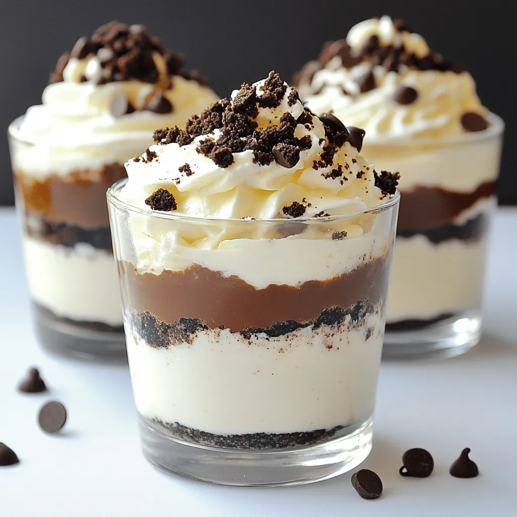 - Oreos - Cream Cheese - Powdered Sugar - Vanilla Extract - Whipped Cream - Mini Chocolate Chips - Additional Oreos (for topping) Gathering these ingredients is the first step to making your Oreo dessert cups. Each item plays an important role in creating that perfect blend of flavors and textures. - Oreos: The star of this dessert! Use them for both the base and the topping. - Cream Cheese: This adds richness and creaminess. Make sure it’s at room temperature for easy mixing. - Powdered Sugar: It sweetens the filling just right without adding graininess. - Vanilla Extract: This enhances the overall flavor. A little goes a long way! - Whipped Cream: Use it to lighten the dessert. You can use store-bought or make your own. - Mini Chocolate Chips: These add a fun crunch and extra chocolate flavor. - Additional Oreos: Crumble them for a visually appealing topping. - Mixing Bowls - Hand Mixer or Spatula - Zip-Top Bags - Food Processor (optional) - Serving Cups Having the right tools makes the process easier. A mixing bowl helps you combine ingredients. A hand mixer or spatula ensures a smooth mixture. Use a zip-top bag to crush the Oreos quickly. If you want, a food processor can save time. Finally, serving cups show off your beautiful dessert layers! This recipe is quick and fun. It uses simple ingredients and tools. You can find the full recipe details, and it will guide you through each step to create these delicious treats. - Crushing the Oreos: Start by placing 16 Oreos in a zip-top bag. Use a rolling pin to crush them. You can also use a food processor. Aim for fine crumbs. Save 2 tablespoons of crumbs for later. - Mixing with Cream Cheese: In a large bowl, mix the crushed Oreos with 1 cup of room temperature cream cheese. Add 1/2 cup of powdered sugar and 1 teaspoon of pure vanilla extract. Blend until smooth. - Layering the Oreo Mixture: Take your serving cups and start with a layer of the Oreo mix. Fill each cup halfway with this mixture. - Adding Whipped Cream Layers: Next, add a generous layer of whipped cream on top. Repeat the layering with more Oreo mix and whipped cream. Leave a little space at the top. - Garnishing with Crumbled Oreos: Use the reserved Oreo crumbs to sprinkle on top of each cup. Add mini chocolate chips for a fun crunch. - Chilling the Dessert Cups: Cover the cups with plastic wrap. Chill them in the fridge for at least 30 minutes. This helps the flavors mix and the dessert firm up. Follow the Full Recipe to create these tasty treats! To get the best Oreo dessert cups, start with the cream cheese. Make sure it is softened. This helps it mix easily. If your cream cheese is cold, it can clump. To soften it, leave it out for about 30 minutes before use. Next, fold in the whipped cream correctly. Use a gentle motion. This keeps the mixture light and fluffy. If you stir too hard, the whipped cream loses its air, and your cups won’t be as creamy. Take your time with this step for the best texture. When serving Oreo dessert cups, think about the presentation. Use clear cups to show off the layers. Add a dollop of whipped cream on top. Place half an Oreo on the cream for a nice touch. This makes the dessert look more inviting. You can pair these cups with other desserts too. They go well with fruits like strawberries or raspberries. This adds a fresh taste to balance the rich flavors. You can also serve them alongside chocolate cake or brownies. This gives your guests a variety of sweet options during any celebration. {{image_4}} You can easily switch up the filling in your Oreo dessert cups. Try using peanut butter for a rich twist. It pairs great with Oreos. Another option is to mix in some cream cheese with melted chocolate. This gives a fun taste that kids will love. You can also swap out the whipped cream for yogurt, which adds a healthy spin. For a gluten-free version, use gluten-free Oreos. They taste just as good! You won’t miss the regular ones. If you want a vegan treat, try dairy-free cream cheese. Combine it with coconut whipped cream for a creamy texture. Both options keep your dessert delicious and friendly for all diets. Adding fresh fruit can enhance your dessert cups. In summer, berries like strawberries or raspberries add a bright touch. In fall, consider using pumpkin puree or apple pie spice. These flavors change the whole vibe of the dessert. Top with seasonal fruits to keep it fresh and exciting. To keep your Oreo dessert cups fresh, place them in an airtight container. This helps to lock in the flavors and keep them safe from fridge odors. It is best to store them in the fridge. The cold will help maintain their creamy texture. Aim to eat them within three days for the best taste. You can freeze these dessert cups if you want to save some for later. First, wrap each cup tightly in plastic wrap. This prevents freezer burn and keeps them safe. Place the wrapped cups in a freezer-safe bag or container. When you're ready to enjoy them, take them out of the freezer. Let them thaw in the fridge for about two hours before serving. This way, they will taste fresh and creamy again. Oreo dessert cups can last in the fridge for up to 3 days. Store them in an airtight container to keep them fresh. After that, the whipped cream may lose its texture, and the flavors may fade. Yes! You can use many other cookies. Try using chocolate sandwich cookies, vanilla wafers, or even graham crackers. Each cookie will change the flavor and texture slightly. Experiment to find your favorite! Absolutely! This recipe is safe for kids to help with. However, you should supervise them while using kitchen tools. Mixing the ingredients is a great way for kids to learn cooking skills. You can find pre-made Oreo dessert cups in many grocery stores. Check the dessert aisle or the bakery section. They may also be available at specialty dessert shops or online. If you want a quick and easy treat, this is a great option! For the full recipe, check out the details above. Oreo dessert cups are simple and fun to make. You need just a few ingredients and tools. Start with crushing Oreos and mixing with cream cheese. Layer the base and whipped cream for tasty cups. You can experiment with variations and make it your own. Remember to store leftovers properly to keep them fresh. These dessert cups are sure to impress at any gathering. Enjoy making these delicious treats and share them with your friends and family!