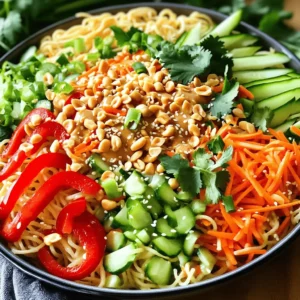 - 8 oz rice noodles - 1/4 cup creamy peanut butter - 3 tablespoons soy sauce - 2 tablespoons freshly squeezed lime juice - 1 tablespoon honey or maple syrup - 1 scotch bonnet pepper, finely chopped - 1 bell pepper (red or yellow), thinly sliced - 1 cup shredded carrots - 1 cucumber, julienned - 1/4 cup chopped fresh cilantro - 1/4 cup chopped green onions - 1/4 cup crushed peanuts - Sesame seeds (optional) These ingredients create a balance of flavors and textures. The rice noodles provide a soft base. The peanut butter adds creaminess. The soy sauce brings saltiness, while lime juice adds brightness. Fresh veggies like carrots and cucumbers offer crunch and color. Consider adding more veggies like snap peas, radishes, or broccoli. You can also add proteins like grilled chicken, shrimp, or tofu for a heartier meal. If you want more flavor, include garlic or ginger in the dressing. For a kick, use different hot peppers. These options let you make the salad your own. This salad is vegetarian-friendly, as it contains no meat. To make it gluten-free, use tamari instead of soy sauce. Double-check all labels for hidden gluten in sauces. With these simple swaps, you can enjoy this vibrant dish without worry. First, bring a large pot of water to a rolling boil. Add 8 oz of rice noodles. Cook them according to the package instructions. This usually takes about 4 to 7 minutes. You want them just right, so they are al dente. Once done, drain the noodles. Rinse them under cold running water. This stops the cooking and keeps them firm. Set the noodles aside for later. Next, grab a medium-sized mixing bowl. In it, combine 1/4 cup of creamy peanut butter, 3 tablespoons of soy sauce, and 2 tablespoons of freshly squeezed lime juice. Add 1 tablespoon of honey or maple syrup for a hint of sweetness. If you like spice, chop 1 scotch bonnet pepper finely and add it too. Whisk all these ingredients together until smooth. If the dressing feels too thick, add an extra tablespoon of water. This helps to get your desired consistency. Now, take a large mixing bowl. Add the cooked rice noodles, sliced bell pepper, shredded carrots, and julienned cucumber. Pour the peanut dressing over the noodles and veggies. Using tongs or forks, gently toss everything together. You want to coat each piece well in the dressing. Next, fold in 1/4 cup of chopped fresh cilantro and 1/4 cup of chopped green onions. This adds fresh flavor. Finally, transfer the salad to serving bowls. Top with 1/4 cup of crushed peanuts for crunch. If you like, sprinkle some sesame seeds on top for garnish. Enjoy this fresh and vibrant dish! For the full recipe, check the section above. To cook the rice noodles just right, start with a big pot of boiling water. Place the noodles in the water and stir gently. Follow the package directions for timing. You want them to be al dente, which means they should be firm but not hard. After cooking, drain the noodles well. Rinse them under cold water to stop cooking. This keeps them from getting mushy. If you like heat, the scotch bonnet pepper adds a kick. Start with a small amount and taste as you go. If it’s too spicy, add more peanut butter or honey to balance the heat. You can also use less pepper or choose a milder one, like a jalapeño. Adjusting the spice lets you control the flavor just right for your taste. Fresh herbs make this salad pop! Cilantro and green onions add a bright taste. When you chop the herbs, add them last to keep their flavor fresh. Fold them into the salad gently. You can also try adding mint or basil for a twist. Fresh herbs bring the dish to life and make it even more enjoyable. For the full recipe, check out the details above! {{image_4}} You can add protein to make the salad heartier. Chicken, shrimp, or tofu are great choices. If you use chicken, grill or poach it first. For shrimp, sauté them until pink. Tofu should be firm and cubed. Toss your choice of protein right into the salad. Each option adds flavor and makes it more filling. Feel free to swap or add veggies. Snap peas, radishes, or broccoli work well. You can also use red cabbage for a crunch. If you like greens, add spinach or kale for more color. Just remember to slice them thinly. This keeps the salad light and fresh. Want a different taste? Change up the dressing! For a spicy kick, add more scotch bonnet pepper. You can also mix in sriracha or chili paste. If you prefer a creamier dressing, add more peanut butter or even a bit of coconut milk. These small changes can transform your dish. Use the full recipe to guide your adjustments. To keep your Thai Peanut Noodle Salad fresh, store it in an airtight container. This helps prevent it from drying out or absorbing other flavors. The salad will stay good in the fridge for about three days. If you notice any moisture build-up, drain it before serving. When you want to enjoy leftovers, reheating is simple. Microwaving is quick and easy. Use a microwave-safe bowl and cover it with a damp paper towel. Heat for about 30 seconds, stirring halfway through. This keeps the noodles from getting too dry. You can also serve it cold, as the fresh flavors shine at any temperature. Freezing this salad is not the best choice. The texture of the noodles and veggies changes when thawed. If you must freeze, make sure to store only the noodles and dressing separately. They can last in the freezer for up to one month. When ready to eat, thaw in the fridge overnight and mix with fresh veggies before serving. For the best taste, follow the full recipe for fresh ingredients. Yes, you can make Thai Peanut Noodle Salad ahead of time. This dish holds well in the fridge. I suggest preparing the salad a few hours before serving. Just keep the dressing separate until you are ready to enjoy it. This helps keep the noodles and veggies fresh and crunchy. If you cannot use peanut butter, try almond butter or sunflower seed butter. Both options work well in the dressing. They offer a nice creaminess and flavor. You can also leave out the nut butter entirely and use tahini. This will change the taste but still create a tasty dressing. Yes, you can make this dish vegan easily. Use maple syrup instead of honey for sweetness. Ensure that the soy sauce you choose is vegan-friendly. With these small swaps, you can enjoy a delicious vegan Thai Peanut Noodle Salad. For the full recipe, check the details above. This blog post covered how to make a delicious Thai peanut noodle salad. We explored key ingredients, cooking steps, and tips for the best results. You can customize it with different proteins and veggies. Remember to store leftovers properly for later enjoyment. This dish is easy to adapt for various diets. Try each variation to find your favorite! Enjoy making this simple meal that brings fresh flavors to your table.
