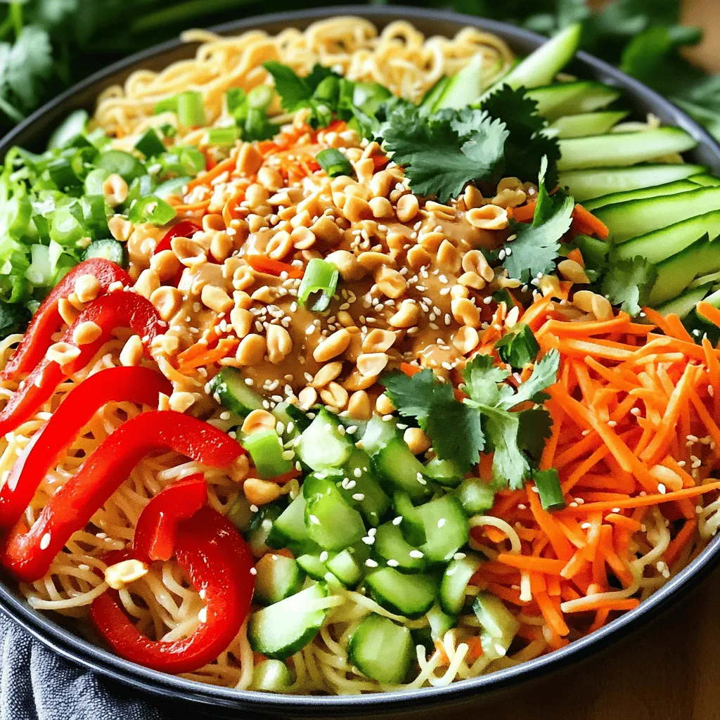 - 8 oz rice noodles - 1/4 cup creamy peanut butter - 3 tablespoons soy sauce - 2 tablespoons freshly squeezed lime juice - 1 tablespoon honey or maple syrup - 1 scotch bonnet pepper, finely chopped - 1 bell pepper (red or yellow), thinly sliced - 1 cup shredded carrots - 1 cucumber, julienned - 1/4 cup chopped fresh cilantro - 1/4 cup chopped green onions - 1/4 cup crushed peanuts - Sesame seeds (optional) These ingredients create a balance of flavors and textures. The rice noodles provide a soft base. The peanut butter adds creaminess. The soy sauce brings saltiness, while lime juice adds brightness. Fresh veggies like carrots and cucumbers offer crunch and color. Consider adding more veggies like snap peas, radishes, or broccoli. You can also add proteins like grilled chicken, shrimp, or tofu for a heartier meal. If you want more flavor, include garlic or ginger in the dressing. For a kick, use different hot peppers. These options let you make the salad your own. This salad is vegetarian-friendly, as it contains no meat. To make it gluten-free, use tamari instead of soy sauce. Double-check all labels for hidden gluten in sauces. With these simple swaps, you can enjoy this vibrant dish without worry. First, bring a large pot of water to a rolling boil. Add 8 oz of rice noodles. Cook them according to the package instructions. This usually takes about 4 to 7 minutes. You want them just right, so they are al dente. Once done, drain the noodles. Rinse them under cold running water. This stops the cooking and keeps them firm. Set the noodles aside for later. Next, grab a medium-sized mixing bowl. In it, combine 1/4 cup of creamy peanut butter, 3 tablespoons of soy sauce, and 2 tablespoons of freshly squeezed lime juice. Add 1 tablespoon of honey or maple syrup for a hint of sweetness. If you like spice, chop 1 scotch bonnet pepper finely and add it too. Whisk all these ingredients together until smooth. If the dressing feels too thick, add an extra tablespoon of water. This helps to get your desired consistency. Now, take a large mixing bowl. Add the cooked rice noodles, sliced bell pepper, shredded carrots, and julienned cucumber. Pour the peanut dressing over the noodles and veggies. Using tongs or forks, gently toss everything together. You want to coat each piece well in the dressing. Next, fold in 1/4 cup of chopped fresh cilantro and 1/4 cup of chopped green onions. This adds fresh flavor. Finally, transfer the salad to serving bowls. Top with 1/4 cup of crushed peanuts for crunch. If you like, sprinkle some sesame seeds on top for garnish. Enjoy this fresh and vibrant dish! For the full recipe, check the section above. To cook the rice noodles just right, start with a big pot of boiling water. Place the noodles in the water and stir gently. Follow the package directions for timing. You want them to be al dente, which means they should be firm but not hard. After cooking, drain the noodles well. Rinse them under cold water to stop cooking. This keeps them from getting mushy. If you like heat, the scotch bonnet pepper adds a kick. Start with a small amount and taste as you go. If it’s too spicy, add more peanut butter or honey to balance the heat. You can also use less pepper or choose a milder one, like a jalapeño. Adjusting the spice lets you control the flavor just right for your taste. Fresh herbs make this salad pop! Cilantro and green onions add a bright taste. When you chop the herbs, add them last to keep their flavor fresh. Fold them into the salad gently. You can also try adding mint or basil for a twist. Fresh herbs bring the dish to life and make it even more enjoyable. For the full recipe, check out the details above! {{image_4}} You can add protein to make the salad heartier. Chicken, shrimp, or tofu are great choices. If you use chicken, grill or poach it first. For shrimp, sauté them until pink. Tofu should be firm and cubed. Toss your choice of protein right into the salad. Each option adds flavor and makes it more filling. Feel free to swap or add veggies. Snap peas, radishes, or broccoli work well. You can also use red cabbage for a crunch. If you like greens, add spinach or kale for more color. Just remember to slice them thinly. This keeps the salad light and fresh. Want a different taste? Change up the dressing! For a spicy kick, add more scotch bonnet pepper. You can also mix in sriracha or chili paste. If you prefer a creamier dressing, add more peanut butter or even a bit of coconut milk. These small changes can transform your dish. Use the full recipe to guide your adjustments. To keep your Thai Peanut Noodle Salad fresh, store it in an airtight container. This helps prevent it from drying out or absorbing other flavors. The salad will stay good in the fridge for about three days. If you notice any moisture build-up, drain it before serving. When you want to enjoy leftovers, reheating is simple. Microwaving is quick and easy. Use a microwave-safe bowl and cover it with a damp paper towel. Heat for about 30 seconds, stirring halfway through. This keeps the noodles from getting too dry. You can also serve it cold, as the fresh flavors shine at any temperature. Freezing this salad is not the best choice. The texture of the noodles and veggies changes when thawed. If you must freeze, make sure to store only the noodles and dressing separately. They can last in the freezer for up to one month. When ready to eat, thaw in the fridge overnight and mix with fresh veggies before serving. For the best taste, follow the full recipe for fresh ingredients. Yes, you can make Thai Peanut Noodle Salad ahead of time. This dish holds well in the fridge. I suggest preparing the salad a few hours before serving. Just keep the dressing separate until you are ready to enjoy it. This helps keep the noodles and veggies fresh and crunchy. If you cannot use peanut butter, try almond butter or sunflower seed butter. Both options work well in the dressing. They offer a nice creaminess and flavor. You can also leave out the nut butter entirely and use tahini. This will change the taste but still create a tasty dressing. Yes, you can make this dish vegan easily. Use maple syrup instead of honey for sweetness. Ensure that the soy sauce you choose is vegan-friendly. With these small swaps, you can enjoy a delicious vegan Thai Peanut Noodle Salad. For the full recipe, check the details above. This blog post covered how to make a delicious Thai peanut noodle salad. We explored key ingredients, cooking steps, and tips for the best results. You can customize it with different proteins and veggies. Remember to store leftovers properly for later enjoyment. This dish is easy to adapt for various diets. Try each variation to find your favorite! Enjoy making this simple meal that brings fresh flavors to your table.