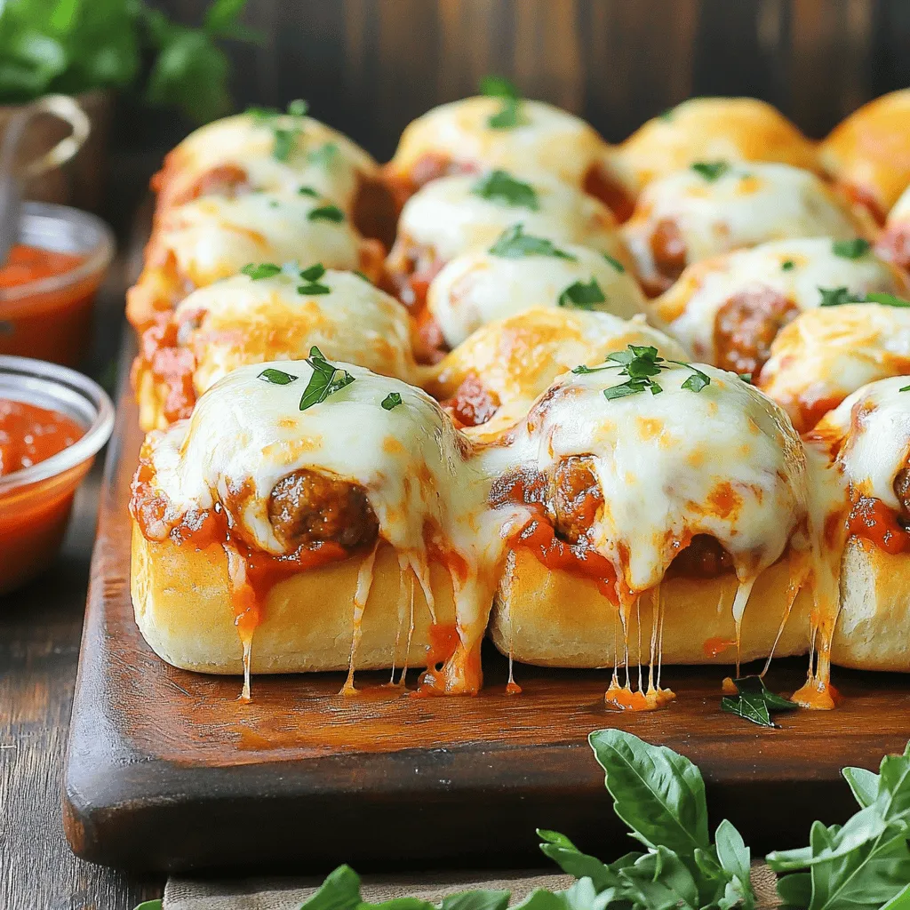 - 1 pound ground beef - 1/2 cup breadcrumbs - 1/4 cup grated Parmesan cheese - 1/4 cup fresh parsley, finely chopped - 1 clove garlic, minced - 1 large egg - 1 teaspoon salt - 1/2 teaspoon ground black pepper - 2 cups marinara sauce (plus extra for serving) - 12 soft slider rolls (preferably fluffy) - 1 cup shredded mozzarella cheese - 2 tablespoons olive oil - Optional: Fresh basil leaves for garnish Each ingredient plays a key role in making these sliders delicious: - Ground Beef: This is the main protein. It gives the sliders their hearty flavor. - Breadcrumbs: These keep the meatballs moist and add a nice texture. - Parmesan Cheese: This adds a rich, savory taste to the meatballs. - Fresh Parsley: This herb brings freshness and color to the dish. - Garlic: Minced garlic adds a strong flavor that complements the meat. - Egg: This binds the meat mixture, helping the meatballs hold their shape. - Salt and Black Pepper: These spices bring out the flavors of all the ingredients. - Marinara Sauce: This sauce coats the meatballs and adds a comforting, rich taste. - Slider Rolls: These are the base for your sliders. Choose soft rolls for easy pulling apart. - Mozzarella Cheese: This cheese melts beautifully and adds creamy goodness. - Olive Oil: This helps to brown the meatballs and adds flavor. - Fresh Basil: This is optional but adds a lovely touch of color and flavor. Feel free to mix things up! Here are some ideas to personalize your sliders: - Different Meat: You can use ground turkey or chicken for a lighter version. - Spices: Add red pepper flakes for a spicy kick. - Veggies: Mix in chopped bell peppers or onions for extra crunch. - Cheese Varieties: Try provolone or gouda for a different cheese flavor. - Toppings: Top with pickles or jalapeños for more zest. For the full recipe, check out the detailed steps to make these Pull-Apart Meatball Sliders. Enjoy! Start by setting your oven to 350°F (175°C). This warms things up for baking. While the oven heats, gather your ingredients. You will need ground beef, breadcrumbs, and Parmesan cheese. Don’t forget the parsley, garlic, egg, salt, and pepper. These will make your meatballs taste amazing! In a big bowl, mix the ground beef, breadcrumbs, and grated Parmesan cheese. Add the chopped parsley and minced garlic. Don’t forget the egg, salt, and black pepper. Use your hands to blend all the ingredients well. This is the secret to flavorful meatballs. Once mixed, roll the meat into small balls, about one inch wide. You should have around 15 to 18 meatballs. Heat one tablespoon of olive oil in a large skillet over medium heat. Add your meatballs and cook them until they are brown on all sides. This should take about 7 to 10 minutes. Once done, remove them from the skillet. Next, warm your marinara sauce in a separate pot over low heat. Add the browned meatballs to the sauce and stir gently to coat them well. Now, take your slider rolls and slice them in half. Place the bottom halves in a baking dish. Spoon the meatballs and sauce on top. Don’t hold back on the sauce! Sprinkle shredded mozzarella cheese over the meatballs. Place the top halves of the rolls on next. Brush olive oil on top for a nice finish. Cover the dish with foil and bake for 15 minutes. After that, remove the foil and bake for another 10 minutes. You want the cheese to melt and the tops to turn golden. Once done, let the sliders cool for a few minutes. Cut them apart with a sharp knife, and you’re ready to serve. You can even add fresh basil on top for a pop of color and flavor. Enjoy your delicious Pull-Apart Meatball Sliders! For the full recipe, click here. To make juicy meatballs, start with quality ground beef. I like to use 80/20 beef for the right balance of fat and flavor. Mixing in breadcrumbs helps keep the meatballs moist. Don't skip the egg; it binds the ingredients well. When shaping the meatballs, keep them small and uniform. This way, they cook evenly. Sautéing the meatballs before adding them to the sauce seals in the juices. Cook them until they are nicely browned, about 7-10 minutes. This step adds depth to the flavor. You can also avoid overcooking by using a meat thermometer. Aim for an internal temperature of 160°F (71°C). This ensures they are safe to eat and still juicy. To store leftover sliders, place them in an airtight container. They last about 3 days in the fridge. When reheating, use the oven for best results. Preheat to 350°F (175°C) and cover the sliders with foil. Bake for about 15 minutes. This keeps the bread soft and the cheese melty. If you want to freeze them, wrap each slider tightly in plastic wrap. Then place them in a freezer bag. They can last up to 3 months. To reheat frozen sliders, thaw them in the fridge overnight. Then bake as mentioned above. For the best flavor, serve sliders warm with extra marinara sauce. You can add fresh basil on top for a pop of color and taste. If you want a little kick, sprinkle some crushed red pepper flakes. Pair your sliders with a simple side salad or crispy fries. This makes for a fun and filling meal. You can also set up a slider bar with toppings like pickles, onions, or jalapeños. This way, everyone can customize their sliders. For the full recipe, check the detailed instructions above! {{image_4}} You can switch up the meat for your meatballs. Here are some great options: - Ground turkey - Ground chicken - Ground pork - Plant-based meat alternatives Using different meats can change the flavor. For example, ground turkey gives a lighter taste. Ground pork adds richness. Plant-based options can cater to vegetarians. Each choice brings a unique twist to your sliders. Sauces can elevate your sliders. While marinara is classic, consider these options: - Barbecue sauce for a smoky touch - Alfredo sauce for a creamy bite - Homemade pesto for fresh green notes Try mixing sauces too. A blend of marinara and barbecue can create a delicious fusion. Experiment with what you like best to find your perfect flavor. Toppings make your sliders special. Here are some fun ideas: - Sliced jalapeños for heat - Fresh arugula for a peppery crunch - Caramelized onions for sweetness Cheese can also vary. Instead of mozzarella, try: - Provolone for a bold taste - Cheddar for a sharp kick - Fontina for a nutty flavor Mix and match toppings and cheeses to customize your meal. Get creative and make it your own! For the full recipe, check out the detailed steps above. To store leftover sliders, first let them cool down to room temperature. Place the sliders in an airtight container. You can stack them if needed. They will stay fresh in the fridge for up to three days. If you want to keep them longer, consider freezing. To freeze sliders, wrap each one tightly in plastic wrap. Then, place the wrapped sliders in a freezer-safe bag or container. Make sure to remove as much air as possible from the bag. They can stay frozen for up to two months. When you are ready to eat, just take out what you need. When you want to eat your leftover sliders, you can reheat them easily. Preheat your oven to 350°F (175°C). Place the sliders on a baking sheet. Cover them with foil to keep them moist. Heat for about 15-20 minutes. If you like them crispy, remove the foil for the last 5 minutes. You can also microwave them for a quick option, but the oven gives better texture. For best flavor, serve with extra marinara sauce on the side. Pull-apart meatball sliders can last up to three days in the fridge. Store them in an airtight container. Make sure they cool down before sealing. This helps keep them fresh and tasty. Yes, you can make these sliders ahead of time. Prepare the meatball mixture and cook them. Assemble the sliders without baking. Cover and store them in the fridge. When you're ready, bake them as directed. This saves time and makes serving easy. Serve sliders warm with extra marinara sauce on the side. This adds flavor and a fun dipping option. You can also garnish with fresh basil leaves. This gives a nice touch and brightens the dish. Enjoy them at parties or family dinners! For the full recipe, check out the complete instructions above. Pull-apart meatball sliders are a fun and tasty dish. We covered ingredients, cooking steps, and tips to make them juicy. You learned about variations and how to store leftovers. These sliders are easy to make and customize. Remember, you can mix flavors and get creative with toppings. Enjoy this recipe for tasty meals! Use the tips to store and reheat properly. With a bit of planning, you can always have these sliders ready to enjoy!
