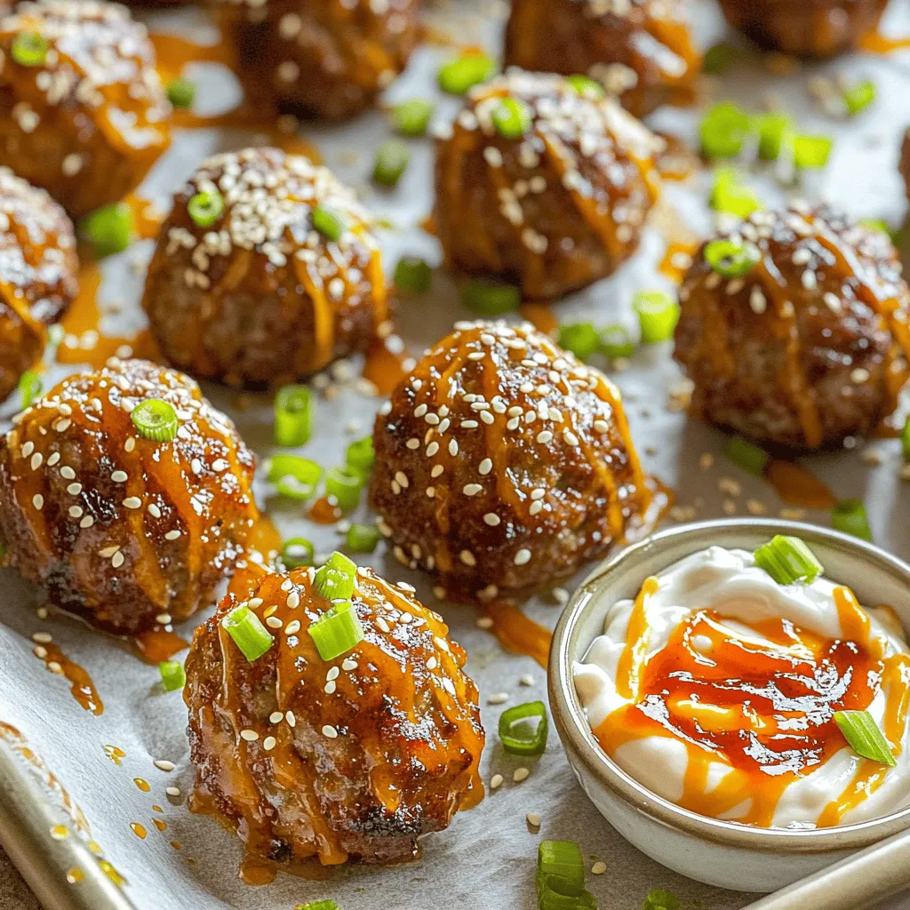 - 1 lb ground beef or ground chicken - 1/4 cup breadcrumbs (preferably panko for added crunch) - 1/4 cup green onions, finely chopped - 2 tablespoons soy sauce - 1 tablespoon sesame oil - 2 teaspoons freshly grated ginger - 2 cloves garlic, minced - 1 tablespoon brown sugar - 1/2 teaspoon freshly ground black pepper - 1/4 teaspoon red pepper flakes (adjust to your heat preference) - Sesame seeds and sliced green onions - 1 teaspoon fresh lime juice for spicy mayo - Additional serving suggestions like a lime wedge When making Korean BBQ meatballs, I focus on quality and flavor. The main ingredients are simple but essential. Ground beef or chicken forms the base. Breadcrumbs add texture, and green onions bring freshness. Soy sauce and sesame oil create a savory depth. Spice is key to these meatballs. Fresh ginger and garlic give a warm, aromatic touch. Brown sugar balances the flavors with sweetness. Black pepper offers heat, while red pepper flakes add that extra kick. Adjust these spices to fit your taste. For garnishing, I love using sesame seeds and green onions. They add a nice crunch and visual appeal. Don't forget to mix lime juice into your spicy mayo. It brightens the dish and enhances the flavors. You can find the complete cooking steps in the Full Recipe. Enjoy crafting these tasty bites! - Preheat your oven to 400°F (200°C). This ensures even cooking for your meatballs. - Combine all meatball ingredients in a bowl. This includes: - 1 lb ground beef or ground chicken - 1/4 cup breadcrumbs (preferably panko for added crunch) - 1/4 cup green onions, finely chopped - 2 tablespoons soy sauce - 1 tablespoon sesame oil - 2 teaspoons freshly grated ginger - 2 cloves garlic, minced - 1 tablespoon brown sugar - 1/2 teaspoon freshly ground black pepper - 1/4 teaspoon red pepper flakes (adjust to your heat preference) Use a fork or your hands to mix. Make sure everything is evenly mixed, but do not overmix. - Shape meatballs and arrange on a baking sheet. Each meatball should be about the size of a golf ball. - Bake until golden brown and fully cooked. This usually takes 15-20 minutes. Use a meat thermometer to check for doneness. They should reach 165°F (74°C). - Whisk together mayonnaise, sriracha, and lime juice. Mix until smooth. Taste it and add more sriracha if you want more heat. - Drizzle spicy mayo over meatballs and garnish. You can add sesame seeds and sliced green onions for color. Enjoy your tasty treat! For the full recipe, check out the details provided above. To make great meatballs, avoid overmixing the meat mixture. When you mix too much, the meatballs can turn tough. Use your hands or a fork to blend the ingredients just until combined. This keeps them soft and tender. Also, use a meat thermometer for doneness. Meatballs should reach 165°F (74°C) inside. This ensures they are safe to eat and perfectly cooked. Adjust spice levels to suit your taste. If you like it hot, add more red pepper flakes or sriracha. For a milder flavor, cut back on these spices. Fresh ingredients make a big difference too. Use fresh ginger and garlic instead of powdered versions. Fresh green onions will also add a pop of flavor. They help make your meatballs taste vibrant and full of life. Creative plating can elevate your dish. Arrange the meatballs on a decorative platter. Drizzle the spicy mayo over the top for a nice touch. You can also serve them with toothpicks for easy eating. If you want a fresh twist, add a lime wedge on the side. This gives a zesty kick and brightens up the look. These small details make your dish more fun for gatherings. {{image_4}} You can switch up the meat in your Korean BBQ meatballs. Try using ground turkey or pork instead of beef or chicken. Each protein brings a unique taste. Turkey is leaner, while pork adds richness. Both options pair well with the bold flavors of Korean BBQ. Adjust cook times as needed; turkey may cook faster than beef. If you need a gluten-free version, substitute regular breadcrumbs. Use gluten-free breadcrumbs made from rice or corn. You can also try crushed gluten-free crackers as an alternative. For binding the meatballs, consider using ground oats or almond flour. Both will help hold the mixture together without gluten. Don’t hesitate to play with flavors! Different sauces can change the whole dish. Try adding teriyaki or hoisin sauce for a sweet twist. You can even mix in some gochujang for extra heat. Adding chopped vegetables like bell peppers or carrots can also boost nutrition and flavor. Just make sure to chop them small to blend well with the meat. For the full recipe, you can refer to the main section. To keep Korean BBQ meatballs fresh, let them cool first. Place them in an airtight container. Store them in the fridge for up to three days. Make sure the lid seals well to prevent air from getting in. If you want extra flavor, you can drizzle some spicy mayo on top before sealing. This adds a nice kick when you eat them later. If you want to save some meatballs for later, freezing is a great option. First, let them cool completely. Then, arrange them on a baking sheet in a single layer. Freeze them for about an hour, or until they are firm. After that, transfer them to a freezer-safe bag or container. Label it with the date. You can freeze them for up to three months. When you're ready to eat, thaw them in the fridge overnight before reheating. To reheat your meatballs, there are a few methods you can use. The oven is great for keeping the meatballs crispy. Preheat your oven to 350°F (175°C) and bake for about 10-15 minutes. You can also reheat them in the microwave. Just place them on a plate and cover with a damp paper towel. Heat in short bursts of about 30 seconds until warm. If you choose the stovetop, warm them in a skillet over low heat. Add a splash of water to keep them moist. Enjoy them with the spicy mayo for the best flavor! Yes, you can make meatballs in advance. Here are some tips: - Mix the meatball ingredients: Combine everything but don’t bake them yet. - Shape the meatballs: Roll them into balls and place them on a baking sheet. - Cover and chill: Wrap the baking sheet in plastic wrap and store in the fridge for up to 24 hours. - Freeze for longer storage: If you want to store for longer, freeze the shaped meatballs. Once frozen, transfer them to a freezer bag. - Thaw before cooking: When ready to cook, thaw in the fridge overnight. Korean BBQ meatballs pair well with many sides. Here are some ideas: - Steamed rice: A simple side that soaks up sauce well. - Kimchi: Adds a spicy and tangy flavor contrast. - Vegetable stir-fry: Bright veggies add color and crunch. - Asian slaw: A fresh salad with a tangy dressing. - Noodles: Serve with sesame noodles for a filling meal. To spice up your meatballs, try these methods: - Increase red pepper flakes: Add more to the meat mixture. - Use spicy sauce: Swap sriracha for a hotter sauce. - Add fresh chili: Mix in finely chopped fresh chili peppers. - Spice up the mayo: Blend in more sriracha or a dash of hot sauce. - Experiment with spices: Try cayenne or chili powder for extra heat. To keep your meatballs juicy, follow these tips: - Don’t overmix: Mix until just combined to keep them tender. - Use breadcrumbs: They help absorb moisture and add texture. - Add wet ingredients: Things like soy sauce and sesame oil keep them moist. - Check doneness: Use a meat thermometer; aim for 165°F (74°C). - Let them rest: After baking, let them sit for a few minutes to keep juices in. You now have a tasty guide to make Korean BBQ meatballs. Start with simple ingredients like ground beef and fresh spices. Follow clear steps to mix, roll, and bake your meatballs perfectly. Use tips to adjust flavors and enhance texture. Don’t forget about storage tips for leftovers and reheating. With these instructions, you can impress your guests or enjoy a great meal at home. Get creative with variations and enjoy every bite!