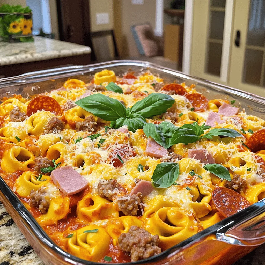 - 12 oz. cheese tortellini - 1 cup cooked Italian sausage, crumbled - 1 cup pepperoni slices - 1 cup diced ham - 1 cup marinara sauce - 1 cup mozzarella cheese, shredded - 1/2 cup Parmesan cheese, grated - 1 teaspoon Italian seasoning - 1/2 teaspoon crushed red pepper flakes (optional) - Fresh basil leaves for garnish The main ingredients in this dish create a rich, hearty flavor. I love using cheese tortellini as a base. It adds a creamy texture that blends well with the meats. The Italian sausage gives a nice spice, while the pepperoni and ham add a savory depth. I often choose a quality marinara sauce. A good sauce makes all the difference. The mozzarella and Parmesan cheeses create a gooey, melty topping that pulls everything together. If you want some heat, the crushed red pepper flakes are great to add. For garnish, fresh basil leaves add color and flavor. They bring a touch of brightness to the rich dish. You can find all these ingredients in most grocery stores. Check out the Full Recipe for detailed steps on how to combine these flavors into a satisfying meal. - Bring a pot of salted water to boil. - Cook tortellini according to package instructions. Cooking the tortellini is simple. First, fill a large pot with water and add salt. The salt makes the tortellini taste better. Once the water boils, add the cheese tortellini. They usually take about 3-5 minutes to cook. When they float to the top, they are ready. Drain them in a colander and set them aside. - Brown the Italian sausage in a skillet. - Add pepperoni and ham to the skillet. For the meat mixture, heat a large skillet over medium heat. Add the crumbled Italian sausage. Cook it for about 5 minutes until it turns brown. Stir it often so it cooks evenly. Once the sausage is brown, add the pepperoni slices and diced ham. Cook these for another 2-3 minutes until they are warm and mixed well. - Fold in the tortellini with the meat mixture. - Pour in marinara and sprinkle seasonings. Now, it’s time to mix everything. Gently fold the cooked tortellini into the skillet with the meat. Then, pour in the marinara sauce. Sprinkle some Italian seasoning and crushed red pepper flakes if you like spice. Toss everything together until the tortellini and meat are well coated with sauce. - Mix half of the cheeses into the tortellini mixture. Lower the heat a bit. Fold in half of the shredded mozzarella and half of the grated Parmesan cheese into the tortellini mixture. Stir carefully so the cheese melts slightly into the dish, making it creamy. - Preheat the oven to 375°F (190°C). - Transfer to a baking dish and top with remaining cheese. - Bake for 20-25 minutes. Preheat your oven to 375°F (190°C). Transfer the tortellini and meat mixture to a greased baking dish. Spread it evenly. Then, sprinkle the remaining mozzarella and Parmesan cheeses on top. Bake in the oven for 20-25 minutes. Look for that golden brown cheese and bubbly sauce. Your Meat Lovers Pizza Tortellini is now ready to enjoy! To make your Meat Lovers Pizza Tortellini burst with flavor, choose high-quality meats. Good sausage and pepperoni can elevate your dish. Feel free to adjust the seasoning to match your taste. You can add more Italian seasoning or even a bit of garlic for a kick. When cooking tortellini, it's key to ensure it is cooked al dente. This gives it a nice bite and keeps it from getting mushy. While sautéing your meats, make sure to stir occasionally. This helps everything cook evenly and gives you great texture. To make your meal complete, pair the tortellini with a fresh garden salad. The crispness of the salad balances the rich flavors of the dish. Serving it with garlic bread adds a lovely touch. Imagine dipping that warm bread into the marinara sauce! For the Full Recipe, refer to the complete instructions earlier in the article. {{image_4}} You can easily switch up the meats in this dish. Try using chicken or beef instead of Italian sausage. Both options bring a different flavor that can surprise your taste buds. Want even more taste? Add crispy bacon for an extra layer of flavor. The smoky crunch pairs well with the other meats. If you want a meatless option, go for vegetable-based tortellini. You can use mushrooms or bell peppers instead of meat. This keeps the dish full of flavor while being lighter. Zucchini or spinach also make great choices. They add freshness and nutrients without losing the savory taste. Cheese is the star of this dish! While mozzarella is classic, you can try other cheeses too. Provolone adds a sharp taste, while cheddar gives a rich, creamy finish. Mix and match to find your favorite blend. Each type of cheese brings its own unique flavor to this tasty dish. For the full recipe, check out the details above. Cool the dish before storing it in an airtight container. This helps keep the flavors fresh. I always let mine sit at room temperature for about 30 minutes. This way, it cools down nicely. You can keep Meat Lovers Pizza Tortellini in the fridge for up to 3-4 days. Make sure it stays sealed well. I recommend labeling the container with the date. This helps you remember when you made it. To reheat, use the oven or microwave until heated through. If you use the oven, set it to 350°F (175°C). Bake for about 15 minutes. If you prefer the microwave, heat in short bursts. Stir every minute to avoid cold spots. Enjoy that cheesy goodness again! Yes, just follow the package instructions for cooking. Frozen tortellini cooks quickly and is very convenient. When using frozen, make sure the water is boiling before adding them. You want them to cook evenly. Yes, you can prepare it and keep it in the fridge before baking. This is great for busy days. Just follow the cooking steps until you layer the cheese on top. Cover it well and store it in the fridge. When you're ready, pop it in the oven. Use gluten-free tortellini for a gluten-free option. Many stores offer gluten-free pasta now. Check the labels to find a good brand. You can still enjoy this rich dish without gluten. Alfredo sauce or pesto can be delicious alternatives. Each sauce brings a unique flavor. Alfredo adds creaminess, while pesto gives a fresh, herbal taste. Feel free to get creative with your favorite sauces! If you want more ideas, check out the Full Recipe for inspiration. This blog post showed you how to make a tasty tortellini bake. We covered key ingredients like tortellini, meats, and cheeses. You learned step-by-step cooking and baking methods. Tips helped you perfect flavor and serving ideas. In your kitchen, feel free to try different meats and cheeses. Store leftovers well for future meals. Enjoy cooking this dish and make it your own!