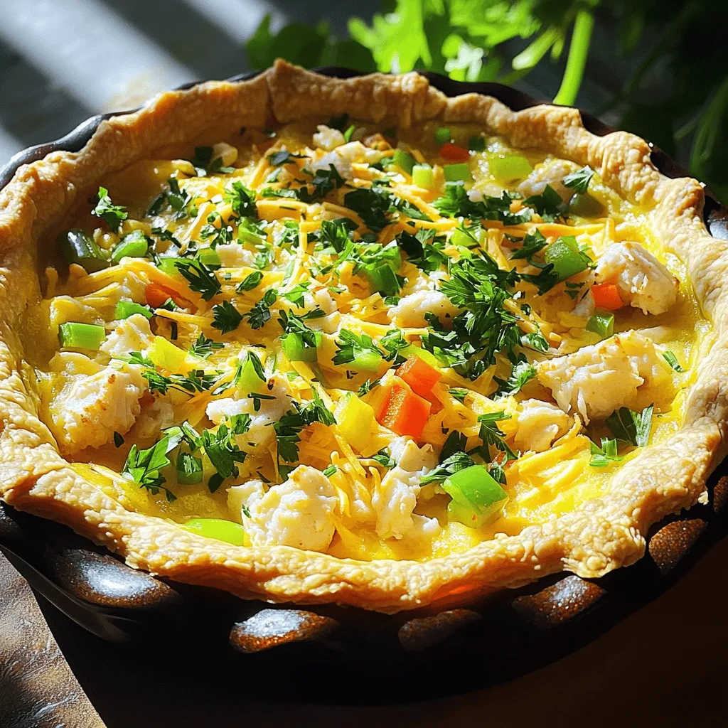 To make a tasty Southern Crab Pie, you'll need these ingredients: - 1 pre-made pie crust (9-inch) - 1 pound fresh crab meat, carefully picked over for shells - 1 cup heavy cream - 3 large eggs - 1 cup shredded sharp cheddar cheese - 1/2 cup mayonnaise - 1/4 cup finely chopped green onions (scallions) - 1/4 cup diced bell pepper (choose either red or green for color) - 2 tablespoons Dijon mustard - 1 teaspoon Old Bay seasoning - Salt and pepper, to taste - Fresh parsley, chopped (for garnish) When it comes to crab meat, fresh is best. Fresh crab meat has a sweet and delicate taste. It brings a bright flavor to your pie. Canned crab can work but lacks that fresh quality. If you use canned crab, check for lumps and flavor. Look for crab labeled as "jumbo lump" or "lump" for the best taste. Always drain canned crab well to avoid excess moisture in your pie. For the pie crust, I suggest using a high-quality pre-made option. Brands like Pillsbury and Marie Callender's offer reliable choices. These crusts bake well and hold the filling nicely. If you want to try homemade, go for a simple recipe with flour, butter, and water. A crisp crust enhances the overall taste of your Southern Crab Pie. For the full recipe, check out the details in the recipe section. Start by preheating your oven to 350°F (175°C). Take your pre-made pie crust and carefully place it into a 9-inch pie dish. Make sure it fits well. Use your fingers to crimp the edges. This crimping gives the crust a nice look. In a large mixing bowl, combine the heavy cream, eggs, and mayonnaise. Whisk these ingredients until they blend smoothly. Next, add the shredded cheddar cheese, chopped green onions, and diced bell pepper. Mix in the Dijon mustard and Old Bay seasoning. Season with salt and pepper to taste. Stir gently to combine everything well. Now, it's time to fold in the crab meat. Do this carefully so you keep the chunks intact. Each bite should have that tasty crab flavor. Pour the crab mixture into the pie crust. Use a spatula to spread it evenly. Place the pie in the preheated oven. Bake for 40-45 minutes. Look for a golden brown top and check with a knife in the center. It should come out clean. Once baked, take the pie out and let it cool for about 10 minutes. This helps the filling set, making it easier to slice. Before serving, sprinkle fresh parsley on top for a pop of color. Enjoy your meal! For the complete recipe, you can refer to the Full Recipe section above. Choosing the right crab meat is key to a great pie. Fresh crab meat is best. Look for sweet, clean flavors. Check for any shell pieces in the meat. If fresh isn’t an option, you can use canned crab. Just select high-quality brands. They should have a good amount of meat and not too much liquid. The best crab varieties for this dish include: - Blue crab - Dungeness crab - King crab These types add great taste and texture. A soggy crust can ruin your crab pie. To keep your crust crisp, pre-bake it for a few minutes. This step helps set the crust before adding the filling. You can also sprinkle a thin layer of breadcrumbs or crushed crackers on the bottom. This layer acts like a barrier, soaking up moisture. Make sure to let the pie cool slightly before cutting to help the crust stay firm. Serving your crab pie can be fun and creative. Here are some tasty ideas: - Salads: A fresh garden salad pairs well. Use a light vinaigrette for a nice contrast. - Sides: Serve with coleslaw or a corn salad for a Southern touch. - Beverages: A crisp white wine or iced tea complements the flavors nicely. - Garnishes: Add lemon wedges for a zesty kick. Fresh herbs like dill or parsley add color and flavor. For more details, check the Full Recipe for serving ideas and tips. {{image_4}} You can make Southern Crab Pie even better by adding vegetables or herbs. Try adding diced tomatoes for a touch of freshness. Spinach or kale adds a nice green color and boosts nutrition. Fresh herbs like dill or parsley can heighten the flavor. Just chop them finely, so they mix well with the crab. Adding these will make your dish more colorful and tasty. While sharp cheddar cheese is great, don't be afraid to switch it up. Try using Gruyère for a nutty flavor. Cream cheese can make the pie extra creamy and rich. If you like a bit of tang, goat cheese works wonders too. Mix and match your favorite cheeses to create a unique taste. The choice of cheese can change the whole vibe of your pie. If you love heat, adding jalapeños can kick up the spice. Chop them finely and mix them into the filling. If you prefer, a few dashes of hot sauce will do the trick too. Just remember, start small. You can always add more spice later. This will give your Southern Crab Pie a fun twist and make it even more exciting to eat. For the full recipe, check out the entire guide to make your own Southern Crab Pie. To keep your leftover crab pie fresh, let it cool first. Wrap the pie tightly in plastic wrap or foil. You can also place it in an airtight container. Store it in the fridge for up to three days. If you don’t plan to eat it soon, freezing is a great option. When you're ready to enjoy your leftovers, preheat your oven to 350°F (175°C). Place the pie in the oven for about 20 minutes. This method will help warm it without drying it out. You can cover it with foil to keep the moisture. If you’re in a hurry, you can also use the microwave. Heat it for 1-2 minutes, checking to ensure it heats evenly. To freeze your crab pie, wrap it tightly in plastic wrap. Then, place it in a freezer-safe bag or container. It can last up to three months in the freezer. When you're ready to eat it, let it thaw in the fridge overnight. After that, reheat it following the tips above for the best flavor. Enjoy your crab pie anytime you crave it! For the complete recipe, check out the Full Recipe. Yes, you can prepare Southern Crab Pie in advance. Just follow these steps. Make the filling and pour it into the crust. Cover it with plastic wrap and chill it in the fridge. You can store it for up to 24 hours before baking. When you’re ready, bake it straight from the fridge. Just add a few extra minutes to the baking time for best results. If you need a substitute for heavy cream, try using half-and-half. It has less fat but works well in this pie. You can also mix milk with melted butter. For a non-dairy option, use coconut cream. Each option keeps the pie creamy and rich while adding a unique twist. Southern Crab Pie lasts about 3 to 4 days in the fridge. Make sure to cover it tightly with plastic wrap or foil. When you reheat slices, warm them in the oven or microwave. This keeps the crust crisp and the filling delicious. Enjoy your crab pie within this time for the best taste and texture. Southern Crab Pie is a tasty dish you can enjoy any time. We covered ingredients, from fresh crab meat to the best crusts. I showed you how to prepare the pie crust and mix the filling. You gained tips to keep the crust crisp and served it well. You can even change the flavors with veggies or spices! Remember to store leftovers safely and reheat them for great taste. This dish is fun to make and share, bringing everyone together for good food. Enjoy your crab pie!
