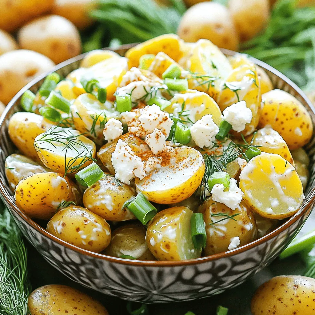 To make this fresh and tasty potato salad, gather these key items: - 2 pounds baby potatoes, halved - 1 cup Greek yogurt - 2 tablespoons Dijon mustard - 1 tablespoon honey - 1/2 cup chopped green onions (scallions) - 1/2 cup diced pickles (or sweet relish) - 1/4 cup fresh dill, finely chopped - 1/4 cup crumbled feta cheese - Sea salt and freshly cracked black pepper to taste - 1 tablespoon extra virgin olive oil - 1 teaspoon smoked paprika These ingredients come together to create a creamy and flavorful dish. The Greek yogurt gives a nice tang, while the mustard adds depth. Dill and feta bring fresh notes that elevate this salad. You can add more flavor to the potato salad with these ideas: - A squeeze of fresh lemon juice for brightness - Chopped celery or bell pepper for crunch - Bacon bits for a smoky touch - Chopped herbs like parsley or chives for more freshness - A dash of hot sauce for heat Feel free to mix and match these options. They can give your salad a unique twist. If you have dietary needs, here are some substitutes: - Swap Greek yogurt with a dairy-free yogurt for a vegan option. - Use mustard-free dressings for those avoiding mustard. - Replace feta with avocado for a creamy texture without cheese. - Choose red potatoes or Yukon gold if you prefer different potato types. These substitutes keep the spirit of the dish while catering to your needs. Enjoy experimenting to find what you love most! Start by filling a large pot with water. Add a generous pinch of salt. Bring the water to a rolling boil. Carefully add the halved baby potatoes. Cook them until they are tender, about 15 to 20 minutes. Test them by piercing with a fork. When they are done, drain the potatoes well. Let them cool slightly in the colander. While the potatoes cool, grab a medium-sized mixing bowl. Combine Greek yogurt, Dijon mustard, honey, smoked paprika, and a sprinkle of sea salt and pepper. Use a whisk to blend everything together. Mix until the dressing is smooth and creamy. This step is key for great flavor. In a large mixing bowl, add the slightly cooled baby potatoes. Pour the creamy yogurt dressing over the potatoes. Gently fold the mixture using a spatula. Make sure the potatoes are coated evenly. Next, carefully stir in chopped green onions, diced pickles, fresh dill, and crumbled feta cheese. Mix gently to keep the potatoes intact. Cover the bowl with plastic wrap or a lid. Place it in the fridge for at least one hour. This chilling time helps the flavors blend beautifully. When ready to serve, drizzle extra virgin olive oil on top. This adds richness and depth. If you like, garnish with more dill or green onion slices for a pretty finish. To get the best texture, pick baby potatoes. They cook evenly and stay firm. Boil them until tender but not mushy. I usually check them with a fork after 15 minutes. Drain them well and let them cool. This helps keep their shape when mixing. For great flavor, use fresh herbs like dill and green onions. They add a burst of taste. The dressing, made with Greek yogurt, gives a creamy texture. The Dijon mustard and honey balance each other. Don't skip the smoked paprika; it adds depth. Chill the salad for at least one hour. This time allows the flavors to blend. Serve your potato salad in a nice bowl. Garnish with extra dill and a sprinkle of smoked paprika. You can also add a few whole baby potatoes for charm. Drizzle olive oil on top for a glossy finish. This makes the dish look as good as it tastes. For the full recipe, check the detailed steps above. {{image_4}} To make a vegan version, swap Greek yogurt for vegan yogurt. Use a plant-based mayo as well. It gives a creamy texture without dairy. You can also add fresh lemon juice for a zesty kick. Instead of feta, try a sprinkle of nutritional yeast for a cheesy flavor. For a spicy kick, add diced jalapeños or a splash of hot sauce. You can also mix in curry powder for a unique twist. Adding chopped cilantro and lime juice gives it a fresh, global twist. Try using sweet potatoes for a different flavor profile. Elevate your salad with gourmet ingredients. Consider adding roasted garlic for a rich depth. You can also include sun-dried tomatoes for a burst of flavor. Toasted nuts or seeds add crunch and healthy fats. For a touch of luxury, consider truffle oil instead of olive oil. Try these variations to keep your potato salad exciting and fresh! Check the Full Recipe for more details. To keep your Not Your Grandma's Potato Salad fresh, store it in an airtight container. Make sure it is sealed tightly. This helps avoid any strong odors from the fridge. Also, place it in the main part of your fridge, not the door. The door can be warmer and may spoil your salad faster. This potato salad can last up to four days in the fridge. If you want to reheat it, do so gently. Use a microwave on low power. However, I recommend enjoying it cold. The flavors blend nicely after chilling, and the fresh taste shines. If you plan to meal prep, make the salad a day ahead. This allows flavors to mix and develop. Chop your ingredients and prepare the dressing in advance. Store them separately until you’re ready to combine. This keeps your potatoes firm and tasty. For the full recipe, refer to the section above. To make this potato salad gluten-free, focus on your ingredients. The main items in the recipe are naturally gluten-free. The Greek yogurt, Dijon mustard, honey, and the spices do not contain gluten. Always check the labels to ensure no gluten sneaks in. Some mustards may have additives, so look for gluten-free brands. This way, you can enjoy a tasty dish without worry. Yes, you can use other types of potatoes! While baby potatoes offer a nice texture, feel free to experiment. Yukon gold or red potatoes work well too. These potatoes have a creamy texture and hold their shape nicely. Avoid using russets, as they can become mushy. Try different types to find your favorite taste and texture. Some common mistakes can affect your potato salad. First, don’t overcook the potatoes. They should be tender but not falling apart. Second, be careful with your seasoning. Taste as you mix! Adding too much salt or pepper can overpower the dish. Lastly, let the salad chill. This resting time helps the flavors blend. These tips will help you create a perfect potato salad every time. This guide has covered the key steps to make Not Your Grandma's Potato Salad. You learned about essential ingredients, tasty variations, and tips for perfect texture. Don’t be afraid to experiment with flavors or make it your own. Remember to store it properly to keep it fresh. Avoid common mistakes to ensure your salad shines. With these tools, you can enjoy a delicious, unique dish that will impress everyone. Dive into your kitchen and create a potato salad that stands out!
