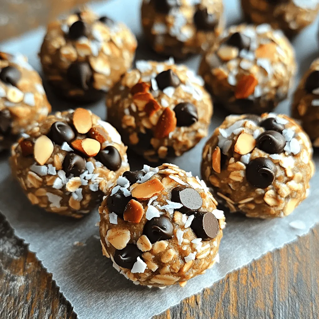To make Almond Joy Energy Bites, you need just a few simple items. Here’s what you will need: - 1 cup almond butter - 1/2 cup honey or maple syrup - 1 cup rolled oats - 1/2 cup shredded coconut - 1/2 cup dark chocolate chips - 1 tsp vanilla extract - 1/2 tsp sea salt - 1/4 cup chopped almonds These ingredients work together to create a blend of flavors and textures that remind you of the classic candy bar. The almond butter gives a rich, nutty flavor, while the honey or maple syrup adds sweetness. The oats provide a nice chew, and the chocolate adds a touch of indulgence. You can get creative with your Almond Joy Energy Bites by adding or swapping a few ingredients. Here are some options: - Add a pinch of cinnamon for warmth. - Use white chocolate chips for a different taste. - Try dried fruits like cranberries or raisins for added sweetness. - Mix in some protein powder for a health boost. These options let you personalize the bites to fit your taste and mood. Play around with these ingredients to find your favorite mix! If you have dietary needs, you can easily adjust the recipe. Here are some helpful substitutions: - Use sunflower seed butter instead of almond butter for nut allergies. - Swap honey with agave syrup or date syrup for a vegan option. - Choose gluten-free oats to make it safe for those with gluten sensitivities. - Replace dark chocolate with carob chips for a caffeine-free choice. These substitutions ensure that everyone can enjoy these tasty snacks. Don’t hesitate to make them your own! For the full recipe, check here [Full Recipe]. Start by grabbing a large mixing bowl. Add 1 cup of almond butter and 1/2 cup of honey or maple syrup. Use a spatula to mix until it is smooth. Make sure there are no lumps left. This mixture serves as the base of your bites. It should feel creamy and inviting. Next, it's time to bring in the fun flavors. Add 1 cup of rolled oats, 1/2 cup of shredded coconut, and 1/2 cup of dark chocolate chips. Also, include 1 teaspoon of vanilla extract, 1/2 teaspoon of sea salt, and 1/4 cup of chopped almonds. Stir all these together vigorously. You want a sticky mixture that holds together well. Now comes the best part! With clean hands, take about 1 tablespoon of the mixture. Roll it into a small ball. If you like, you can roll it in more chopped almonds for extra crunch. Place these balls on a baking sheet lined with parchment paper. Leave some space between each one. After you finish rolling, refrigerate the bites for at least 30 minutes. This helps them set and hold their shape. Enjoy your Almond Joy Energy Bites chilled or at room temperature! For the full recipe, check out the details above. To get the right texture, use creamy almond butter. It helps bind the bites well. If your mixture feels too dry, add a bit more honey or maple syrup. You want a sticky, yet firm mix. When you roll them, they should hold their shape but not crumble apart. Keep these bites fresh by storing them in an airtight container. You can place them in the fridge for up to a week. If you want them to last longer, freeze them. Just separate them with parchment paper to avoid sticking. They will stay good for about three months in the freezer. Serve your energy bites in a pretty bowl for a nice touch. You can sprinkle shredded coconut on top for extra flair. If you want to impress guests, arrange them on a platter. Add whole almonds around them for a colorful look. These small details make your snack feel gourmet! {{image_4}} Almond Joy Energy Bites are tasty and healthy. Each bite has about 100 calories. They contain protein, carbs, and healthy fats. Here’s a closer look: - Calories: 100 per bite - Protein: 3g - Carbohydrates: 12g - Fats: 5g - Fiber: 2g These bites give you energy without the sugar crash. Each ingredient packs a punch of nutrition. Here are some benefits: - Almond Butter: Full of healthy fats and protein. It helps keep you full. - Honey or Maple Syrup: Natural sweeteners that provide energy. - Rolled Oats: High in fiber, great for digestion and heart health. - Shredded Coconut: Contains healthy fats and adds flavor. - Dark Chocolate Chips: Rich in antioxidants. They help with mood. - Chopped Almonds: Add crunch and extra nutrients. These ingredients work together to boost your health. These energy bites fit many diets. They are easy to adapt: - Gluten-Free: Use certified gluten-free oats. - Vegan: Swap honey for maple syrup. - Nut-Free: Try sunflower seed butter in place of almond butter. You can enjoy these bites no matter your diet! You can change the taste of your Almond Joy Energy Bites easily. Adding spices makes them more fun. Try a pinch of cinnamon for warmth. You can also add a splash of almond extract for extra nutty flavor. Want a tropical twist? Add some dried pineapple or mango pieces! These little changes make each bite exciting and unique. Swapping ingredients can give you fun new flavors. If you like peanut butter, use it instead of almond butter. For sweetness, you can pick maple syrup or agave nectar. If you prefer a nut-free option, sunflower seed butter works great! You can also change the chocolate. Use milk chocolate for a sweeter bite or dark chocolate for richness. Each swap creates a new snack adventure! To make these bites vegan, swap honey for maple syrup. This keeps them sweet and plant-based. For a gluten-free option, ensure your oats are certified gluten-free. They taste just as good without wheat! These small changes let everyone enjoy Almond Joy Energy Bites, no matter their food choices. You can find the full recipe to guide you through all these variations! Almond Joy Energy Bites last about one week in the fridge. Store them in an airtight container. You can also keep them fresh by wrapping them well. If they stay longer, they might lose their great taste. Yes, you can freeze Almond Joy Energy Bites. Place them in a freezer-safe bag or container. They will stay good for up to three months. When you want to eat them, take them out and let them thaw at room temperature. You can add many things to boost the flavor of your energy bites. Try adding a pinch of cinnamon for warmth. Chia seeds or flaxseeds can add crunch and nutrition. You can also swap the dark chocolate chips for white chocolate for a sweeter bite. Feel free to get creative! For the full recipe, check out the earlier section. These Almond Joy Energy Bites are easy to make and full of flavor. We discussed key ingredients, steps for preparation, and tips to perfect the texture. You learned how to store them and even add creative twists. With their health benefits and flexible options, they fit many diets. Try making these bites for snacks or parties. Enjoy your creations and share them with friends!