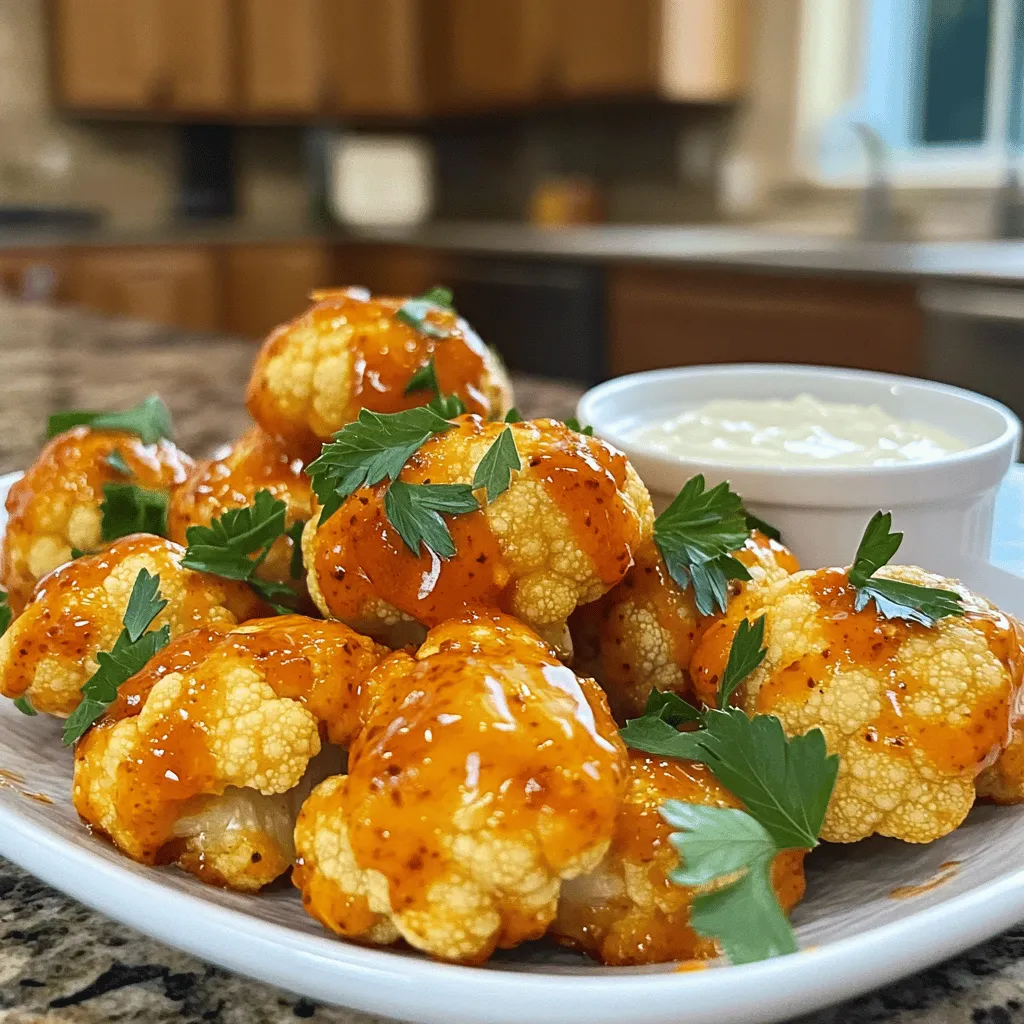 To make Air Fryer Buffalo Cauliflower, you need these basic ingredients: - 1 medium head of cauliflower - 1 cup all-purpose flour - 1 teaspoon garlic powder - 1 teaspoon onion powder - ½ teaspoon paprika - ½ teaspoon salt - ½ teaspoon black pepper - 1 cup cold water or plant-based milk - ½ cup buffalo sauce - 1 tablespoon olive oil - Optional garnishes: parsley, ranch or blue cheese dressing Each ingredient plays a key role. The cauliflower gives a great base. The flour helps create a crispy coating. Garlic and onion powder add flavor. Paprika gives it a warm hue. Salt and pepper enhance the taste. Cold water or plant-based milk helps mix the batter smoothly. Buffalo sauce brings the heat and tang. Olive oil gives that nice golden finish. Optional garnishes can add a fresh touch to your dish. For the full recipe, check out the details above. This snack is not just tasty; it’s also fun to make! - Rinse and cut cauliflower into florets. - Set florets aside in a large bowl. First, rinse the cauliflower under cold water. This step helps remove dirt and bacteria. Cut the cauliflower into bite-sized florets. Make sure they are similar in size. This ensures even cooking. Once cut, place the florets in a large bowl. - Mix dry ingredients in a bowl. - Add liquid to achieve desired consistency. In another bowl, mix the all-purpose flour, garlic powder, onion powder, paprika, salt, and black pepper. Stir until well combined. Now, pour in the cold water or plant-based milk. Mix until you get a smooth batter. It should be thick enough to coat the florets but not too thick. - Dip florets into batter. - Ensure even coating and remove excess. Take each floret and dip it into the batter. Make sure it's fully coated. Let any extra batter drip off. This helps the cauliflower get crispy when cooked. Place the coated florets on a plate. - Set temperature to 400°F (200°C). - Preheat for 5 minutes. Now, it's time to preheat your air fryer. Set the temperature to 400°F (200°C). Preheating takes about 5 minutes. This step is key for getting that nice, crispy texture. - Arrange cauliflower in air fryer basket. - Air fry for 10-12 minutes, shaking halfway. Next, arrange the florets in a single layer in the air fryer basket. Make sure they have space to cook evenly. You can lightly spray or drizzle them with olive oil. Air fry for 10-12 minutes. Shake the basket halfway through. This ensures the cauliflower cooks and crisps well on all sides. - Toss cauliflower with buffalo sauce. - Air fry for an additional 3-5 minutes. Once the cauliflower is golden brown, transfer it to a mixing bowl. Drizzle the buffalo sauce over the hot florets. Toss gently until all pieces are coated. Return the cauliflower to the air fryer. Air fry for another 3-5 minutes. This step helps the sauce set and adds a nice crisp. For the full recipe, check out the earlier section. Enjoy your delicious Air Fryer Buffalo Cauliflower! To get your buffalo cauliflower super crispy, preheating is key. Set your air fryer to 400°F (200°C) and let it warm up for about 5 minutes. This step helps the batter crisp up right away. Next, using olive oil can make a big difference. Lightly spray or drizzle the oil over the florets before cooking. This adds a nice crunch and golden color. Want to kick up the flavor? Try adding spices like cayenne pepper or smoked paprika. These give the cauliflower a unique twist. If you prefer more heat, increase the buffalo sauce. You can also reduce it if you want a milder taste. Just adjust to fit your spice level preference. Pairing is important, so think about dipping sauces. Ranch or blue cheese dressings work well to cool off the heat. You can even serve the cauliflower with a side of celery sticks for a nice crunch. For a pretty presentation, garnish with freshly chopped parsley. This adds color and makes the dish feel special. For the full recipe, check out the details to create this tasty snack! {{image_4}} You can change the flavor of your Air Fryer Buffalo Cauliflower by trying new sauces. Here are some ideas: - Alternative spicy sauces: You can use sriracha, harissa, or chipotle sauce for a unique kick. - Vegan sauce options: Look for plant-based hot sauces or mix hot sauce with maple syrup for a sweet twist. If you want to mix things up, consider using different vegetables. Some good choices include: - Other vegetables to use: Try broccoli, Brussels sprouts, or even zucchini for a fun twist. - Incorporating protein with cauliflower: Add chickpeas or tofu to your batter for extra protein and texture. Switching up your breading can add new flavors and textures. Here are two great options: - Gluten-free batter options: Use almond flour or chickpea flour for a gluten-free version. - Breading with crushed nuts or seeds: Coat your cauliflower in crushed walnuts or sunflower seeds for a crunchy topping. Experimenting with these variations can make your Air Fryer Buffalo Cauliflower even more exciting. For the full recipe and step-by-step guide, check out the [Full Recipe]. To keep buffalo cauliflower fresh, store it in an airtight container. Place it in the fridge right after it cools. This way, it stays crispy longer. You can keep it stored for about 3 to 5 days. If you plan to eat it later, be sure to seal it well. This prevents moisture from making it soggy. When reheating, I suggest using an air fryer or an oven. This method helps maintain its crispy texture. Set the air fryer to 350°F (175°C) and heat for 5-7 minutes. If using an oven, place it on a baking sheet and reheat at 350°F (175°C) for about 10 minutes. This also keeps it nice and crunchy. Avoid using the microwave as it can make the cauliflower soft. Yes, you can freeze buffalo cauliflower! To freeze it, let it cool completely first. Then, place the florets in a single layer on a baking sheet. Freeze for 1-2 hours until solid. After that, transfer them to a freezer bag. You can store it for up to 3 months. To cook from frozen, just air fry them at 400°F (200°C) for around 12-15 minutes. This will help them regain their crispiness. Enjoy your tasty snack later with no fuss! To add more heat, increase the buffalo sauce. You can also add cayenne pepper to the batter. If you enjoy garlic, try adding more garlic powder. Mixing in a bit of hot sauce before coating can also give it a nice kick. Yes! Instead of flour, you can use cornstarch or almond flour. Both will help the batter stick and create a crispy texture. Another option is to use ground oats. Just blend them until fine, and they will work well too. Absolutely! To make it vegan, use plant-based milk instead of regular milk. Replace the all-purpose flour with a gluten-free blend. Make sure your buffalo sauce is vegan-friendly. Many brands offer great options without animal products. Ranch and blue cheese dressings are classic choices. If you want something different, try a creamy avocado dip or a spicy yogurt sauce. These options balance the heat of the cauliflower nicely. Cook the cauliflower for 10-12 minutes initially, then check for doneness. If you can easily pierce a floret with a fork, it's ready. If not, air fry for 2-3 more minutes. You want it tender but still firm enough to hold its shape. This blog post shows you how to make tasty Air Fryer Buffalo Cauliflower. We covered ingredients, step-by-step instructions, tips, variations, storage info, and FAQs. The process is simple and gives you a great snack or meal option. Try customizing the spices or sauces to match your taste. Enjoy experimenting with this fun dish! Cooking can be easy and enjoyable, so dive in and taste the results!