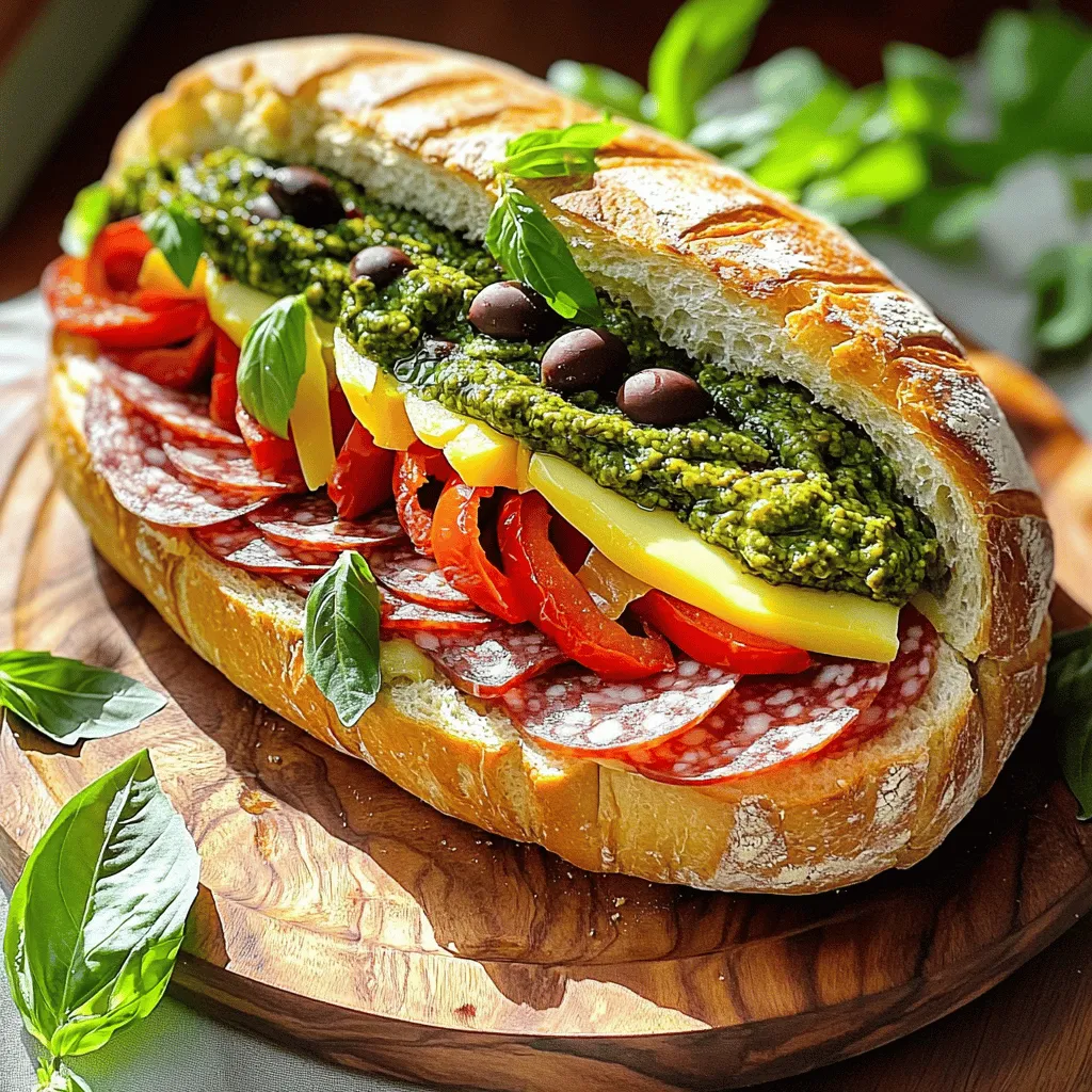 The classic muffuletta sandwich needs a few key items to shine. You’ll want a nice round loaf of Italian bread. This will be the base of your sandwich. Next, gather both green and black olives. They should be pitted and chopped finely. Roasted red peppers add a sweet touch, so grab some of those too. Garlic brings flavor, and oregano adds an Italian twist. For meats, use mortadella and salami, and don't forget provolone cheese for that creamy finish. Here’s what you need for the recipe: - 1 round loaf of Italian bread (10-12 inches) - 1 cup green olives, pitted and finely chopped - 1 cup black olives, pitted and finely chopped - 1/2 cup roasted red peppers, chopped - 2 cloves garlic, minced - 1 teaspoon dried oregano - 1/2 cup olive oil - 8 ounces mortadella, thinly sliced - 8 ounces salami, thinly sliced - 8 ounces provolone cheese, thinly sliced - Fresh basil leaves (optional) - Salt and black pepper to taste To make your sandwich pop, consider adding fresh basil. This adds a bright color and fresh flavor. You can also serve pickles or a light salad on the side. These will complement the rich flavors of the muffuletta. Enjoy the mix of tastes and textures! For the full recipe, check the Muffuletta Extravaganza 🥖. To start, gather your ingredients. You will need green olives, black olives, roasted red peppers, garlic, oregano, and olive oil. In a medium bowl, mix the green olives, black olives, roasted red peppers, minced garlic, and dried oregano. This mix gives your sandwich a fresh and zesty flavor. Slowly pour in the olive oil while you stir. This helps the flavors meld together. Season your olive salad with salt and black pepper to taste. Make sure it's well mixed. Set this aside while you prepare the bread. Now, take your round Italian bread. Carefully slice it in half horizontally. Be gentle so you don’t break it. Use your fingers or a spoon to hollow out some soft bread from both halves. This step creates more room for your filling. Spread half of your olive salad on the bottom half of the bread. Spread it evenly to cover the entire surface. Next, layer the mortadella slices over the olive salad. Then, add a layer of salami slices. Finally, top it all off with provolone cheese slices. Spoon the remaining olive salad over the cheese. This adds flavor to every bite. Once you have assembled the sandwich, place the top half of the bread back on. Press down gently to compact the layers. This helps all the flavors mix. Wrap the sandwich tightly in plastic wrap. Place it under a heavy object, like a cast-iron skillet, for about 30 minutes to 1 hour. This pressing step is key. It makes the sandwich easier to slice and enhances the taste. After pressing, unwrap the sandwich. Use a sharp knife to slice it into wedges or quarters for serving. Enjoy your classic Italian Muffuletta sandwich. For more details, check the Full Recipe. To make your classic Italian Muffuletta stand out, use fresh ingredients. Fresh olives and herbs boost the flavor. Let the olive salad sit for at least 30 minutes before spreading. This time allows all the flavors to mix well. Also, don’t skip the salt and pepper. They bring out the best in your ingredients. You can personalize your Muffuletta easily. Try different meats like ham or turkey. Add your favorite cheeses too, like mozzarella or cheddar. If you like heat, sprinkle in some crushed red pepper flakes. For a veggie twist, add more roasted red peppers or even artichokes. Think of your taste and make it yours! Having the right tools helps you make the best Muffuletta. Use a sharp bread knife for easy slicing. A mixing bowl is great for your olive salad. A spoon helps mix and spread the filling. Use plastic wrap to tightly seal your sandwich for pressing. A heavy object, like a skillet, helps compact the layers. With these tools, you’ll create a delightful sandwich every time! {{image_4}} You can enjoy a Muffuletta without meat. Start with the same bread and olive mix. Swap out the meats for tasty veggies. Consider using grilled zucchini or eggplant. You can also add marinated artichokes for extra flavor. Fresh mozzarella makes a great cheese alternative. This option keeps the classic taste while being meat-free. You can change ingredients to fit your taste. If you can’t find mortadella, use turkey or ham. For a different cheese, try mozzarella or feta. Adjust the olives based on what you have. Green olives give a nice tang, while kalamata adds depth. Don’t be afraid to mix and match! This way, you create your own special Muffuletta. Muffuletta sandwiches vary by region. In New Orleans, they use a unique olive salad. This salad often includes capers and pickled veggies. The bread may also differ, with some places using a softer roll. In other parts of Italy, you might find different meats and cheeses. Each region adds its own twist, making the Muffuletta a fun dish to explore. For the classic recipe, check out the Full Recipe. To keep your muffuletta sandwich fresh, wrap it tightly. Use plastic wrap or foil. Store it in the fridge. This helps to keep the flavors intact. Make sure to press the sandwich well before wrapping. This step makes the sandwich easier to store and enhances the taste. Leftover muffuletta can taste great again. To revive it, consider heating it slightly. Place the sandwich in a pan over low heat. Cover it with a lid to warm it through. This method helps to melt the cheese and refresh the flavors. Enjoy it warm for a delightful experience. You can freeze the muffuletta for later use. Wrap it tightly in plastic wrap and then in foil. This method protects it from freezer burn. When ready to eat, thaw it in the fridge overnight. After that, heat it up in an oven for the best taste. This option keeps the sandwich delicious even after freezing. A Muffuletta sandwich is a tasty Italian creation. It features layers of meats and cheese. The sandwich includes a special olive salad spread. This mix gives it a unique flavor. You usually serve it on round Italian bread. The bread holds all the yummy fillings together. It comes from New Orleans but has Italian roots. People love it for its bold taste and easy preparation. You can make Muffuletta ahead to save time. First, prepare the olive salad and let it chill. This helps the flavors blend well. Next, assemble the sandwich but do not cut it yet. Wrap it tightly in plastic wrap. Place a heavy object on top. This helps press the sandwich and meld the flavors. You can keep it in the fridge. It stays fresh for a day or two. Just slice it when you are ready to serve. Muffuletta sandwiches taste great with various sides. Here are some ideas: - A light salad with vinaigrette - Tangy pickles for a crunchy bite - Potato chips for some extra crunch - Roasted vegetables for a healthy option - Antipasto platter with cheese and olives These sides enhance the flavors of your Muffuletta and make your meal complete. Enjoy the mix of flavors! For a full recipe, check out the Muffuletta Extravaganza 🥖. We explored the key ingredients and steps to make a perfect Muffuletta sandwich. I shared tips for adding flavor and personalizing your creation. We also looked at variations, including vegetarian options and regional styles. Lastly, I provided storage advice for keeping your Muffuletta fresh. Making this sandwich is fun and rewarding. Enjoy your delicious Muffuletta, whether you eat it now or save it for later!