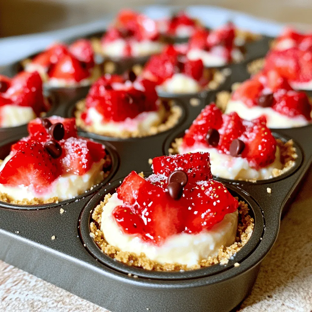 - 1 cup fresh strawberries - 8 oz cream cheese Fresh strawberries bring bright flavor and color to the bites. Choose ripe, sweet strawberries for the best taste. The cream cheese gives that creamy, rich texture we all love in cheesecake. Make sure it is softened to mix easily. - 1 tablespoon granulated sugar - 1/4 cup powdered sugar - 1 teaspoon pure vanilla extract Use granulated sugar to sweeten the strawberries. This helps release their juices, creating a nice syrup. The powdered sugar adds smoothness to your cheesecake filling. Pure vanilla extract gives it a warm, inviting flavor that makes everything better. - 1 cup graham cracker crumbs - 2 tablespoons unsalted butter - 1/2 teaspoon ground cinnamon - Pinch of salt Graham cracker crumbs form the base of these bites. Mix them with melted butter for a rich taste. Ground cinnamon adds warmth, while a pinch of salt balances the sweetness. This combination creates a delightful crunch. - 1/4 cup mini chocolate chips (optional) If you want a chocolate twist, add mini chocolate chips. They add extra sweetness and a fun crunch. This option makes the bites even more exciting. Don't hesitate to play with flavors! For the full recipe, check out [Full Recipe]. Start by tossing 1 cup of finely chopped strawberries with 1 tablespoon of granulated sugar. This step helps the strawberries create a sweet syrup as they sit. Allow this mixture to rest for about 10 minutes. The sugar will draw out their juices, making them juicy and sweet. In a medium bowl, beat 8 ounces of softened cream cheese until it's smooth and creamy. Next, add in 1/4 cup of powdered sugar and 1 teaspoon of pure vanilla extract. Mix until everything is combined and fluffy. Gently fold in 1/2 cup of whipped cream with a spatula. This makes the filling light and airy. In a separate bowl, mix 1 cup of finely crushed graham cracker crumbs with 2 tablespoons of melted butter, 1/2 teaspoon of ground cinnamon, and a pinch of salt. Stir until all ingredients come together. You want the mixture to clump when you press it between your fingers. This will form a great crust. Line a mini muffin tin with cupcake liners. Take a tablespoon of the graham cracker mixture and press it firmly into the bottom of each liner. This forms the first layer. Then, spoon a generous layer of the sugared strawberries over the crust. Follow this by adding the cheesecake filling on top, smoothing it out with a spatula. Place the muffin tin in the refrigerator and let the bites chill for at least 2 hours. This allows them to set and firm up. Once chilled, carefully lift each cheesecake bite from the muffin tin. You can serve them in their cupcake liners for a fun look or on a platter for a classy touch. Don't forget to check out the Full Recipe for more details! To get the best cheesecake bites, start with softened cream cheese. If it’s cold, it won’t mix well. You want it smooth and creamy. This makes your filling light and fluffy. When you fold in whipped cream, do it gently. Use a spatula and lift from the bottom. This keeps air in the mixture, making it fluffy and light. If you stir too hard, the cream will deflate. For leftovers, keep them in an airtight container. This keeps them fresh for up to four days. You can also use plastic wrap. Just make sure it’s sealed tight. To prevent a soggy crust, use parchment paper in the muffin tin. This helps keep moisture away. You can also chill the crust before adding the filling. This helps it stay crunchy. Garnish your bites with a sprig of fresh mint. It adds a nice pop of color. You can also drizzle strawberry syrup over them for sweetness. These tasty bites pair well with coffee or dessert wine. The flavors blend nicely, making each bite a delight. Enjoy your treats with a warm drink or a sweet sip! {{image_4}} You can change the fruit in these bites. Raspberries or blueberries work well. They add a fresh twist. You can also try citrus flavors. Lemon or lime zest brings a bright taste. Just mix these fruits in the same way as the strawberries. The crust can be fun to switch up. Using chocolate graham crackers gives a rich flavor. You can also try gluten-free crust options. Almond flour or oat flour works well for a gluten-free base. Just mix with butter, and you’re set! If you want a vegan version, use cream cheese substitutes. Look for brands made from cashews or soy. For whipped cream, choose a plant-based alternative. Coconut cream or almond whipped cream are great choices. These swaps keep the flavor while making it dairy-free. For the full recipe, check the main section! Store your Strawberry Cheesecake Crunch Bites in the fridge for up to five days. Keep them fresh in an airtight container. This helps maintain their flavor and texture. I recommend using a glass container for the best results. It lets you see the bites and keeps them safe from other odors. Yes, you can freeze these cheesecake bites! They freeze well and make a great treat later. To freeze, place them in a single layer on a baking sheet. Once frozen, transfer them to a freezer-safe bag. Remove as much air as possible before sealing. This keeps them fresh for about three months. To thaw, simply move a few bites to the fridge for a few hours. You can also let them sit at room temperature for about 30 minutes. Serve them cool for the best taste. You can check the Full Recipe for more details on preparing and serving these bites! To make Strawberry Cheesecake Crunch Bites, follow these key steps: 1. Prepare the Strawberries: Mix chopped strawberries with sugar. Let them sit to make syrup. 2. Make the Cheesecake Filling: Beat cream cheese until smooth. Add powdered sugar and vanilla. Fold in whipped cream gently. 3. Combine Crust Ingredients: Mix graham cracker crumbs, melted butter, cinnamon, and salt until clumpy. 4. Assemble: Layer the crust, add strawberries, and top with cheesecake filling. 5. Chill: Refrigerate for at least 2 hours to set. These steps create a tasty treat that is fun to share. You can find the full recipe for more details. Yes, you can use frozen strawberries! Just thaw and drain them first. This helps to avoid excess liquid. Fresh strawberries taste great, but frozen ones work well too. The flavor will still be sweet and delicious. If you lack graham crackers, try these alternatives: - Digestive biscuits: They offer a similar crunch. - Vanilla wafers: These add a nice flavor twist. - Oatmeal cookies: Crushed oatmeal cookies can work too for a chewy texture. Get creative with your crust! To make Strawberry Cheesecake Crunch Bites healthier: - Reduce the sugar: Use less granulated and powdered sugar. - Swap cream cheese: Try low-fat or Greek yogurt. - Use whole grain crumbs: Choose whole wheat or oat crumbs instead. These tweaks help cut calories while keeping the flavor! Yes! You can adapt these bites for special diets: - Gluten-Free: Use gluten-free graham crackers or alternative crusts. - Dairy-Free: Substitute with dairy-free cream cheese and whipped cream. These options make it easy for everyone to enjoy a sweet treat! These strawberry cheesecake crunch bites are both simple and delicious. You learned how to make them using fresh strawberries, cream cheese, and a crunchy crust. I shared tips for perfect texture and storage. Plus, you can adapt this recipe with different fruits or crusts. With easy variations, everyone can enjoy these bites. So, gather your ingredients and start making a sweet treat today! Trust me; they will impress your friends and family. Enjoy the process and the tasty results!