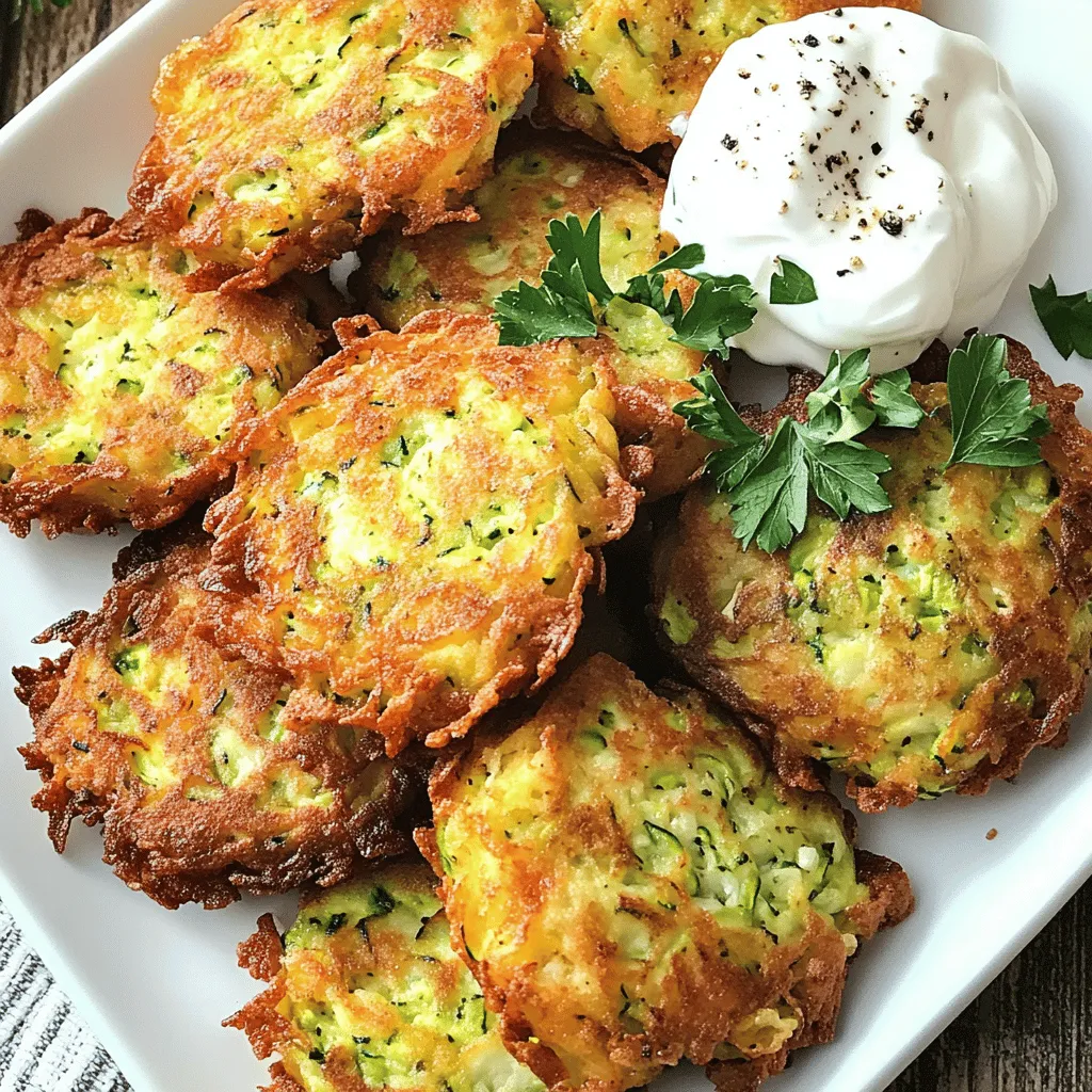 - 2 medium zucchinis - 1 teaspoon salt - 1 cup all-purpose flour - 1/2 cup grated Parmesan cheese - 2 large eggs - 1/4 cup freshly chopped parsley - 2 green onions - 1 teaspoon garlic powder - 1/2 teaspoon black pepper - Vegetable oil for frying Fresh vs. frozen zucchini Use fresh zucchini for the best taste and texture. Frozen zucchini has more water and may make your fritters soggy. Substitutions for gluten-free options You can use gluten-free flour instead of all-purpose flour. Almond flour works well, too. Choosing the right Parmesan cheese Use fresh grated Parmesan for the best flavor. Pre-grated cheese may lack the same taste and texture. Fresh cheese melts better, adding to the fritters' crispiness. For the full recipe, check out the details above. Enjoy making these delicious crispy zucchini fritters! First, you need to prepare the zucchini. Start by grating two medium zucchinis. Place the grated zucchini in a large bowl and sprinkle it with one teaspoon of salt. Stir it well and let it sit for about ten minutes. This step draws out excess moisture from the zucchini, which is key for crispy fritters. Next, after ten minutes, take a clean kitchen towel. Use it to squeeze the zucchini mixture carefully. Remove as much liquid as you can. This step is crucial. Too much moisture will make your fritters soggy instead of crispy. Now, it’s time to mix the batter. Return the drained zucchini to the mixing bowl. Add in one cup of all-purpose flour, half a cup of grated Parmesan cheese, and two large eggs. Also, include a quarter cup of freshly chopped parsley, two finely sliced green onions, one teaspoon of garlic powder, and half a teaspoon of black pepper. Mix everything thoroughly until you have a thick batter. It should be well combined and easy to scoop. Heat a large skillet over medium heat. Pour in about two to three tablespoons of vegetable oil until it shimmers. This indicates it's hot enough for frying. Once the oil is ready, take a 1/4 cup measuring scoop. Use it to portion the batter into the skillet. Then, gently flatten each mound with the back of a spatula. Make sure not to overcrowd the skillet, as this can ruin the crispiness. Fry the fritters for about three to four minutes on each side. You want them to become golden brown and crispy. Once cooked, transfer the fritters to a plate lined with paper towels. This helps absorb any extra oil. Continue frying the remaining batter, adding more oil if needed to keep the temperature right. For the full recipe, check the complete guide. To make your crispy zucchini fritters, moisture removal is key. Start by grating the zucchinis and sprinkling them with salt. Let them rest for about 10 minutes. This step helps pull out extra water. After resting, grab a clean kitchen towel. Squeeze the zucchini mixture tightly to remove as much moisture as possible. The drier your zucchini, the crispier your fritters will be! Next, pay close attention to your frying temperature. Heat the vegetable oil in your skillet until it shimmers. A medium heat works best. If the oil is too cool, the fritters may absorb too much oil and turn soggy. If it’s too hot, they may burn on the outside before cooking through. Now, let’s talk about serving. Zucchini fritters taste great with dips! A dollop of sour cream or Greek yogurt adds a nice creaminess. You might also try a tangy tzatziki sauce for a fresh twist. For a complete meal, serve the fritters with a light salad or roasted vegetables. A mix of greens with a splash of lemon juice can balance the flavors perfectly. If you're feeling adventurous, pair them with a spicy aioli for an extra kick. For the full recipe, check the ingredients and steps earlier in this article. Enjoy your cooking! {{image_4}} You can change the taste of your crispy zucchini fritters with a few easy tweaks. Here are some fun ideas: - Adding different herbs and spices: Try adding fresh basil, dill, or oregano. A pinch of cayenne can give it a nice kick. Experiment with what you like! - Incorporating other vegetables: Mix in grated carrots or bell peppers. You can even add corn for a sweet touch. Each vegetable brings its own flavor and texture. If you want to make your fritters fit your diet, here are some ideas: - Vegan alternatives for eggs: Use flaxseed meal mixed with water. This mix works well as an egg substitute. Combine 1 tablespoon of flaxseed meal with 2.5 tablespoons of water. Let it sit for a few minutes until it thickens. - Low-carb adaptations using almond flour: Swap out the all-purpose flour for almond flour. This gives your fritters a nutty flavor and keeps them low in carbs. You may need to adjust the amount slightly, so start with less and add as needed. Explore these variations to make your crispy zucchini fritters truly your own. For the full recipe, check out the earlier sections! To store leftover fritters, first let them cool. Place them in an airtight container. Store the container in the fridge. Leftover fritters can stay fresh for up to three days. When you want to reheat them, use an oven or skillet. Reheating in these ways keeps them crispy. Avoid using a microwave, as it can make them soggy. If you want to freeze fritters, first let them cool completely. Place them in a single layer on a baking sheet. Put the sheet in the freezer for about an hour. Once frozen, transfer them to a freezer bag. This method helps prevent them from sticking together. When you're ready to eat them, reheat directly from the freezer. Bake them in the oven at 375°F (190°C) for about 15-20 minutes. This ensures they stay crispy and delicious. How do I keep my zucchini fritters from becoming soggy? To avoid soggy fritters, squeeze out as much moisture as possible from the zucchini. After grating, sprinkle the zucchini with salt and let it rest for about 10 minutes. This step helps draw out excess water. Then, use a clean kitchen towel to squeeze the zucchini dry. Can I use a different type of cheese? Yes, you can use other cheeses like feta or cheddar. Each cheese adds a unique flavor. If you want a stronger taste, try a sharp cheese. What can I serve with crispy zucchini fritters? Crispy zucchini fritters pair well with sour cream, Greek yogurt, or homemade tzatziki. You can also serve them alongside a fresh salad for a light meal. How long do zucchini fritters last in the fridge? These fritters last about 3 to 4 days in the fridge. Store them in an airtight container to keep them fresh. Can I make these fritters ahead of time? Yes, you can make the batter ahead of time. Just store it in the fridge for up to 24 hours. You can fry them fresh when you are ready to eat. How to test if the oil is hot enough? To check if the oil is ready, drop a small amount of batter into the oil. If it sizzles right away, the oil is hot enough. If not, wait a bit longer. What if my batter is too wet? If your batter seems too wet, add a little more flour. Mix it in until you reach a thick consistency. This will help the fritters hold their shape while frying. In this blog post, we explored how to make delicious zucchini fritters. We listed simple ingredients like zucchini, flour, and eggs. I shared step-by-step instructions to prep, mix, and fry your fritters perfectly. You learned tips for extra crispiness and how to serve them well. Remember, cooking can be fun and creative. Feel free to try different herbs or veggies in the recipe. Whether you're serving them fresh or storing leftovers, these fritters will impress. Now it's your turn to enjoy making and sharing these tasty bites!