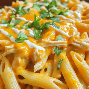 To make this tasty dish, gather these key ingredients: - 8 oz (225 g) penne pasta - 2 cups cooked chicken, shredded (use rotisserie chicken for better flavor) - 1/2 cup buffalo sauce (choose the heat level you like) - 1 cup cream cheese, softened - 1 cup shredded sharp cheddar cheese - 1/2 cup ranch dressing (homemade or store-bought) - 1/2 tsp garlic powder - 1/2 tsp onion powder - Salt and pepper to taste These ingredients create a rich and creamy sauce that blends perfectly with the pasta and chicken. For the finishing touch, consider these garnishes: - 2 green onions, sliced finely - Fresh parsley, chopped These garnishes add color and freshness to your dish, making it even more appetizing. You can easily adjust the recipe to fit different diets: - Gluten-free: Use gluten-free pasta instead of penne. - Dairy-free: Substitute cream cheese and cheddar with plant-based options. - Low-carb: Replace pasta with zucchini noodles or spaghetti squash. These substitutions let anyone enjoy this dish without missing out on flavor. To see the full recipe, check it out here: [Full Recipe]. Start by boiling water in a large pot. Use about 4 quarts of water and add salt. Once it boils, add 8 oz of penne pasta. Cook for 10-12 minutes until it is al dente. Drain the pasta in a colander and set it aside. This pasta will hold the sauce nicely. In a large skillet, heat shredded chicken with 1/2 cup buffalo sauce over medium heat. Stir the chicken well, making sure it is fully coated. Heat the chicken for 3-4 minutes. This lets the chicken soak up the flavor of the sauce. Reduce the heat to low. Add 1 cup of softened cream cheese into the skillet with the chicken. Stir with a spatula until the cream cheese is melted. This makes the sauce creamy and smooth. Once melted, add 1 cup of shredded sharp cheddar cheese and 1/2 cup of ranch dressing. Mix until the cheese melts and the sauce is smooth. Then add 1/2 tsp garlic powder and 1/2 tsp onion powder. Season with salt and pepper to taste. Now, add the drained pasta to the skillet. Gently toss the pasta in the sauce. Make sure every piece is coated well with the creamy buffalo mixture. Cook for another 2-3 minutes on low heat, stirring often. This heats everything through and blends the flavors. Taste the pasta and adjust seasoning if needed. Serve hot in bowls, garnished with sliced green onions and fresh parsley. Enjoy your buffalo chicken pasta! To boost flavor in your buffalo chicken pasta, think about layering tastes. Use fresh herbs like parsley or chives. They add brightness to the dish. Also, consider adding a splash of lemon juice. It can cut through the richness of the cream cheese. If you enjoy heat, try using spicy cheese or adding jalapeños. You can even mix in some diced celery for a nice crunch. Cooking techniques can change how your dish turns out. When cooking the pasta, remember to salt the water. This adds flavor right from the start. For the sauce, keep the heat low when adding cream cheese. This helps it melt without burning. Always stir gently to combine the ingredients well. This way, you keep the sauce creamy and smooth. One common mistake is overcooking the pasta. Aim for al dente to keep the texture. Drain the pasta well, but don’t rinse it. Rinsing can wash away the starch, which helps the sauce stick. Another mistake is not tasting the sauce. Always taste as you go. Adjust with more buffalo sauce or seasoning if needed. Trust your taste buds to guide you! {{image_4}} You can make a delicious vegetarian version of Buffalo Chicken Pasta. Instead of chicken, use roasted cauliflower or chickpeas. Both options add a nice texture. Toss them in buffalo sauce just like you would with chicken. This keeps the dish spicy and flavorful. You still get the creamy sauce by using the same ingredients. Cream cheese, ranch, and cheddar cheese work great. This way, you can enjoy the full buffalo flavor, minus the meat. If you like it spicy, add more buffalo sauce. You can also mix in some hot sauce. For a milder dish, use less buffalo sauce. Mixing in a bit of blue cheese dressing can balance out the heat. Always taste as you go. This way, you find the perfect heat level for your palate. Everyone's taste is different, so adjust to what you like best. Penne pasta is great, but you can use other shapes too. Bowtie, rotini, or even spaghetti works well. The key is to pick a pasta shape that holds sauce well. Each shape brings a different texture and bite. Just make sure to cook it al dente for the best results. This keeps your pasta from getting mushy in the creamy sauce. Experiment with your favorite shapes for fun and variety! For more details, check out the Full Recipe. To store your buffalo chicken pasta, let it cool completely. Place it in an airtight container. This helps keep flavors fresh. You can store it in the fridge for up to 3 days. If you want to keep it longer, consider freezing. To reheat your leftovers, use the microwave or a skillet. If using a microwave, heat on medium power. Stir every minute until it is hot. If using a skillet, add a splash of water or broth. Heat over low heat, stirring often, until warm. This keeps the pasta from drying out. You can freeze buffalo chicken pasta for up to 3 months. Use a freezer-safe container or heavy-duty freezer bag. Make sure to remove as much air as possible. When ready to eat, thaw it overnight in the fridge. Then, reheat it using the instructions above. Check the Full Recipe for more delicious ideas! To make Buffalo Chicken Pasta from scratch, you follow these simple steps. First, cook the penne pasta in salted water until al dente. Drain the pasta and set it aside. In a skillet, mix shredded chicken with buffalo sauce. Heat it for a few minutes. Then, add cream cheese to the mixture. Stir until it melts into a creamy sauce. Next, mix in shredded cheddar cheese and ranch dressing. Season with garlic powder, onion powder, salt, and pepper. Finally, combine the pasta with the sauce and serve hot. For the full recipe, check out the details above. The best sides for Buffalo Chicken Pasta include a fresh salad, garlic bread, or steamed veggies. A crunchy green salad adds a nice contrast. Garlic bread helps soak up the sauce. You can also serve it with celery sticks or carrot sticks for a cool crunch. Yes, you can make Buffalo Chicken Pasta ahead of time. Prepare the dish and let it cool. Store it in an airtight container in the fridge. It stays good for up to three days. When ready to eat, reheat it in the microwave or on the stovetop. Buffalo Chicken Pasta can be healthy, depending on your ingredients. Using whole-grain pasta boosts fiber. Adding more veggies increases nutrients. However, the cream cheese and ranch dressing can add calories. Balance it with fresh ingredients or lighter sauces if you want a healthier option. To make Buffalo Chicken Pasta spicier, add more buffalo sauce. You can also mix in red pepper flakes or hot sauce. Chopped jalapeños or sliced habaneros bring extra heat too. Just remember to taste as you go to find your perfect spice level! Buffalo chicken pasta is a fun and tasty dish. We covered its key ingredients, from the base pasta to yummy garnishes. I shared simple steps to cook and combine everything right. Remember the tips to avoid mistakes and enhance the taste. You can also explore variations for different diets and heat levels. Store leftovers well for future meals. With these easy steps, you can create your own buffalo chicken pasta at home. It's a dish that brings joy to any table. Enjoy making it your way!