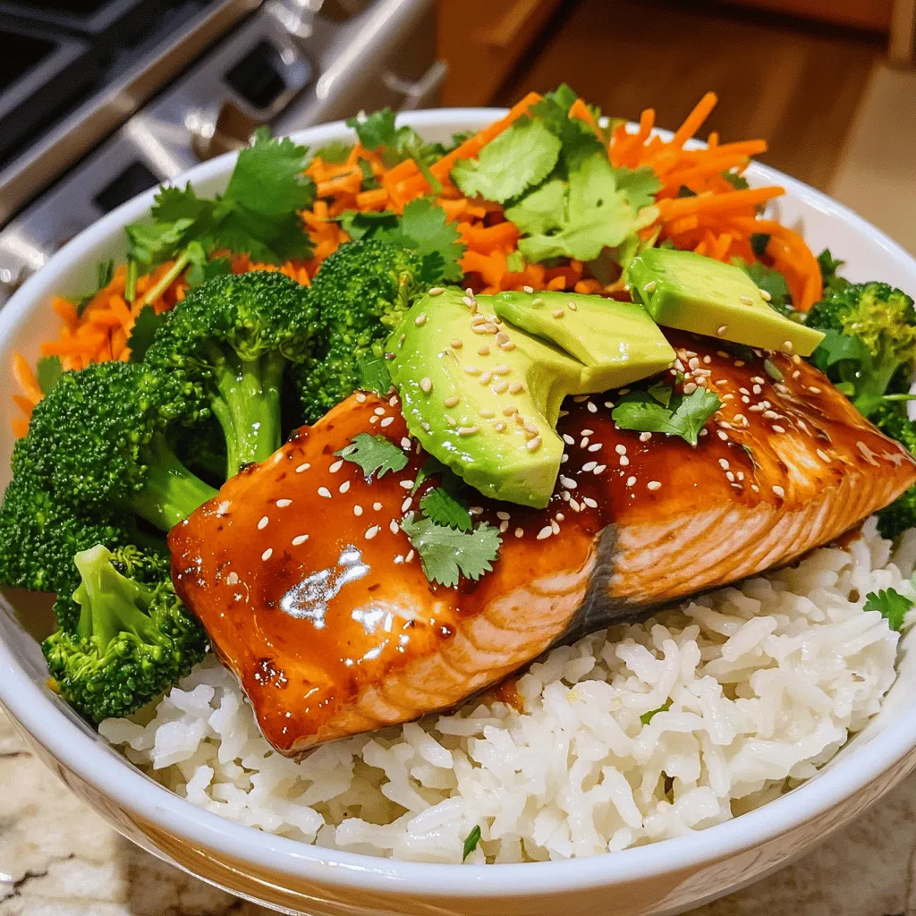 - 2 salmon fillets (6 oz each) - 2 tablespoons honey - 2 tablespoons sriracha sauce - 1 tablespoon soy sauce - 1 cup cooked jasmine rice (or brown rice) - 1 cup steamed broccoli florets - 1 cup shredded carrots - 1 ripe avocado, sliced - 1 tablespoon sesame seeds - Fresh cilantro, chopped, for garnish - Other vegetables (e.g., bell peppers, snap peas) - Different grains (e.g., quinoa or farro) - Nuts or seeds for extra crunch The Honey Sriracha Salmon Bowls are packed with flavor and easy to make. You need fresh salmon fillets, honey, and sriracha. The honey adds sweetness, while the sriracha gives heat. Soy sauce adds umami depth, making every bite special. You can serve this over jasmine or brown rice for added texture. For toppings, I love using steamed broccoli and shredded carrots. They add color and nutrients. Sliced avocado brings creaminess, while sesame seeds add a nice crunch. Fresh cilantro gives a burst of flavor and liveliness to the dish. You can also make it your own with optional add-ins. Try bell peppers or snap peas for extra color and taste. Quinoa or farro can change up the base grain. For more texture, toss in some nuts or seeds. Explore these choices to make your meal unique and satisfying. For the full recipe, check out the detailed instructions to create your own Honey Sriracha Salmon Bowls! - Preheat your oven to 400°F (200°C). - Line a baking sheet with parchment paper for easy cleanup. - In a bowl, whisk together: - 2 tablespoons honey - 2 tablespoons sriracha sauce - 1 tablespoon soy sauce This glaze will add that sweet and spicy kick to the salmon. - Place the salmon fillets skin-side down on the baking sheet. - Brush the glaze generously over each fillet. Make sure they are well-coated. - Bake in the oven for 12-15 minutes. The salmon is ready when it flakes easily with a fork. - Start by dividing 1 cup of cooked jasmine rice between two bowls. - Add 1 cup of steamed broccoli florets and 1 cup of shredded carrots on top of the rice. - Slice 1 ripe avocado and place it in each bowl. - Once the salmon is done, add one fillet to each bowl. - Drizzle any leftover glaze from the baking sheet over the salmon for more flavor. - Finally, sprinkle sesame seeds and chopped cilantro on top. Serve with lime wedges for a zesty touch. This recipe is simple and full of flavor. You can find the Full Recipe for more details. Enjoy your meal! To check if your salmon is done, use a fork. Gently poke the fillet. If it flakes easily, it’s ready. The fish should be opaque and not translucent. This means it’s cooked through. For a caramelized surface, brush on extra glaze before baking. The honey helps create a nice crust. You can also broil the salmon for the last few minutes. This adds color and a bit of crunch. Just keep an eye on it to avoid burning. You can prepare many components ahead of time. Cook the rice and steam the broccoli a day before. Store them in airtight containers in the fridge. This saves time on busy days. For leftovers, cool the salmon and veggies first. Then, place them in a container. To keep them fresh, eat leftovers within three days. Reheat gently in the microwave or oven. Want to add more flavor? Try mixing in a bit of lime juice with the glaze. It gives a zesty kick. You can also sprinkle on some chili flakes for heat. Pair your bowls with a side salad or pickled vegetables. They add crunch and balance to the meal. You can also serve with a dash of soy sauce for extra umami. {{image_4}} To make this dish gluten-free, simply swap out the soy sauce for tamari. Tamari tastes similar but is made without wheat. This change allows everyone to enjoy the sweet and spicy flavors without worrying about gluten. If you prefer a vegan version, replace the salmon with tofu. Choose firm tofu for the best texture. Cut the tofu into thick slices and follow the same glazing and baking steps. Adjust cooking times, as tofu may need a bit more time to crisp up. Aim for about 20 minutes in the oven, checking for a golden color. Want more heat? You can easily modify the amount of sriracha. Start with one tablespoon and taste the glaze. If you like it spicier, add more sriracha a little at a time. You can also add fresh chili slices or red pepper flakes for extra kick. Just be careful; it’s easy to make it too hot! To keep your Honey Sriracha Salmon Bowls fresh, store them in airtight containers. This helps prevent moisture loss and keeps flavors intact. Make sure to let the salmon cool before sealing. I recommend using glass containers. They don’t stain and are easy to clean. Reheating salmon can be tricky. To avoid drying it out, use the oven. Preheat it to 275°F (135°C). Place the salmon on a baking sheet and cover it with foil. Heat for about 15 minutes or until warm. For the rice and veggies, microwave them in a bowl with a splash of water. Cover with a damp paper towel and heat for 1-2 minutes. If you want to freeze your salmon bowls, do it right after cooking. Use freezer-safe containers to avoid freezer burn. Label them with the date. When ready to eat, move the bowl to the fridge overnight to thaw. Reheat as mentioned above for the best taste. Yes, you can prep these bowls ahead. Cook the salmon and rice in advance. Store them separately in the fridge. You can also chop the veggies early. Just add them when you're ready to eat. This saves time on busy days. If you want to change the fish, try using tilapia or trout. These options cook similarly. You can also use chicken or tofu. Both will soak up the honey sriracha glaze well. Adjust cooking times for these proteins. To reduce spice, use less sriracha in the glaze. Try mixing honey with soy sauce only. You can also add a bit of lime juice. This adds flavor without too much heat. For a milder kick, use sweet chili sauce instead. To wrap it up, we explored how to make delicious Honey Sriracha Salmon Bowls. We covered the main ingredients, like salmon and honey sriracha, and how to prep them. I shared tips on baking salmon and assembling your meal with veggies and toppings. You learned about meal prep and storage to keep your food fresh. Don't hesitate to try variations, whether gluten-free, vegan, or less spicy. Enjoy these bowls as a flexible dish that fits many tastes and preferences! Dive in and make a meal that you'll love!