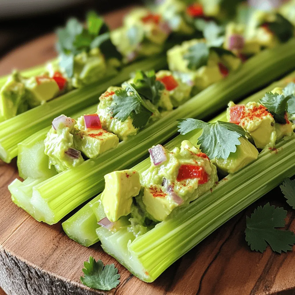 - Celery stalks: Use 6 fresh stalks. They should be crisp and green. Cut them into 4-inch pieces for easy handling. - Creamy avocado filling components: This filling is the star. You need 1 ripe avocado, 1/2 cup Greek yogurt, and 1 tablespoon lemon juice. Add 1/4 cup finely diced red bell pepper and 1/4 cup finely diced red onion for crunch. Don't forget 2 tablespoons of chopped cilantro and 1/4 teaspoon garlic powder for flavor. - Optional toppings and seasonings: You can add salt and pepper to taste. If you like spice, try crushed red pepper flakes to give it a kick. Using fresh ingredients makes the dish stand out. The creamy avocado filling balances the crunchy celery perfectly. For the full recipe, check out the detailed steps in the cooking section. To make stuffed celery, start with fresh ingredients. You need six stalks of celery, an avocado, and Greek yogurt. The creamy filling combines flavors and textures. First, wash and cut the celery into 4-inch pieces. This size is perfect for filling and eating. Next, grab a mixing bowl and add the ripe avocado. Use a fork to mash the avocado. Aim for a smooth mix, but keep some small chunks for texture. Now, add 1/2 cup of creamy Greek yogurt and 1 tablespoon of freshly squeezed lemon juice. Mix these until creamy and well combined. The yogurt adds tang, and the lemon brightens the flavor. Next, fold in 1/4 cup of finely diced red bell pepper and 1/4 cup of finely diced red onion. Add 2 tablespoons of chopped cilantro, 1/4 teaspoon of garlic powder, and salt and pepper to taste. If you like heat, sprinkle in some crushed red pepper flakes. Mix gently to keep the chunks intact. Now, it's time to fill the celery. You can use a spoon or a piping bag for a neat look. Carefully stuff each piece with the creamy avocado mix. Make sure each piece is generously filled. For the final touch, arrange the stuffed celery on a serving platter. You can garnish with extra cilantro leaves or a light dusting of paprika. This adds color and makes the dish look fancy. Serve chilled for a refreshing appetizer that everyone will love! For the full recipe, check the details above. To make your stuffed celery truly shine, focus on enhancing both flavor and texture. Select an avocado that feels slightly soft when you squeeze it gently. A ripe avocado gives a rich, creamy texture. This smoothness pairs perfectly with crunchy celery. If your avocado is too firm, let it ripen on the counter for a couple of days. Seasoning matters! Use a mix of salt, pepper, and garlic powder to elevate the taste. Fresh lemon juice adds brightness and cuts through the creaminess. Add crushed red pepper flakes for some heat if you like spice. Taste as you go, and adjust to your liking. For a fun twist, serve your stuffed celery with a dip on the side. A zesty yogurt dip or a tangy salsa complements the flavors nicely. You could also add a sprinkle of paprika or extra cilantro on top for color and flair. Arrange the celery on a colorful platter for a feast for the eyes. For the complete recipe, check out the [Full Recipe] section of this article. {{image_4}} Stuffed celery can be exciting with many different fillings. You can create unique taste experiences by swapping out the main ingredients. Here are some fun options to try. - Cheese-based fillings: Cream cheese is a classic choice. It adds rich creaminess. Mix it with herbs for more flavor. You can also use goat cheese or feta for a tangy twist. - Nut and seed options: Nuts like walnuts or almonds provide a nice crunch. You can chop them finely and mix them into your filling. Sunflower seeds and pumpkin seeds also work well for a nut-free option. - Vegetarian and vegan adaptations: For a plant-based filling, mash chickpeas with tahini. This gives a creamy texture and adds protein. You can also blend silken tofu with spices for a tasty vegan spread. These variations let you customize stuffed celery for any occasion. Feel free to mix and match ingredients based on what you have at home. Each filling can change the flavor and texture, making the dish fresh and fun each time you serve it. To keep your stuffed celery fresh, start by placing it in an airtight container. This helps lock in moisture and prevents the filling from drying out. If you don’t have a container, you can wrap the celery pieces tightly in plastic wrap. Best practices for refrigeration: - Always refrigerate stuffed celery within two hours of preparation. - Keep it in the coldest part of your fridge. - Store it away from strong-smelling foods to avoid flavor transfer. Reheating methods (if applicable): Stuffed celery is best served cold. If you want to warm it, heat the filling separately and refill the celery. Avoid microwaving the celery directly, as it can become soggy. Shelf life of filled celery: Leftover stuffed celery usually lasts about 2-3 days in the fridge. After that, the texture and taste may decline. Always check for any signs of spoilage before eating. For a full recipe, check out the details provided earlier. Enjoy your cooking! Can I make stuffed celery ahead of time? Yes, you can prepare stuffed celery a few hours before your event. Just keep it in the fridge. This helps the flavors blend. However, I suggest not filling it too far in advance. If you do, the celery might lose its crunch. What else can I stuff in celery? You can get creative! Try cream cheese mixed with herbs. Hummus is another great option. For a protein boost, use tuna salad or chicken salad. You can even stuff celery with peanut butter and raisins for a sweet treat! How do I keep stuffed celery from getting soggy? To avoid soggy celery, store the filling separately. Fill the celery just before serving. You can also use thicker spreads. This helps maintain the celery's crispness. If you want to prep in advance, keep the celery dry and the filling cool. For a delicious and easy recipe, check out the Full Recipe for my creamy avocado stuffed celery delight! Stuffed celery is a fun and easy snack. We covered key ingredients like celery and avocado. Then, we looked at step-by-step instructions for making it. I shared tips to enhance its flavor and texture, along with creative serving ideas. You can also mix it up with different fillings. Lastly, we talked about storing any leftovers safely. Enjoy making stuffed celery your own!