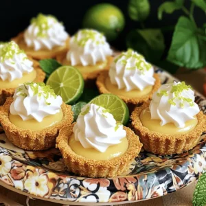 To make Mini Key Lime Pies, you’ll need these ingredients: - 1 cup graham cracker crumbs - 1/4 cup granulated sugar - 1/2 cup unsalted butter, melted - 1 (14-ounce) can sweetened condensed milk - 1/2 cup key lime juice (freshly squeezed preferred) - 2 large egg yolks - Whipped cream, for topping - Lime zest, for garnish These items come together to create a rich and zesty flavor that shines through. You can easily adjust this recipe to suit your taste. Here are some fun ideas: - Coconut flakes for a tropical twist - A pinch of sea salt for added depth - Fresh berries for a colorful touch - A splash of orange juice for a unique flavor Feel free to get creative and make this dessert your own! Using quality ingredients makes a difference in taste. Here are my top picks: - For graham crackers, try Honey Maid for a classic flavor. - Use Land O'Lakes unsalted butter for the best richness. - For sweetened condensed milk, Eagle Brand is a reliable choice. - Look for Nellie & Joe's Famous Key West Lime Juice for fresh taste. These brands help ensure your mini pies taste amazing! First, gather your ingredients. You will need: - 1 cup graham cracker crumbs - 1/4 cup granulated sugar - 1/2 cup unsalted butter, melted - 1 (14-ounce) can sweetened condensed milk - 1/2 cup key lime juice (freshly squeezed preferred) - 2 large egg yolks - Whipped cream, for topping - Lime zest, for garnish Next, grab your mini muffin tin. This will shape your pies. Preheat your oven to 350°F (175°C). This step is key for a good crust. In a medium bowl, mix the graham cracker crumbs and sugar. Pour in the melted butter. Stir until it looks like wet sand. Take a small amount and press it into each muffin cup. Make sure it goes up the sides a little. Bake the crusts for 8-10 minutes. Look for a golden brown color. Once they are done, let them cool. Now, make your filling. In another bowl, whisk together the sweetened condensed milk, key lime juice, and egg yolks. Keep whisking until it is smooth. Carefully fill each crust with the lime mixture. Only fill them 3/4 full, so they have room to rise. Bake for another 10-12 minutes. The filling should jiggle just a bit in the middle. Let the mini pies cool on the counter for a bit. After that, put them in the refrigerator for at least 2 hours. This helps the flavors mix and the filling firm up. When you are ready to serve, top each pie with whipped cream and a sprinkle of lime zest. This gives them a nice touch and extra flavor. Enjoy your mini key lime pies! For the full recipe, check out the details above. When making mini key lime pies, avoid these common mistakes: - Using bottled lime juice: Fresh key lime juice gives the best flavor. Bottled juice lacks the brightness. - Overbaking the pies: Watch the baking time. The filling should jiggle a bit in the center. - Not cooling properly: Let the pies cool at room temperature first. Then chill them in the fridge. - Skipping the zest: Lime zest adds flavor and makes the pies look pretty. Don’t forget this step! To achieve a great texture and flavor, follow these tips: - Use a food processor: This tool helps make even crumbs for the crust. It saves time and effort. - Mix well: Ensure the filling is smooth. Whisk the sweetened condensed milk, lime juice, and egg yolks until combined. - Chill before serving: Chilling the pies allows the flavors to meld. It also helps set the filling. - Taste as you go: Adjust the sweetness by adding more lime juice or sugar, if needed. Serving mini key lime pies beautifully makes them even more appealing. Here’s how: - Use a decorative platter: Arrange the pies in a circle for a stunning display. - Garnish with zest: Sprinkle lime zest on top for a pop of color. - Add mint leaves: Fresh mint leaves give a nice contrast and a fresh aroma. - Serve with whipped cream: A dollop of whipped cream adds richness and makes them look special. For the full recipe, check out the detailed instructions provided earlier. {{image_4}} If you want to make your mini key lime pies gluten-free, use almond flour or gluten-free graham cracker crumbs. Both options work well as a base. Just mix them with melted butter and sugar just like you would with regular crumbs. Press this mixture firmly into the muffin tin. Bake until slightly golden, just like the original crust. This change keeps the flavor while making it safe for those avoiding gluten. You can easily switch up the flavor of your mini key lime pies. Adding coconut gives a tropical twist. Simply mix sweetened shredded coconut into your crust or sprinkle it on top. You can also try other citrus fruits like orange or lemon. Substitute some key lime juice with these juices for a fresh taste. Each variation brings a new zing to your dessert! For a fun presentation, try making mini key lime pie parfaits. Layer the key lime filling, crust crumbs, and whipped cream in small cups. This gives a beautiful look and is easy to serve. You can also add fresh fruit or mint leaves for extra flair. Your guests will love this creative take on the classic mini key lime pie! For the full recipe, check out the details above and enjoy these variations! To keep your mini key lime pies fresh, place them in an airtight container. Make sure the pies are fully cool before storing. If you stack them, use parchment paper between layers to avoid sticking. This method helps maintain their texture and flavor. When stored correctly, mini key lime pies last up to three days in the fridge. After that, they may lose some flavor and texture. Always check for any signs of spoilage before serving. If they smell off or look unusual, it's best to toss them. If you want to save mini key lime pies for later, freezing is a great option. First, let the pies cool completely. Wrap each pie tightly in plastic wrap, then place them in a freezer-safe container. They can last for up to three months in the freezer. To enjoy, thaw them in the fridge overnight before serving. This method keeps their taste and texture intact. For the full recipe, check out the instructions above. You can replace sweetened condensed milk with a mix of cream cheese and sugar. Start with 8 ounces of cream cheese. Soften it at room temperature. Then, mix in 1/2 cup of sugar until smooth. Next, add 1/2 cup of key lime juice and 2 egg yolks. This method gives a creamy texture without using condensed milk. Yes, you can use bottled key lime juice. However, fresh juice offers better flavor. If you must use bottled juice, pick a high-quality brand. Check the label for 100% juice with no added sugars. This option saves time but may not have the same zest. You can find mini key lime pies in many grocery stores. Look in the dessert section or the bakery. Some specialty shops and bakeries may also offer them. Check local stores or online retailers for options. The best toppings include whipped cream, lime zest, and fresh mint. Whipped cream adds creaminess. Lime zest boosts the citrus taste. Mint leaves add a pop of color and freshness. You can also use toasted coconut for a tropical twist. To adjust sweetness, add or reduce sugar in the filling. If too sweet, add a bit more lime juice. Taste as you mix to find your perfect balance. You can also use less condensed milk if you prefer less sweetness. You now have all the tools to make tasty mini key lime pies. We covered the full list of ingredients, step-by-step baking instructions, and ways to avoid common mistakes. You learned about fun variations, storage tips, and answers to your FAQs. Don’t be afraid to experiment with flavors and adjust sweetness. Enjoy making these pies and impress your friends and family. These treats will sweeten any occasion!