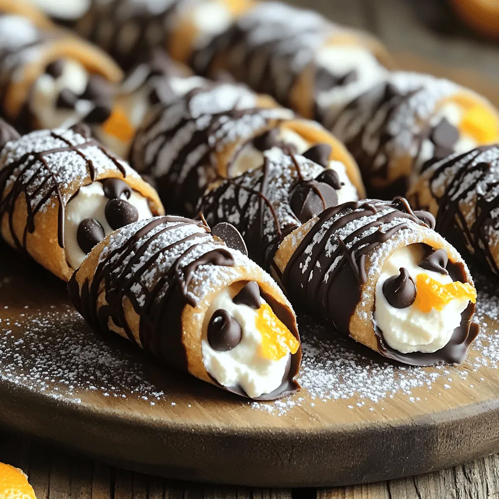 To make the perfect cannoli shells, you need simple ingredients. Here’s what you’ll need: - 1 cup all-purpose flour - 2 tablespoons unsweetened cocoa powder - 1 tablespoon granulated sugar - 1/4 teaspoon sea salt - 3 tablespoons unsalted butter, softened - 1 large egg yolk - 1/4 cup cold water - Vegetable oil for frying These ingredients create a crispy, delicious shell that holds the filling perfectly. The filling makes cannoli truly special. For the creamy filling, gather these items: - 1 cup mascarpone cheese - 1/2 cup ricotta cheese, well-drained - 1/4 cup powdered sugar - 1 teaspoon pure vanilla extract - 1/4 cup mini chocolate chips - Zest of 1 orange The blend of mascarpone and ricotta gives a rich and smooth texture. The orange zest adds a fresh twist. To make your cannoli shine, consider these garnishes: - Extra powdered sugar for dusting - Fresh orange zest for a pop of color - Mint leaves for a fresh touch - Melted dark chocolate drizzle These little touches enhance not just the look but the taste too. They make your cannoli even more inviting. You can find the full recipe to guide you through each step. First, you need to make the dough. In a big bowl, whisk together the flour, cocoa powder, sugar, and salt. Then, add the softened butter. Mix it with your fingers until it looks like crumbs. In a small bowl, combine the egg yolk and cold water. Gradually add this to the flour mix. Knead the dough until it's smooth. Now, wrap it in plastic and put it in the fridge for about 30 minutes. This resting time helps the dough become easier to roll. After the dough rests, it’s time to roll it out. On a floured surface, roll the dough until it is 1/8 inch thick. Next, use a round cutter to make circles about 4 inches wide. Gather any leftover dough, re-roll it, and cut more circles. This process is fun and makes sure you have enough shells for your filling. Now, you will fry the shells. Heat vegetable oil in a deep pan to 350°F (175°C). Take a dough circle and wrap it around a metal cannoli mold, overlapping the edges slightly. Use a bit of water on the seam to seal it. Gently lower the wrapped shells into the hot oil using a slotted spoon. Fry them for about 2-3 minutes until they turn golden brown. Once done, remove them and let them drain on paper towels. Carefully slide the shells off the molds while they are warm. For the filling, grab a medium bowl. Combine the mascarpone cheese, ricotta cheese, powdered sugar, vanilla extract, and orange zest. Add the mini chocolate chips for extra flavor. Use a hand mixer or spatula to blend until it is creamy and smooth. This filling is rich and delicious, making your cannoli special. When the shells are cool, it's time to fill them. Take a piping bag fitted with a large round tip and fill it with the mascarpone mixture. Pipe the filling into each shell from both ends until they are fully stuffed. This makes each bite a delightful surprise. Finally, dust the filled cannoli with powdered sugar to add sweetness and a beautiful touch. Enjoy your delicious creation! For the full recipe, check out Decadent Cannoli Delights. To get crispy cannoli shells, use cold water in your dough. This helps the shells fry up nice and crunchy. Roll your dough thin, about 1/8 inch. Thicker dough can lead to chewy shells. Fry them in hot oil at 350°F (175°C) to achieve that perfect golden color. Fry in small batches so they cook evenly. Once fried, let them cool completely before filling. A common mistake is sealing the shells poorly. Make sure to press the edges firmly when wrapping the dough around the molds. Use water or egg wash to help seal them tight. If you don't, they may pop open during frying. Also, avoid overfilling the cannoli. If you pack too much filling in, it can ooze out. Fill them just to the edge for the best results. For a stunning presentation, arrange your filled cannoli on a nice platter. A sprinkle of powdered sugar adds a sweet touch. You can drizzle melted chocolate over them for an extra flair. A sprinkle of orange zest or small mint leaves can give your dish a bright pop of color. These simple steps will make your cannoli look as good as they taste. {{image_4}} You can make chocolate-dipped cannoli for a fun twist. After you fill the shells, melt some dark chocolate. Dip one end of each cannoli into the chocolate. Let the chocolate set on wax paper. This adds a rich flavor and extra sweetness. You can switch up the filling to keep things exciting. Try adding lemon zest for a bright taste. For a coffee flavor, mix in espresso powder. If you like fruit, consider blending in pureed strawberries or raspberries. Each flavor gives a new spin to this classic treat. For vegan or dairy-free cannoli, use coconut cream instead of mascarpone. Replace ricotta with blended tofu or cashews. Use maple syrup for sweetness. These changes keep the taste rich while making it suitable for different diets. Enjoy delicious cannoli that everyone can savor! For the full recipe, check out the complete guide above. Store unfilled cannoli shells in an airtight container. Keep them at room temperature. They will stay fresh for about three days. If you want to keep them longer, you can freeze them. Wrap each shell in plastic wrap, then place them in a freezer-safe bag. They can last up to two months in the freezer. Filled cannoli taste best when eaten fresh. If you have leftovers, place them in the fridge. Use an airtight container to keep them fresh. They will stay good for about one day. However, the shells may soften over time due to the filling. To keep your cannoli tasting great, fill them right before serving. If you need to prepare ahead, store the shells and filling separately. Only combine them when you're ready to eat. This way, you ensure a crispy shell with creamy filling. Dust with powdered sugar just before serving for the best look and taste. You can use cream cheese as a substitute for mascarpone. Cream cheese has a thicker texture. Mix it with a bit of heavy cream to make it smoother. This blend gives you a creamy filling that tastes good. To check if the oil is hot, drop a small piece of dough into the oil. If it sizzles and bubbles, the oil is ready. You can also use a thermometer. Aim for 350°F (175°C) for perfect frying. Yes, you can make cannoli shells ahead of time. After frying, let them cool completely. Store them in an airtight container at room temperature. They will stay fresh for a few days, ready for filling. Cannoli taste best when served fresh. If you make them ahead, fill them just before serving. This keeps the shells crispy and the filling fresh. Filled cannoli can get soggy if left too long. To avoid leaks, make sure your shells are sealed well before frying. After frying, let them cool completely. Fill them only right before serving, and pipe the filling from both ends to ensure even distribution. You now have the tools to create your own delicious cannoli. We covered the key ingredients for the shells and filling. The step-by-step guide helps you fry and assemble them perfectly. I shared tips on making them crispy and avoiding common mistakes. Don’t forget the fun variations and how to store them properly. Whether you enjoy classics or try new ideas, making cannoli can be easy and fun. Embrace your creativity, and enjoy every bite of your tasty treats.