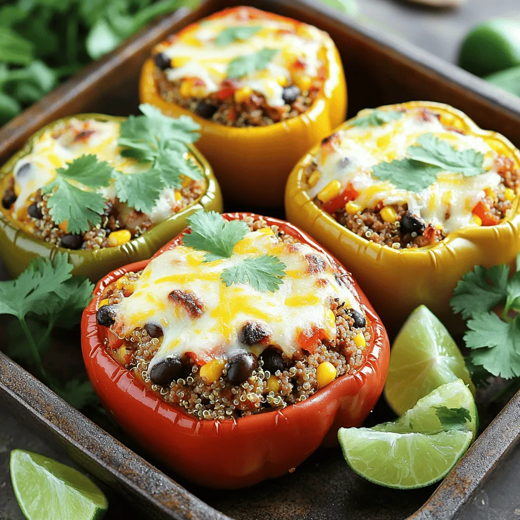- 1 pound ground turkey - 4 medium bell peppers (assorted colors for visual appeal) - 1 cup cooked quinoa - 1 small onion, finely chopped - 2 cloves garlic, minced - 1 can (14 oz) black beans, rinsed and drained - 1 cup corn (fresh or frozen, thawed if frozen) - 1 teaspoon chili powder - 1 teaspoon ground cumin - ½ teaspoon smoked paprika - Salt and freshly cracked pepper to taste - 1 cup shredded cheese (cheddar or Mexican blend) - Fresh cilantro, chopped for garnish (optional) - Lime wedges for serving These ingredients come together for a tasty dish. First, ground turkey adds lean protein. Next, colorful bell peppers give a fun look and sweet taste. Cooked quinoa adds texture and nutrients. Onion and garlic amplify flavor. Black beans and corn offer extra fiber and sweetness. The spices, like chili powder and cumin, bring warmth and depth. Finally, topping with cheese makes it all gooey and delicious. You can choose to garnish with fresh cilantro for brightness. Lime wedges serve as a zesty finish. This recipe makes a complete meal in one dish! For the full experience, try the Full Recipe for Turkey Fiesta Stuffed Peppers. 1. Preheat oven and prepare bell peppers: Start by preheating your oven to 375°F (190°C). This step is important for even cooking. While the oven heats, wash the bell peppers under running water. Cut off the tops and remove the seeds and membranes. Place the cleaned peppers upright in a baking dish. 2. Sauté onion and garlic: In a large skillet, drizzle some olive oil and heat it over medium heat. Once the oil is hot, add the finely chopped onion and minced garlic. Sauté them for about 3 to 4 minutes. You want the onion to become soft and fragrant. 1. Add ground turkey to skillet: Increase the heat slightly, and then add 1 pound of ground turkey to the skillet. Use a wooden spoon to break up the turkey as it cooks. This helps it cook evenly. Keep cooking for about 5 to 7 minutes. Ensure there is no pink left in the meat. 2. Mix in other ingredients: Once the turkey is fully cooked, stir in 1 cup of cooked quinoa, 1 can of rinsed black beans, and 1 cup of corn. Then add 1 teaspoon of chili powder, 1 teaspoon of ground cumin, and ½ teaspoon of smoked paprika. Season with salt and pepper to taste. Mix all the ingredients well and heat through for about 3 to 4 minutes. 1. Stuff peppers and arrange in baking dish: Remove the skillet from the heat. Stir in ½ cup of shredded cheese until melted. Now, generously stuff each bell pepper with the turkey mixture. Press down gently to pack them. Top each pepper with the remaining cheese. 2. Cover and bake, then uncover and finish: Cover the baking dish with aluminum foil to keep moisture in. Bake in your preheated oven for 25 minutes. After 25 minutes, remove the foil and bake for another 10 minutes. This will make the cheese bubbly and golden brown. 3. Serving tips: Once done, let the peppers cool for a few minutes before serving. Garnish with freshly chopped cilantro and serve with lime wedges for a zesty kick. Enjoy your flavorful stuffed delight! - Always cook the ground turkey until it's no longer pink. This keeps your dish safe and tasty. - You can change the spices to fit your taste. Want more heat? Add extra chili powder. Prefer something mild? Skip the spices. - Serve the stuffed peppers on a bright platter. This makes them look fun and inviting. - Add fresh cilantro on top for color. Lime wedges on the side add a zesty touch. They look great and taste amazing! For a full recipe, check out the Turkey Fiesta Stuffed Peppers. {{image_4}} You can switch up the protein in this dish. Try using ground chicken or beef if you prefer. Each protein adds its own taste. For a plant-based option, use lentils or chickpeas. These will still give you a good texture and flavor. Another fun change is to swap out quinoa for rice. Both white and brown rice work well. Rice gives a different texture but keeps the stuffed peppers filling. You can also use couscous or farro for a unique twist. Adding more veggies can really change the dish. Chopped zucchini or spinach can blend nicely. You might even try mushrooms for a rich taste. These veggies add color and extra nutrients too. Experimenting with spices opens up a whole new world. Try adding oregano or basil for an Italian flair. A pinch of red pepper flakes can add heat if you like spicy food. The more you play with flavors, the more fun it gets! For the full recipe, check out Turkey Fiesta Stuffed Peppers. To keep your stuffed peppers fresh, store them in the fridge. Use an airtight container to keep out moisture. Make sure to let them cool before sealing. They will stay good for about three to four days. When you’re ready to eat, reheat them in the microwave or oven. If using the microwave, cover them to keep moisture in. For the oven, preheat to 350°F (175°C). Bake until heated through, about 15-20 minutes. You can also freeze cooked stuffed peppers for later. Let them cool completely before freezing. Wrap each pepper in plastic wrap, then place them in a freezer bag. They can last up to three months in the freezer. To thaw, place them in the fridge overnight. For a quick thaw, you can use the microwave on the defrost setting. After thawing, reheat them as mentioned before. Enjoy your flavorful stuffed delight whenever you want! How long do stuffed peppers take to bake? Stuffed peppers take about 35 minutes to bake. First, cover them with foil for 25 minutes. Then, uncover and bake for 10 more minutes. This helps the cheese melt nicely. Can I make these stuffed peppers ahead of time? Yes, you can prepare these stuffed peppers ahead of time. Just stuff the peppers and keep them in the fridge. They can stay fresh for a day. Bake them when you are ready to eat! Gluten-free options? This recipe is naturally gluten-free. The main ingredients are ground turkey, veggies, and quinoa, which do not contain gluten. Just check any added sauces or seasonings to be safe. Vegetarian alternatives? You can make these stuffed peppers vegetarian! Replace ground turkey with lentils or cooked rice. You can also add more beans or veggies for a hearty filling. What to serve with stuffed peppers? Stuffed peppers pair well with salads. A simple green salad brings freshness. You can also serve them with rice or crusty bread for a full meal. Suggestions for complementary side dishes Consider serving grilled corn or roasted vegetables. These add color and flavor to your meal. You might also enjoy guacamole or salsa on the side for a tasty twist. Stuffed peppers are simple, tasty, and full of good ingredients. We explored main and optional ingredients, cooking methods, and even how to store leftovers. You can mix flavors and try new spices based on your taste. Remember, these peppers are easy to make ahead and fit into many diets. With varied options, you can keep lunch or dinner interesting. Enjoy experimenting with this dish, and make it your own!