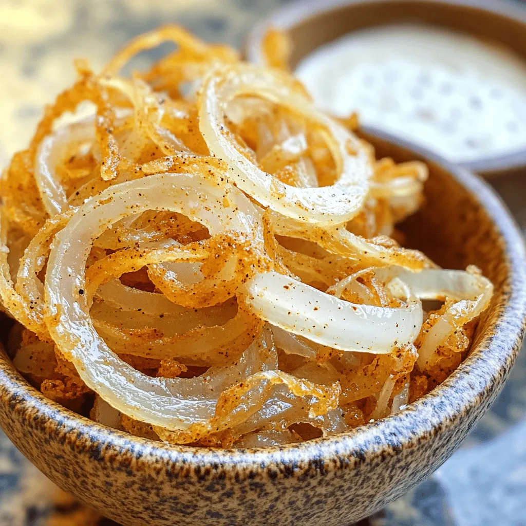 To make Air Fryer Crispy Onions, you'll need a few simple ingredients. Here’s the list: - 2 large onions, thinly sliced - 1 cup buttermilk or dairy-free alternative - 1 cup all-purpose flour - 1 teaspoon garlic powder - 1 teaspoon smoked paprika - ½ teaspoon cayenne pepper (optional) - Salt and freshly cracked black pepper - Cooking spray (preferably olive oil or avocado oil) These ingredients work together to create a tasty and crunchy snack. The buttermilk helps to tenderize the onions and adds flavor. The flour coating gives them that satisfying crunch. Garlic powder and smoked paprika bring out a nice depth of flavor, while the cayenne pepper adds a little heat. Don’t forget the salt and pepper; they help to enhance all the flavors. When you gather these ingredients, you will be ready to create the perfect crispy snack. Trust me, once you try them, you’ll want to make this recipe over and over again. For the full recipe, check out the details in the next sections. - Immerse onion rings in buttermilk. - Soak for at least 30 minutes. Start by slicing your onions into thin rings. Place these rings in a large bowl and pour in the buttermilk. The soaking process is crucial. It tenderizes the onions and adds flavor. Aim for a soak time of at least 30 minutes. If you have time, longer is even better! - Combine flour, garlic powder, smoked paprika, and pepper. - Whisk to mix evenly. While the onions soak, prepare the coating. In a separate bowl, mix the all-purpose flour, garlic powder, smoked paprika, and pepper. Whisk the dry ingredients well. This will give your crispy onions a tasty kick and an even coating. - Drain and toss onion rings in the flour mixture. - Shake off excess flour. After the soak, drain the onion rings from the buttermilk. Toss the rings in the flour mixture until they are fully coated. Make sure to shake off any extra flour. Too much flour can lead to clumping and uneven cooking. - Set temperature to 375°F (190°C). - Preheat for 5 minutes. Now, it's time to preheat your air fryer. Set the temperature to 375°F (190°C) and let it preheat for 5 minutes. This step helps ensure that your onions cook evenly and get that perfect crunch. - Spread rings in a single layer in the air fryer. - Air fry for 10-12 minutes, shaking halfway. Once the air fryer is hot, spread the onion rings in a single layer in the basket. Avoid overcrowding to allow air circulation. Cook the onions for 10 to 12 minutes. Remember to shake the basket halfway through. This helps them crisp up evenly. - Remove and cool on paper towels. When the onions turn golden brown and crispy, carefully remove them from the air fryer. Place them on a plate lined with paper towels. This will soak up any extra oil, keeping them crunchy. Enjoy your crispy onions as a snack or topping on your favorite dishes! For the full recipe, check out [Full Recipe]. To get those perfect crispy onions, avoid overcrowding your air fryer. When you pack too many onions in, they steam instead of crisp. This makes them soggy. Cook in batches if needed. The thickness of your onion rings matters. Thicker rings may need extra time to cook. Start with 10 minutes and check for doneness. Adjust the time based on how thick your slices are. Adding spices can take your crispy onions to the next level. Try adding a pinch of smoked paprika or a dash of garlic powder. You can also blend in some onion powder for extra flavor. To balance the flavors, season with salt and pepper. This simple step brings out the taste of the onions. Taste as you go, and adjust to your liking for the best results. Crispy onions make a great topping for many dishes. Sprinkle them on salads for a crunchy bite. They also work well on burgers, adding texture and flavor. For presentation, place them in a small bowl next to your dish. Serve with ranch dressing or spicy mayo for dipping. This gives a fun touch and makes your meal more exciting. For the full recipe, check out the detailed instructions above! {{image_4}} You can add a twist to your crispy onions with different seasonings. Here are some ideas: - Italian Style: Mix in dried oregano, basil, and a bit of grated Parmesan. - Spicy Kick: Use chili powder, cayenne, and a pinch of cumin for heat. - Herb Blend: Combine garlic powder, onion powder, and a touch of thyme. These blends can elevate your crispy onions, making them unique and flavorful. Experiment and find your favorite mix! If you need a gluten-free version, replace all-purpose flour with gluten-free flour. Here are some easy swaps: - Almond Flour: This adds a nutty flavor and great texture. - Rice Flour: This keeps the onions light and crispy. - Chickpea Flour: This adds protein and a distinct taste. These alternatives work well in the recipe, so you can enjoy crispy onions without worries. For a sweet twist, try adding caramelized sugars or balsamic glaze to your crispy onions. Here’s how: - Caramelized Sugar: Toss the onions with a bit of brown sugar before air frying. - Balsamic Glaze: Drizzle some glaze over the cooked onions for a tangy sweetness. These options give your crispy onions a fun flavor change, making them a delightful snack or topping. To keep your crispy onions crunchy, follow these tips: - Cool Completely: Let the onions cool down before storing. - Use Airtight Containers: Store in a glass or plastic container with a tight lid. - Avoid Moisture: Place a paper towel inside to absorb moisture. This helps maintain their crispiness. I recommend using small containers. This way, you can grab just what you need. Storing them in the fridge can keep them fresh for about three days. To reheat your crispy onions and keep them crunchy, use one of these methods: - Oven Method: Preheat your oven to 350°F (175°C). Spread the onions on a baking sheet in a single layer. Heat for about 5-10 minutes. Keep an eye on them to avoid burning. - Microwave Method: This method is quick but may not keep them crispy. Place the onions on a microwave-safe plate. Heat in short bursts of 15-20 seconds until warm. I prefer the oven method for the best crunch. Enjoy them as a snack or use them in your favorite dishes! Yes, you can use different onions. Yellow onions are the most common choice. They have a strong flavor and turn sweet when cooked. Red onions offer a milder taste and add color. Sweet onions, like Vidalia, bring a sugary flavor, making them great for a sweeter snack. All types can work well, but the taste and crunch might vary. To add heat, sprinkle cayenne pepper into your flour mix. You can adjust the amount based on your taste. For more spice, you could also try adding hot sauce to the buttermilk. Another option is to use spicy seasoning blends or mix in black pepper. Experiment to find your perfect heat level. Yes, you can freeze crispy onions! To do this, let them cool completely. Then, spread them in a single layer on a baking sheet. Freeze them for about an hour, then transfer to a freezer bag. This method keeps them from clumping together. Use frozen crispy onions on salads, burgers, or soups. They add a great crunch and flavor! For best results, reheat them in an air fryer or oven to restore crispiness. This blog post covered how to make crispy onions in an air fryer. We discussed the key ingredients, like onions and buttermilk, and detailed the steps for soaking and coating. Tips for achieving the perfect crispiness and flavor were shared, along with variations and storage methods. These crispy onions can enhance many dishes. With a bit of practice, you’ll master this recipe in no time. Now go make some delicious crispy onions!