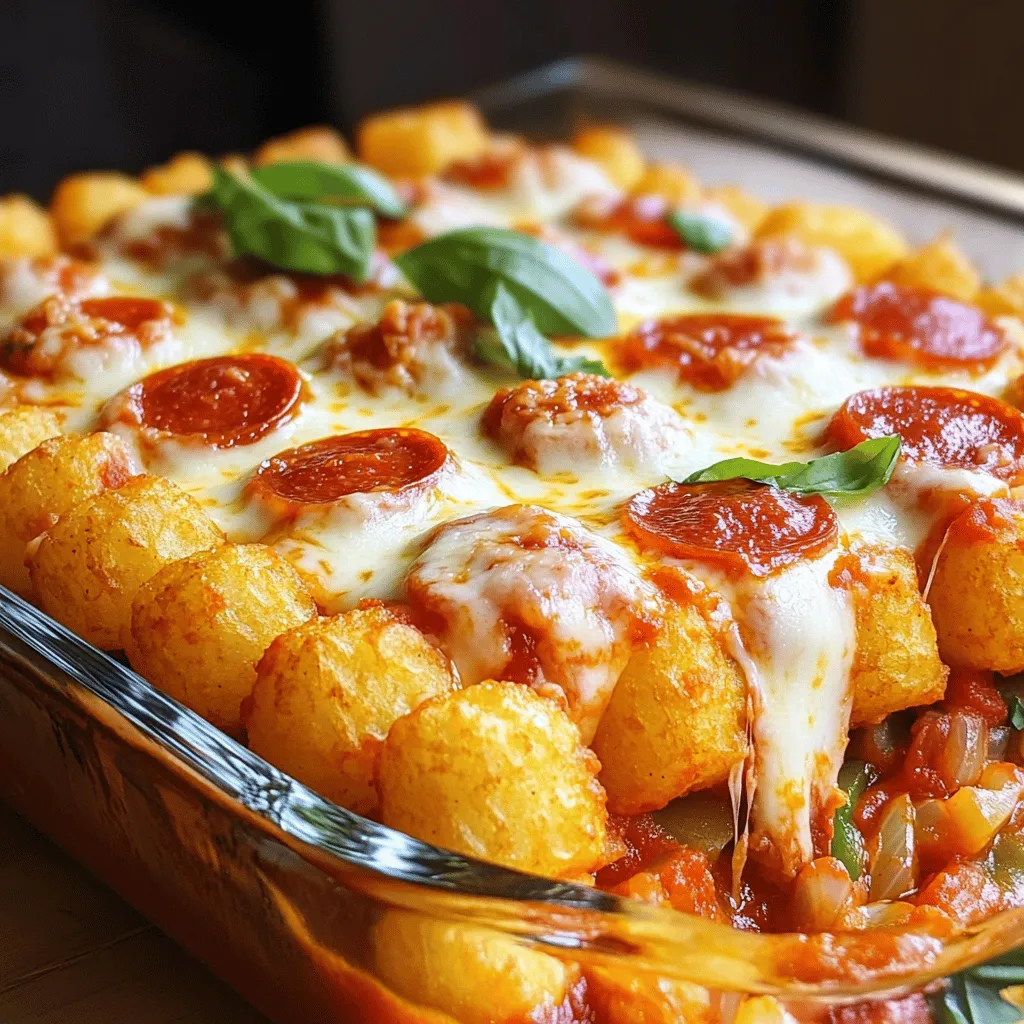 - 1 lb ground beef or turkey - 3 cups frozen tater tots - 2 cups marinara sauce The main ingredients create the base for the casserole. I often use ground beef, but turkey works well too. Both give a nice flavor. Tater tots add a crispy texture. Marinara sauce brings a rich, tangy taste that ties everything together. - 1 small onion, finely chopped - 1 bell pepper, diced - 1 teaspoon garlic powder - 1 teaspoon Italian seasoning Onions and bell peppers add color and sweetness. I like to sauté them for extra flavor. Garlic powder gives a nice kick, while Italian seasoning adds depth. These veggies and spices make the dish more exciting. - 2 cups shredded mozzarella cheese - 1 cup sliced pepperoni - Fresh basil leaves Mozzarella cheese creates a gooey, delicious layer on top. Pepperoni adds a savory touch and a bit of crunch. I like to finish with fresh basil for a pop of color and a fresh taste. These toppings make this casserole a family favorite. For the full recipe, check the detailed instructions. Cooking the ground beef or turkey Start by heating a large skillet over medium heat. Add 1 pound of ground beef or turkey. Cook it until it is browned. Use a spatula to break it apart as it cooks. Once browned, drain any extra fat. This keeps the dish less greasy. Sautéing the vegetables Next, add 1 small onion, finely chopped, and 1 diced bell pepper to the skillet. Sauté these veggies for about 5 minutes. You want them to be tender and smell great. Adding marinara sauce and spices Now, mix in 2 cups of marinara sauce, 1 teaspoon of garlic powder, and 1 teaspoon of Italian seasoning. Season with salt and pepper to your taste. Simmering the mixture Allow this mixture to simmer for 2-3 minutes. This step helps all the flavors blend together. Layering the ingredients in the baking dish Prepare a greased 9x13 inch baking dish. Spread the meat sauce mixture evenly across the bottom. This creates a hearty base for our casserole. Baking time and temperature Cover the meat sauce with a layer of frozen tater tots. Make sure they are in a single layer for crispiness. Sprinkle 2 cups of shredded mozzarella cheese on top, then add 1 cup of sliced pepperoni. Place the dish in a preheated oven at 400°F (200°C) and bake for 30-35 minutes. The casserole is ready when the tater tots are golden brown and the cheese is bubbly. Don't forget to check the [Full Recipe] for more details! To make the best Pizza Tater Tot Casserole, start with browning the meat right. Heat your skillet on medium. Add the ground beef or turkey. Stir it often until it turns brown. This step adds flavor and texture. If you skip this, the dish can taste bland. After browning, drain any fat. This keeps your casserole from being greasy. Next, you want the tater tots crispy. Arrange them in a single layer on top of your meat sauce. This helps them get golden and crunchy. If they overlap, some might turn soggy. Bake them until they are crispy and the cheese is bubbling. Keep an eye on the time so they don't burn. For presentation, serve your casserole right from the dish. This gives a homey feel. It also keeps the dish warm for longer. Pair it with a crisp side salad. The freshness of the salad balances the richness of the casserole. When garnishing, sprinkle fresh basil leaves on top. They add color and taste. You can also drizzle some extra marinara sauce on top. This makes it look even more inviting. You can serve it for family dinners or casual gatherings. Everyone loves this dish! For the full recipe, check out the details above. {{image_4}} You can swap proteins in this recipe. Ground chicken or turkey works well. For a veggie option, use black beans or lentils. Both choices add great flavor and texture. Dairy-free cheese options are also available. Look for brands that melt well. These can fit a plant-based diet, making the dish friendly for everyone. To change the taste, try different sauces. BBQ sauce can add a smoky kick. Buffalo sauce brings heat and spice, perfect for bold palates. Adding veggies boosts nutrition. Spinach, zucchini, or mushrooms blend nicely with the other flavors. Not only do they add color, but they also pack in vitamins. You can serve this dish family-style, straight from the baking dish. This makes sharing easy and fun. If you want individual portions, use ramekins for a personal touch. For a breakfast twist, add scrambled eggs on top. This adds protein and makes it a hearty morning meal. Enjoy these variations to keep things exciting! To store your Pizza Tater Tot Casserole, first let it cool down. Once it's cool, transfer it to a container. Use an airtight container for best results. This helps keep the casserole fresh. You can store it in the fridge for up to three days. If you have more, consider freezing some for later. When you reheat the casserole, you want it to stay crispy. The oven is your best friend here. Preheat your oven to 350°F (175°C). Place the casserole in a baking dish. Cover it with foil to keep moisture in. Heat for about 20-25 minutes. Remove the foil for the last 5 minutes to crisp up the top. You can also use an air fryer for a quick, crispy result. If you want to freeze your casserole, let it cool completely first. Cut it into portions for easy thawing. Wrap each portion tightly in plastic wrap. Then, place them in freezer bags. This helps keep the flavor intact. You can freeze it for up to three months. To thaw, move it to the fridge overnight, then reheat as mentioned before. Enjoy your delicious meal even after freezing! To make Pizza Tater Tot Casserole, start by cooking the meat. Use ground beef or turkey and brown it in a skillet. Next, add chopped onion and bell pepper. Cook until they soften. Mix in garlic powder, Italian seasoning, and marinara sauce. Let it simmer for a few minutes. Then, layer this meat sauce in a greased baking dish. Top with frozen tater tots, shredded mozzarella cheese, and pepperoni slices. Bake at 400°F for 30-35 minutes until golden brown. This process gives you a warm, cheesy dish that is sure to please. Yes, using frozen tater tots works great for this recipe. They save time and make cooking easier. You do not need to thaw them before baking. Just layer them on top of the meat sauce directly from the freezer. This way, you get a crispy texture and a golden color. It’s a simple trick that makes meal prep quick and fun. You can serve this casserole with a fresh side salad. A crisp salad balances the richness of the dish. You might also pair it with garlic bread for extra comfort. For drinks, try a light soda or iced tea. These options enhance the meal and keep it enjoyable. Want more ideas? Consider dips like extra marinara sauce for added flavor. This blog post explored how to make a tasty Pizza Tater Tot Casserole. We discussed the key ingredients like ground beef, tater tots, and marinara sauce, along with tempting toppings. You learned step-by-step instructions for cooking, combining flavors, and assembling the dish. I shared tips for cooking success and ideas for variations. Finally, we covered storage and reheating methods. This dish is fun to make and perfect for sharing. So gather your ingredients and enjoy a cozy meal!