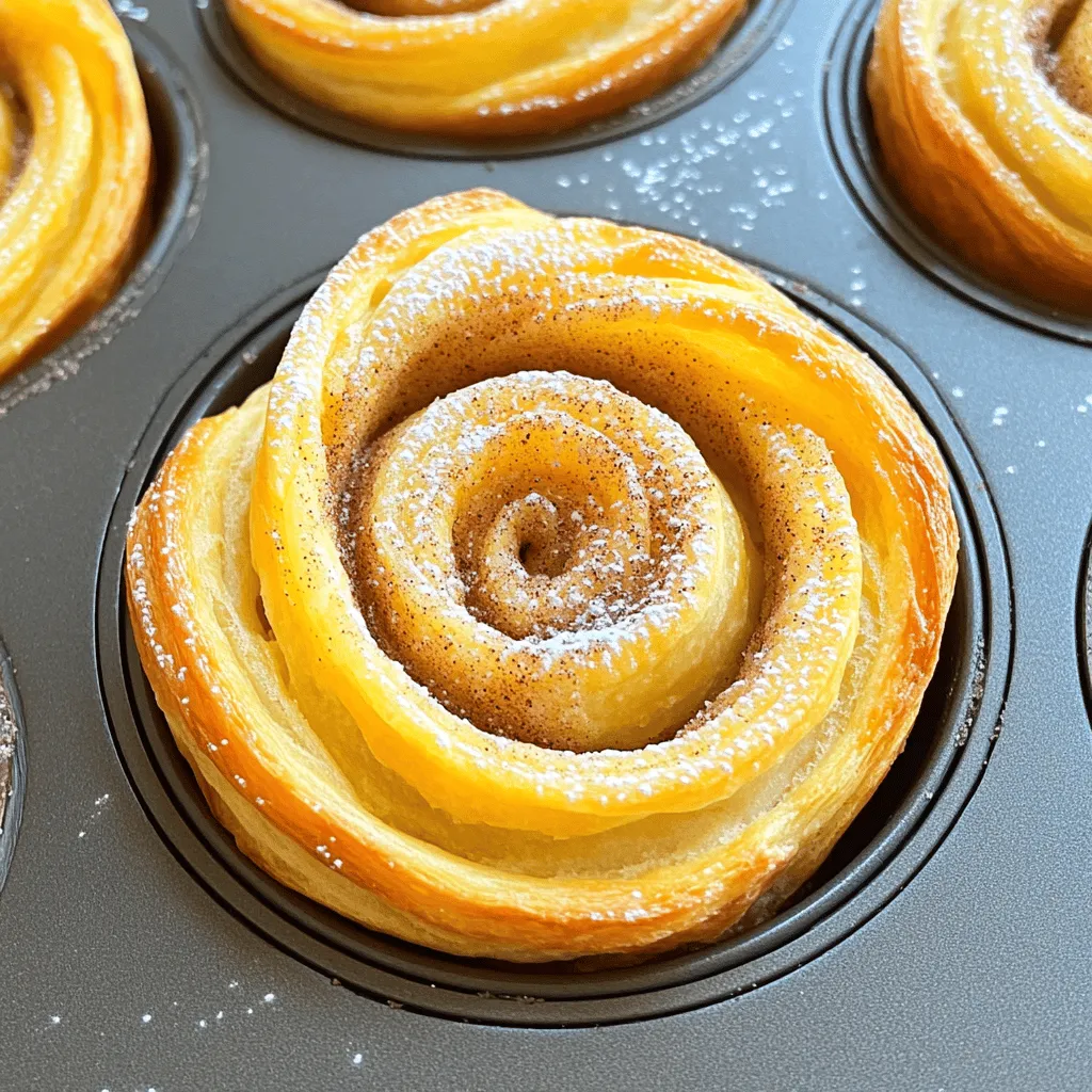 To make these flaky treats, you need a few key ingredients. Here’s what you will need: - 2 cups all-purpose flour - 1/4 cup granulated sugar - 1 packet (2 1/4 teaspoons) instant yeast - 1/2 teaspoon salt - 1/2 cup whole milk, warmed to about 110°F (43°C) - 1/4 cup unsalted butter, melted and slightly cooled - 1 large egg, at room temperature - 1/2 teaspoon vanilla extract - 1/4 cup brown sugar (for filling) - 1 tablespoon ground cinnamon (for filling) - 1/2 cup unsalted butter, softened (for spreading) - Powdered sugar for dusting (optional) These ingredients create a rich dough that gives cruffins their unique texture. You can add extra flavors to your cruffins. Here are some ideas: - Chocolate chips for a sweet touch - Nuts for crunch - Fruit jams for a fruity filling - Zest from citrus fruits for a fresh flavor Feel free to mix and match these to suit your taste! To make your cruffins, you will need some tools: - Mixing bowls - A whisk - A rolling pin - A muffin tin - A clean kitchen towel - An oven Having the right equipment makes the process smoother and more fun. To start, you need to make the dough. In a medium bowl, mix the warmed milk, melted butter, and granulated sugar. Stir until the sugar dissolves. In a larger bowl, whisk together the all-purpose flour, instant yeast, and salt. Slowly pour in the milk mixture, stirring as you go. Add the egg and vanilla extract. Mix until the dough is shaggy. Next, transfer the dough to a floured surface. Knead it for 5-7 minutes until smooth and elastic. Place the dough in a greased bowl and cover it with a towel. Let it rise in a warm spot for about 1 hour, or until it doubles in size. Once the dough has risen, punch it down gently. Roll it out on a floured surface to a rectangle that is about 1/4 inch thick. Spread the softened butter evenly over the dough. In a small bowl, mix the brown sugar and cinnamon, then sprinkle it over the buttered dough. Now, fold the dough into thirds, like a letter. Roll it out again into a rectangle of the same thickness. Repeat the butter spreading and sugar-cinnamon sprinkling one more time. Cut the folded dough into rectangles about 3x4 inches. To shape the cruffins, start at the short edge of each rectangle. Roll it tightly into a log shape. Place each log in a greased muffin tin, spiraling it up so it fits snugly. Cover the muffin tin with a towel. Let the cruffins rise for another 30 minutes until puffy. During this time, preheat your oven to 375°F (190°C). Bake the cruffins for 20-25 minutes, or until they are golden brown. After baking, let them cool slightly. If desired, dust them with powdered sugar for a sweet finish. Enjoy your delicious cruffins! For the full recipe, refer to the instructions above. When making cruffins, avoid overmixing the dough. This can make them tough. Knead just until the dough is smooth. Don’t skip the rising time. If the dough does not rise enough, your cruffins will be dense. Ensure your yeast is fresh. Old yeast can ruin your cruffins. To achieve the best flaky texture, use cold butter when spreading. This helps create layers as the cruffins bake. Roll the dough thin enough, but not too thin. A 1/4 inch thickness works well. The more times you fold the dough, the flakier your cruffins will be. Each fold adds layers, making them light and airy. Make sure to place your dough in a warm area for rising. A cozy spot helps activate the yeast. Cover the dough with a damp towel to keep it moist. This prevents a dry crust from forming. For baking, preheat your oven fully before placing the cruffins inside. This ensures even cooking. Bake until golden brown for a perfect finish. Check out the Full Recipe for detailed steps and measurements to create these tasty treats! {{image_4}} Cruffins are not just flaky treats; they are a canvas for flavor. You can use many fillings to make your cruffins unique. Here are some options: - Chocolate Hazelnut Spread: Spread this inside for a rich, sweet treat. - Fruit Jam: Raspberry or strawberry jam adds a fruity burst. - Cream Cheese: Mix with sugar and vanilla for a creamy filling. - Nutella: A classic choice, perfect for chocolate lovers. - Peanut Butter: Spread it for a nutty flavor that pairs well with banana. Feel free to mix and match these fillings. Each variation brings a new twist to your cruffins. You can easily adapt cruffins for different diets. Here’s how: - Gluten-Free: Replace all-purpose flour with a certified gluten-free blend. Make sure your yeast is gluten-free too. - Vegan: Use almond milk instead of whole milk. Substitute the egg with flaxseed meal mixed with water. Use vegan butter for spreading. These swaps let everyone enjoy cruffins, regardless of dietary needs. Customization is key to making cruffins your own. Here are some ideas: - Spices: Add nutmeg or cardamom to your sugar mixture for extra warmth. - Zest: Mix in citrus zest, like lemon or orange, for a fresh kick. - Toppings: After baking, drizzle with icing or sprinkle with nuts for crunch. Experiment with flavors and textures. Each tweak can lead to a delightful surprise. For detailed steps, check the Full Recipe. To keep your cruffins fresh, place them in an airtight container. This will help maintain their flaky texture and flavor. Store them at room temperature for up to two days. If you plan to keep them longer, it's best to freeze them. For long-term storage, wrap each cruffin tightly in plastic wrap. Then, place them in a freezer bag. This method will prevent freezer burn. You can freeze cruffins for up to three months. Just be sure to label the bag with the date. To reheat cruffins, I recommend using the oven. Preheat it to 350°F (175°C). Place the cruffins on a baking sheet and heat for about 10 minutes. This method helps restore their crispiness. You can also microwave them for about 15-20 seconds, but they may lose some texture. Enjoy your cruffins warm for the best taste! Cruffins are a tasty mix of croissants and muffins. They have a flaky texture and a fun shape. You make them by rolling dough, just like croissants, then baking them in a muffin tin. The result is a soft inside and a crispy outside. You can fill them with sweet or savory options, like cinnamon sugar or chocolate. They are perfect for breakfast or a snack. Yes, you can prepare cruffins in advance! You can make the dough and shape the cruffins. Then, store them in the fridge overnight. In the morning, let them rise for about 30 minutes before baking. This saves you time and lets you enjoy fresh cruffins easily. If you want to make them even earlier, you can freeze the shaped cruffins. Just thaw them in the fridge overnight before baking. You can find cruffins at many bakeries and cafes. Look for places that make fresh pastries. Some grocery stores may also sell them in the bakery section. If you want the full experience, try making them at home using the full recipe. This way, you can enjoy them warm and fresh right out of the oven! We covered all you need to know about cruffins. You learned the key ingredients and tools, plus step-by-step baking instructions. I shared tips to avoid common mistakes and improve texture. We explored popular flavor ideas and ways to adapt recipes for different diets. Lastly, I explained how to store, freeze, and reheat your cruffins. Making cruffins can be fun and creative. Try different flavors and fillings. Enjoy the tasty results of your hard work!