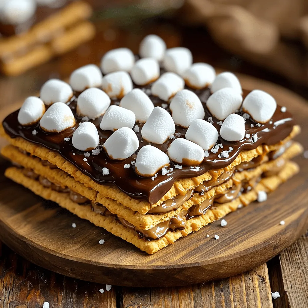 To make delicious oven-baked s'mores, gather these items: - 1 package of graham crackers (about 14 full sheets) - 2 cups mini marshmallows - 1 cup chocolate chips (milk or dark chocolate) - ½ cup creamy peanut butter - ½ teaspoon vanilla extract - ½ teaspoon sea salt (optional) - Additional graham cracker crumbs (for topping, optional) When picking your ingredients, choose quality items. Go for fresh graham crackers to ensure a nice crunch. For chocolate, select brands you love. Dark chocolate offers a rich flavor, while milk chocolate is sweet and creamy. If you want a twist, try flavored chocolate chips. Always check your marshmallows for freshness, as they should be soft and fluffy. Lastly, use natural peanut butter with no added sugars for a healthier option. You can swap some ingredients if needed. Instead of graham crackers, try digestive biscuits or even cookies for a fun twist. If you want to skip peanut butter, consider almond or cashew butter. For a vegan choice, use dairy-free chocolate and coconut cream instead of peanut butter. You can also use large marshmallows; just cut them into smaller pieces. These swaps keep things tasty while letting you work with what you have! First, set your oven to 350°F (175°C). This step is crucial for a good bake. While the oven warms, grab a 9x13 inch baking dish. Line it with parchment paper, letting some hang over the edges. This makes it easy to lift your s'mores out later. Now, break each graham cracker sheet in half. Place them in a single layer at the bottom of your baking dish. Make sure to cover the entire base. Next, mix chocolate chips and creamy peanut butter in a microwave-safe bowl. Heat it for 30 seconds at a time, stirring well each time. Once melted, add vanilla extract and stir until smooth. Pour this mixture over the graham crackers. Use a spatula to spread it evenly. Now, grab your mini marshmallows. Scatter them generously on top of the chocolate. If you love marshmallows, pile them on thick! Before you bake, sprinkle a little sea salt and graham cracker crumbs on top, if you like. This adds a nice crunch and flavor. Place your dish in the oven for about 10-12 minutes. Watch closely until the marshmallows are golden and bubbly. When done, pull it out and let it cool for 5-10 minutes. Lift the s'mores out using the edges of the parchment paper. Slice into squares and serve warm. You can enjoy them as they are or add melted chocolate on top for extra delight. To get that gooey texture, use mini marshmallows. They melt quickly and evenly. Spread them out well on your chocolate layer. Bake them until they are golden brown. This step gives you the best mix of chewiness and creaminess. Watch them closely to avoid burning. You can make your s'mores even better! Try adding a bit of sea salt on top. This salt enhances the sweet flavors. You can also mix in some peanut butter. It adds a rich taste that many love. For extra fun, sprinkle graham cracker crumbs on top before baking. This adds a nice crunch. Avoid overcrowding your mini marshmallows. If they are too thick, they won’t melt right. Don’t skip the parchment paper. It makes serving much easier. Make sure to cool the s'mores before cutting them. This helps keep them together. If you rush, they might fall apart. Follow these tips for perfect oven-baked s'mores every time! For a detailed guide, check out the Full Recipe. {{image_4}} You can mix things up with different types of chocolate. Milk chocolate is sweet and creamy. Dark chocolate gives a rich, bold taste. You can also try white chocolate for a unique twist. Each type changes the flavor. So, choose what you love most! Feel free to add fun flavors to your s'mores. You can stir in nuts like walnuts or almonds. Chopped fruit like bananas or strawberries adds freshness. For a salty touch, sprinkle in pretzel bits. You can even try flavored chocolate chips. Peanut butter chips or mint chocolate chips work great! To make your s'mores gluten-free, use gluten-free graham crackers. Many brands offer tasty options. For a vegan version, switch to dairy-free chocolate. Use vegan marshmallows too. They are easy to find in stores. These small changes keep the fun alive for everyone! For the full recipe, check out the Oven-Baked S'mores Delight. To keep your oven-baked s'mores fresh, store them in an airtight container. Line the bottom with parchment paper. Place the s'mores in a single layer. If you have more, add parchment paper between layers. This prevents sticking. Seal the container tightly to keep moisture out. Store it in a cool, dry place or in the fridge if you prefer. To reheat your s'mores, preheat your oven to 350°F (175°C). Place the s'mores on a baking sheet lined with parchment paper. Heat for about 5-7 minutes. This warms them up without drying them out. You can also use a microwave. Heat for 10-15 seconds. Keep an eye on them to avoid melting too much. Oven-baked s'mores last for about 3-4 days at room temperature. In the fridge, they can stay fresh for up to a week. If you want to store them longer, you can freeze them. Wrap each piece tightly in plastic wrap, then place them in a freezer bag. They can last for up to 2 months in the freezer. When ready to enjoy, thaw in the fridge overnight before reheating. For the full recipe, check out the Oven-Baked S'mores Delight. Yes, you can use other crackers. Try chocolate or peanut butter crackers for a twist. They add a fun flavor to your s'mores. Saltines or rice crackers also work well. Just make sure they have a sturdy texture. To make this recipe dairy-free, swap chocolate chips with dairy-free chocolate. Look for brands that use almond or coconut milk. Also, use a dairy-free peanut butter. Check the labels to ensure no dairy products are included. Enjoy a tasty treat without the dairy! If you lack mini marshmallows, use regular marshmallows cut in half. You can also use marshmallow fluff as a spread. Spread it on top of the chocolate layer. It melts beautifully and gives that gooey texture we love. In this article, we explored the key ingredients, step-by-step instructions, and helpful tips for making delicious s'mores. We discussed ingredient choices, baking methods, and common mistakes to avoid. You can use different chocolate options and adjust for dietary needs. Remember to store your leftovers properly to keep them fresh. With these insights, you can create tasty s'mores tailored to your liking. Enjoy the sweet satisfaction of making them at home!
