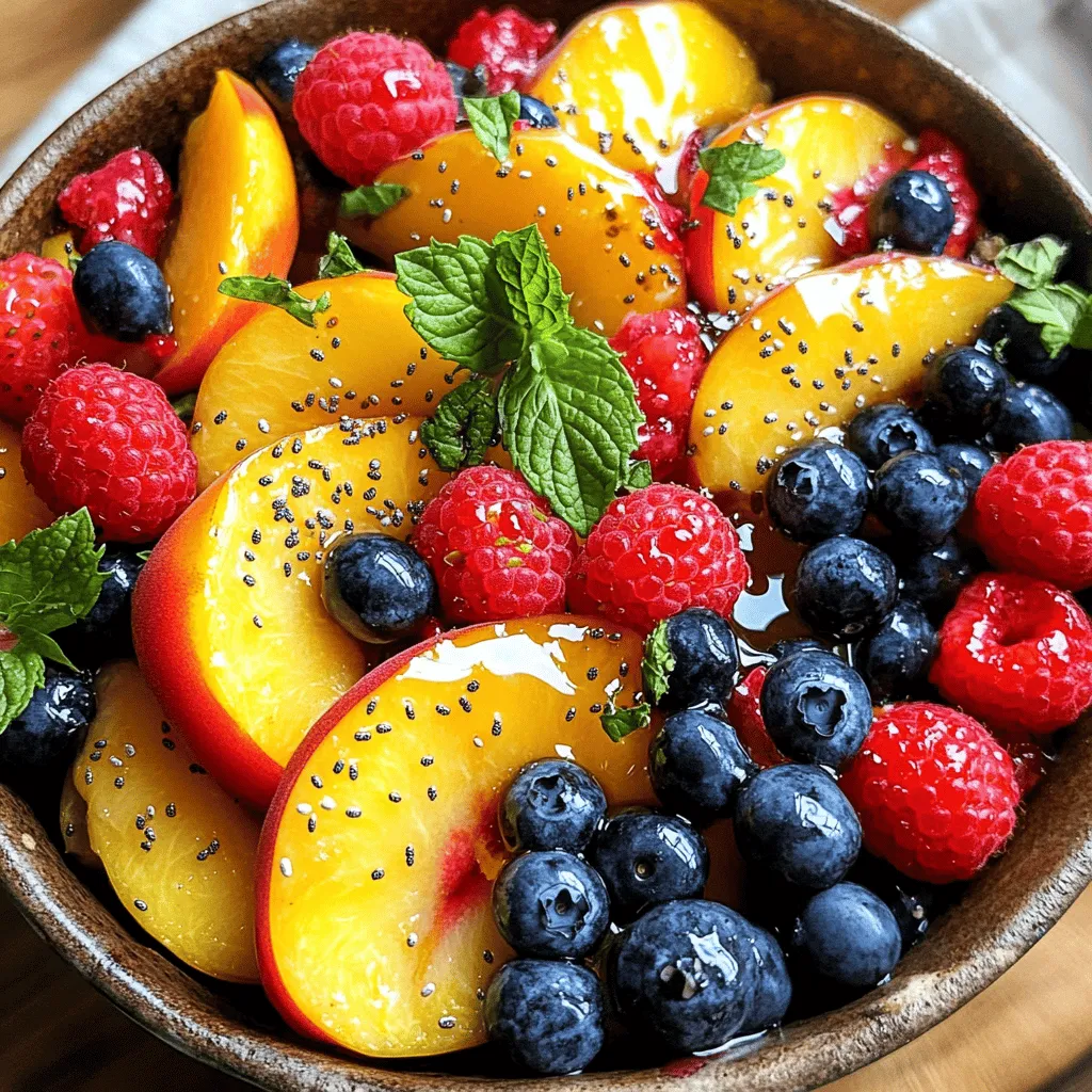 - Peaches - Strawberries - Blueberries - Raspberries - Mint leaves - Honey - Chia seeds - Sea salt When making a peach berry fruit salad, the key is to choose ripe fruits. Ripe peaches should have a sweet scent and slight softness. Strawberries should be bright red with no white spots. Blueberries need to be plump and firm, while raspberries should be vibrant and intact. You can opt for organic or non-organic fruits. Organic fruits are often fresher and free from harmful sprays. If you choose non-organic, wash them well. To ensure freshness, buy fruits from local markets when possible. Look for seasonal fruits for the best taste. Store fruits in the fridge, but not for too long. They taste best when fresh. For the Full Recipe, I recommend using fresh ingredients for the best flavor. - First, wash all your fruits under cool water. This removes dirt and pesticides. - Hull the strawberries by removing the green tops. Next, slice the peaches into thin wedges. - In a large bowl, combine the sliced peaches, halved strawberries, blueberries, and raspberries. Toss them gently. This creates a beautiful mix of colors. - In a small bowl, whisk together 1 tablespoon of honey, 2 tablespoons of lemon juice, and 1 tablespoon of chopped mint leaves. - Add a pinch of sea salt. This enhances the fruit’s natural flavors. Whisk until the honey dissolves well. A smooth dressing makes all the difference. - Drizzle the honey-lemon dressing evenly over the fruit mixture. - Use a large spoon to gently toss the fruits. Make sure they are coated with the dressing. - If you want to add chia seeds, sprinkle 1 teaspoon on top. Fold them into the fruit mixture carefully. - Let the salad rest for about 10 minutes. This allows the flavors to meld together, making each bite taste amazing. Enjoy this Peach Berry Fruit Salad as a refreshing summer delight! For the full recipe, check the earlier section. To make your Peach Berry Fruit Salad shine, balance the sweetness with lemon juice. A touch of acidity brightens the flavors. It makes every bite pop. Use fresh herbs like mint for extra aroma. Mint adds a lovely twist to the taste profile. Layer the salad in glass bowls for a stunning look. This makes the colors stand out. Garnish with mint leaves to add freshness. You can also serve it alongside grilled chicken or yogurt for a complete meal. This salad pairs well with many dishes. Prep can be quick! Pre-slice your fruits in advance to save time. This way, you can whip up the salad in no time. Preparing the dressing ahead of time is also smart. Store it in the fridge for a quick drizzle later. Enjoy your Peach Berry Fruit Salad with minimal fuss! For the complete recipe, check out the Full Recipe. {{image_4}} You can play with this salad using other fruits. Think of seasonal fruits like ripe nectarines or juicy plums. These fruits can add a nice twist. You may also swap the berries for tropical fruits. Try using mango, kiwi, or pineapple for a fun change. Each fruit brings its unique flavor to the mix. If you want to keep it vegan, simply use maple syrup instead of honey. This keeps the sweetness while making it plant-based. The salad is already gluten-free, so you don’t need to worry there. Just check any toppings or dressings to ensure they are gluten-free too. This salad shines at a summer BBQ. Present it in a large bowl for everyone to enjoy. You can also make it festive for the holidays. Add pomegranate seeds for a splash of color and a sweet crunch. Both themes let you show off this refreshing delight to friends and family. For the full recipe, check the Peach Berry Bliss Salad. To keep your Peach Berry Fruit Salad fresh, refrigerate any leftovers. Use an airtight container to prevent air from spoiling the fruit. Glass containers work well because they do not absorb odors. If you do not have glass, plastic containers with tight lids are also good choices. How long will it last? Your salad will stay fresh for 1-2 days in the fridge. After that, the fruits may become mushy. Signs of spoilage include an off smell and a slimy texture. If you see either, it's best to toss the salad. If you have extra salad, there are fun ways to enjoy it later. You can blend it into a smoothie for a fresh drink. You might also add it to yogurt for a fruity breakfast. Consider mixing it with oatmeal or using it as a topping for pancakes. This way, you get to enjoy the flavors again! To pick the best peaches, look for ones that are slightly soft to the touch. They should have a sweet smell and be free of bruises. The skin color should be vibrant, with a nice mix of yellow and red. Ripe peaches taste sweet and juicy, adding flavor to your salad. Avoid hard peaches; they won't taste as good in your dish. You can prepare the salad a few hours in advance. However, keep the dressing separate until you are ready to serve. This keeps the fruits fresh and prevents them from getting mushy. If you do mix it early, store it in the fridge in a sealed container. Serve it chilled for the best taste. Many fruits can join your peach berry salad. Try adding mango, kiwi, or even bananas. Citrus fruits like oranges or grapefruits can add a nice zing. Each fruit brings its unique taste and texture, making the salad more exciting. Mix and match to find your favorite combo! Chia seeds are optional but fun. They add a nice crunch and boost nutrition. If you like a thicker dressing, chia seeds work well. If you prefer a lighter salad, you can skip them. Your salad will still be delicious without them. To make the salad more filling, add nuts or seeds. Almonds or walnuts work great and add crunch. You can also mix in some granola for extra texture. If you want protein, consider adding yogurt or cottage cheese on top. This way, your salad can be a full meal! This blog post offered fresh ways to enjoy summer fruits. You learned about choosing ripe peaches, berries, and herbs for your salad. We covered simple steps to prepare, dress, and serve this bright dish. I shared tips to enhance flavor and how to store leftovers properly. Keep experimenting with different fruits and variations. Make this salad your own. Enjoy the mix of flavors and colors that summer brings. You now have the tools to create a delicious and healthy fruit salad.