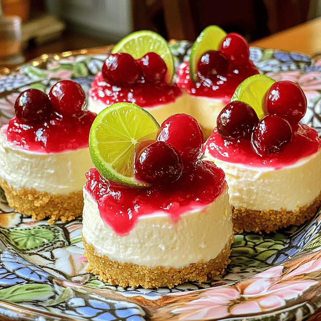 - 1 cup graham cracker crumbs - 1/4 cup unsalted butter, melted - 2 cups cream cheese, softened to room temperature - 1/2 cup granulated sugar - 1/2 cup sour cream - 2 large eggs, at room temperature - Zest of 2 limes - 1/4 cup fresh lime juice - 1 cup cherry pie filling When I make these cherry lime mini cheesecakes, I always start by gathering my ingredients. Each one plays a key role in making this dessert special. The graham cracker crumbs form a sweet base that contrasts nicely with the creamy filling. Don't forget to melt the butter first; it helps bind the crumbs together. Next, the cream cheese provides that rich, smooth texture we love in cheesecake. I prefer it to be soft, so I let it sit out for a while. The sour cream adds a tangy taste, which balances the sweetness of the sugar. Lime zest and juice bring a fresh, zesty kick that makes these cheesecakes stand out. Finally, the cherry pie filling tops it all off with a burst of flavor. This combination of ingredients creates a delightful treat. You can find the complete recipe in the Full Recipe section. - Set oven temperature to 325°F (160°C). - Prepare the muffin tin with liners or cooking spray. - Combine graham cracker crumbs with melted butter. - Press mixture into muffin cups. In this step, I love using my fingers to create a firm base. You want a nice, even layer. This helps the cheesecakes hold their shape later. - Beat cream cheese until smooth. - Gradually add sugar, sour cream, lime zest, and lime juice. I always use room temperature cream cheese for a smoother texture. Mixing in lime zest makes a big difference. It adds a bright, fresh taste that really lifts the cheesecake. - Incorporate eggs one at a time. - Fill muffin cups and bake for 18-20 minutes. When adding eggs, mix well after each one. This helps to keep the mixture creamy. Watch them closely while they bake. The centers should still jiggle slightly when you check. - Allow cheesecakes to cool before refrigerating. - Top with cherry pie filling before serving. After cooling, I pop them in the fridge for at least four hours. This helps them set perfectly. Adding cherry pie filling gives a sweet finish that complements the tart lime. For the full recipe, check out the details provided. To get the best texture in your cherry lime mini cheesecakes, start by ensuring all your ingredients are at room temperature. Cold cream cheese can lead to lumps, which you want to avoid. Let your cream cheese, eggs, and sour cream sit out for about 30 minutes before mixing. This simple step helps create a smooth batter. Next, be careful when adding eggs. Mix just enough to combine them into the batter. Overmixing can make the cheesecake dense and chewy instead of light and creamy. Remember, light mixing is key! Garnishing your mini cheesecakes can make them pop! Use fresh lime slices and tart cherries on top. These bright colors add visual appeal and enhance flavor. For the best presentation, arrange them on a decorative platter. A simple white plate can make the vibrant colors of the cheesecakes shine. This small detail can impress your guests and elevate your dessert. One common mistake is serving the mini cheesecakes too soon. Allow them to cool completely before refrigerating. If they are not cold, they may fall apart when you serve them. Another mistake is filling the muffin cups too full. Leave some space at the top. This allows the cheesecakes to rise without spilling over. Following these tips will help you make perfect mini cheesecakes every time. For the complete process, check the Full Recipe. {{image_4}} You can easily change the flavors of your mini cheesecakes. Try using different fruit toppings. Blueberries or strawberries can add a new twist. They bring their own sweetness and shine. You can also use other citrus zest. Lemon or orange zest can give a fresh kick. This adds a fun flavor twist to the creamy base. Feel free to mix and match your favorite fruits! If you need gluten-free options, it’s simple to adjust the crust. Use gluten-free graham cracker crumbs instead of regular ones. This keeps the crust tasty and safe for all. For vegan options, swap cream cheese with coconut cream or tofu. You can also use flax eggs instead of regular eggs. These changes keep the texture creamy while meeting dietary needs. Want to change how you serve these mini cheesecakes? Consider using mason jars. They create a cute and portable dessert. Just layer the crust, cheesecake filling, and topping. This idea works great for parties or picnics. You can also adjust the recipe for a larger cheesecake. Simply increase the filling and bake it in a springform pan. This way, you can share a big treat with more people! For the complete recipe, check out the [Full Recipe]. To keep your cherry lime mini cheesecakes fresh, store them in the fridge. Place them in an airtight container. This helps keep moisture out and flavor in. You can also use a glass container with a tight lid. This option works well to maintain their creamy texture. Yes, you can freeze mini cheesecakes! Wrap each cheesecake in plastic wrap. Then, place them in a freezer-safe bag or container. When you're ready to enjoy one, take it out and thaw it in the fridge overnight. Serve it cold for the best flavor. Cherry lime mini cheesecakes last about five days in the fridge. Check for signs of spoilage, like an off smell or a change in color. If they look or smell unusual, it’s best to discard them. Keeping an eye on their freshness ensures you enjoy them at their best. You can find the full recipe for these delightful treats here: [Full Recipe]. You can use a no-bake method. Start with a crust made of crushed graham crackers and melted butter. Instead of baking, chill the mixture in the fridge. For the filling, mix cream cheese, sugar, sour cream, lime juice, and zest. Pour this over the crust and let it set in the fridge for several hours. This method yields a creamy, no-bake cheesecake that is just as tasty. If you want an alternative to cream cheese, try Greek yogurt or ricotta cheese. Both options give a creamy texture. Greek yogurt adds a nice tang, while ricotta offers a mild flavor. You can also use vegan cream cheese for a dairy-free option. Adjust the sugar content based on the sweetness of your choice. To check doneness, look for the edges to be set while the center remains slightly jiggly. This way, you avoid overcooking them. A light touch in the center should feel firm but not hard. If you're unsure, you can gently shake the pan to see if they wobble. Yes, using store-bought cherry pie filling can save time. It gives a sweet and fruity topping with little effort. However, homemade filling allows for more control over sweetness and flavor. Store-bought may lack the fresh taste of homemade. Choose based on your time and taste preference. You can easily double the recipe. Just make sure to use a larger muffin tin or extra baking pans. Adjust the baking time slightly if needed. Keep an eye on the cheesecakes to ensure they don’t overbake. Doubling may also require more chilling time for the filling to set. This blog post detailed how to make delicious cherry lime mini cheesecakes. We explored the essential ingredients, like cream cheese and lime juice, along with step-by-step baking instructions. I shared tips for perfecting texture and noted common mistakes to avoid. You can even customize flavors or adjust portion sizes. Remember to store these treats properly for the best taste. Now, go ahead and impress everyone with your baking skills! Enjoy every bite of your mini cheesecakes.