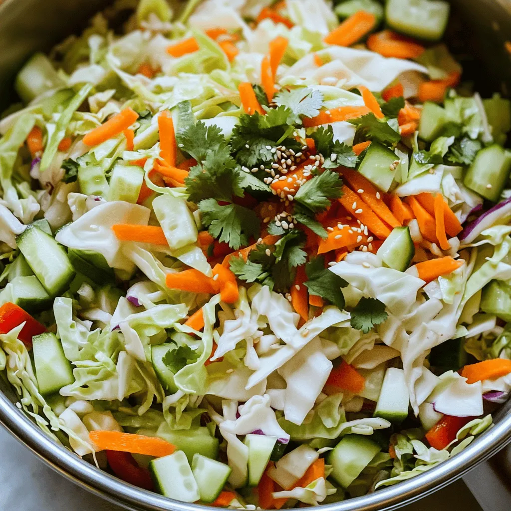 - 4 cups green cabbage, thinly sliced - 1 cup carrots, grated - 1 cup cucumber, diced - ½ cup red bell pepper, finely chopped - ¼ cup green onions, sliced - ¼ cup fresh cilantro, roughly chopped - 1 teaspoon honey - 2 tablespoons apple cider vinegar - 1 tablespoon extra virgin olive oil - Sea salt and freshly ground black pepper to taste - Toasted sesame seeds Cabbage salad is simple and packed with nutrients. First, let’s talk about the main ingredients. Fresh green cabbage forms the base. It gives crunch and fiber. The carrots add sweetness and color. Cucumbers keep the salad refreshing. Red bell pepper adds a splash of bright flavor. Green onions give it a mild bite. Finally, cilantro introduces an herbal note. You can add honey for a touch of sweetness, but it’s optional. Apple cider vinegar brings tanginess, while olive oil adds a smooth richness. Season with sea salt and black pepper for balance. Toasted sesame seeds give a nice crunch and nutty flavor. This salad is not just healthy; it’s also versatile. You can mix and match these ingredients based on what you love or have on hand. For the full recipe, check out the Crunchy Cabbage Delight 🥗 section above. Enjoy experimenting with this delightful mix! - Start by washing all your veggies well. - Take 4 cups of green cabbage and slice it thin. - Grate 1 cup of carrots and dice 1 cup of cucumber. - Chop ½ cup of red bell pepper finely. - Slice ¼ cup of green onions. - Put all the chopped veggies into a large mixing bowl. - Grab a small bowl for the dressing. - Whisk together 2 tablespoons of apple cider vinegar. - Add 1 tablespoon of extra virgin olive oil. - If you like it sweet, mix in 1 teaspoon of honey. - Season with a pinch of sea salt and black pepper. - Whisk until everything is well combined. - Drizzle the dressing over the veggies in the large bowl. - Use tongs or a large spoon to toss everything gently. - Make sure all the veggies get coated with the dressing. - Fold in ¼ cup of roughly chopped cilantro. - Sprinkle 1 teaspoon of toasted sesame seeds on top. - Let the salad sit at room temperature for 10 minutes. - This helps the flavors blend well before serving. For a full recipe, check out the *Full Recipe* section. Enjoy your fresh and tasty cabbage salad! To keep your cabbage salad fresh, use an airtight container. Place it in the fridge right away. The salad can last for three days. If the salad gets soggy, add fresh cabbage before serving. This keeps the crunch alive. You can make cabbage salad ahead for the week. Start by chopping all the veggies. Store them in separate containers. Prepare the dressing and keep it in a jar. Mix everything together when you are ready to eat. This way, your salad stays crisp and tasty all week. Want to boost the taste? Try adding fresh herbs like dill or parsley. You can also use spices like cumin or paprika. A squeeze of lemon juice brightens up the flavors too. Experiment with these ideas to find your perfect mix. {{image_4}} You can switch up your cabbage choice for this salad. Red cabbage adds a vibrant color and a slightly sweet taste. Napa cabbage has a tender texture and a mild flavor. Both options give your salad a fun twist. Try using one or mix them for a colorful dish. To make your salad filling, think about adding protein. Grilled chicken is a great choice if you want meat. Tofu is perfect for a plant-based option. Chickpeas are another fantastic addition. They boost fiber and protein, keeping you full and satisfied. Using seasonal veggies can bring new flavors to your salad. In spring, add radishes for a crisp bite. Summer is great for fresh corn or tomatoes. In fall, consider adding roasted squash. These veggies not only taste good but also add fun textures. Enjoy exploring different combinations! For the complete recipe, check out the [Full Recipe]. To keep your cabbage salad fresh, store it in an airtight container. It lasts in the fridge for up to three days. After that, the veggies may lose their crispness. If you notice extra water at the bottom, drain it before serving. This helps maintain texture and taste. Can you freeze cabbage salad? I don’t recommend it. Freezing can change the texture of the vegetables. When thawed, they may become mushy. If you want to prepare it ahead, store only the dressing separately. Mix it in when you're ready to eat. This keeps your salad fresh and crunchy. What should you look for in cabbage salad? If the colors fade or vegetables become slimy, it’s time to toss it. A sour smell is another sign of spoilage. Always trust your senses. If in doubt, throw it out. It's better to be safe than sorry. Cabbage is low in calories. One cup of raw cabbage has only 22 calories. It is also high in fiber. Fiber helps you feel full. This can reduce your overall food intake. Cabbage is packed with vitamins too. It has vitamin C and K. These vitamins support your health as you lose weight. Eating cabbage can help you stay on track with your goals. Yes, you can make the salad ahead of time. Prepare it a day in advance. Just store it in the fridge. Keep the dressing separate until serving. This keeps the veggies fresh and crunchy. Toss the dressing in right before you eat. This way, the salad stays tasty and crisp. Many dressings go well with cabbage salad. You can try a sesame dressing for a nutty flavor. A sweet vinaigrette works great too. Olive oil and lemon juice make a light option. You can also use a yogurt-based dressing for creaminess. Feel free to mix and match until you find your favorite. The total calories in cabbage salad depend on the ingredients. The basic salad has around 150 calories per serving. This includes the veggies and simple dressing. If you add nuts or fruits, the calories may increase. It’s great for light meals while keeping your calorie count low. Yes, adding fruits can enhance flavor and nutrition. Apples add sweetness and crunch. You can add oranges for a citrus twist. Diced pears also work well. For a tropical flair, try mango or pineapple. Fruits not only taste good, but they also boost vitamins in your salad. This blog post covers how to make a tasty cabbage salad. We explored the main and optional ingredients, including simple dressings and spices. I offered tips on storage and meal prep, plus fun variations to suit your taste. To wrap up, cabbage salad is healthy, flexible, and great for meals. It’s easy to prepare and store, making it a perfect option for busy days. Enjoy experimenting with your own ingredients and flavors. The options are endless!