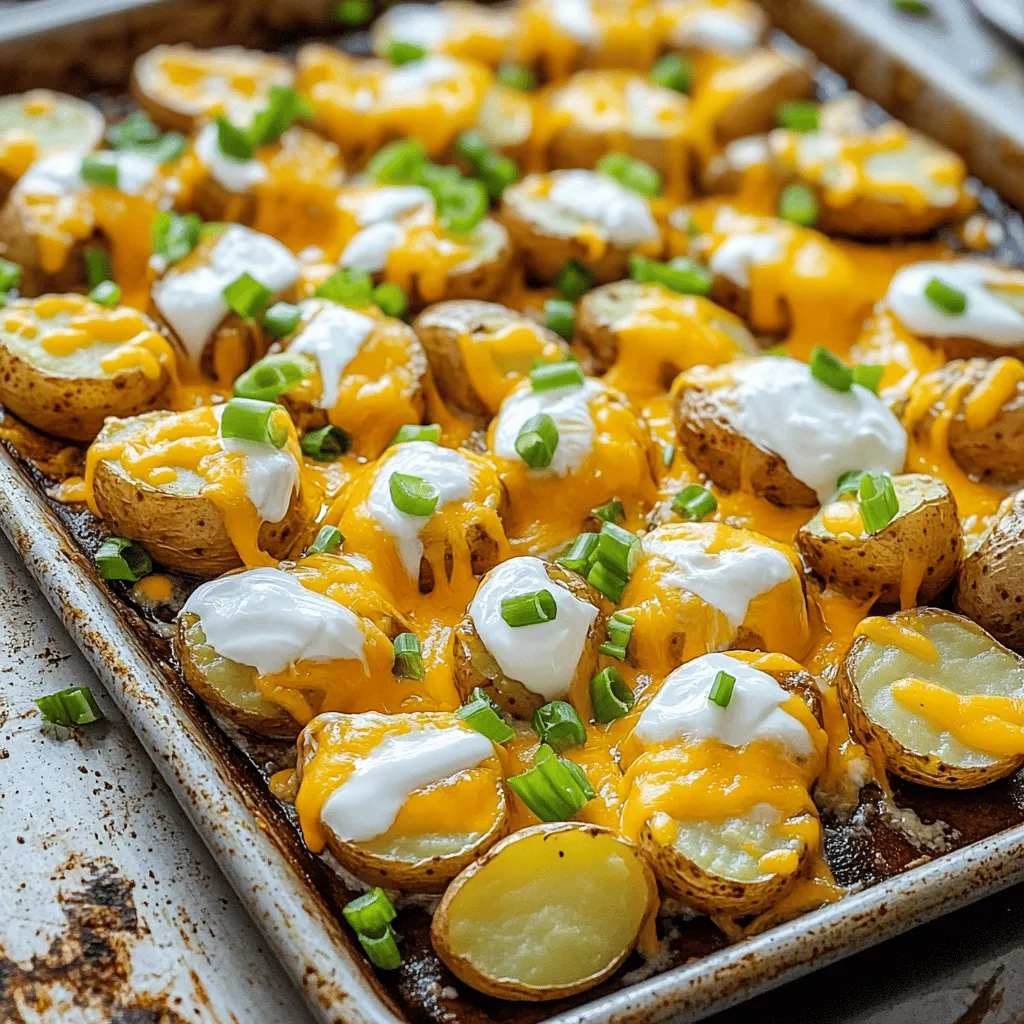 - 2 lbs baby potatoes - 1 packet ranch seasoning mix - 3 tablespoons olive oil - 1 cup shredded cheddar cheese The star of this dish is the baby potatoes. They cook fast and stay creamy inside. The ranch seasoning mix adds a burst of flavor. Olive oil helps make everything crispy. Finally, the cheddar cheese melts into gooey goodness. - 1 teaspoon garlic powder - 1/2 teaspoon paprika - Salt and pepper to taste Garlic powder gives a warm taste. Paprika adds a smoky note. Salt and pepper are key to balance. These small tweaks make a big difference in flavor. - 1/2 cup sour cream - 1/4 cup chopped green onions Sour cream adds creaminess and tang. Green onions give a fresh crunch. These toppings elevate your dish and make it even more tasty. To see the full recipe, check the details above. - Preheat your oven to 425°F (220°C). This step makes sure your potatoes cook well. - In a large bowl, add 2 lbs of halved baby potatoes. Pour in 3 tablespoons of olive oil. - Sprinkle in 1 packet of ranch seasoning mix, 1 teaspoon of garlic powder, and 1/2 teaspoon of paprika. - Add salt and pepper to taste. Toss the potatoes so they are well coated in the mixture. - Next, arrange the coated potatoes on a large baking sheet. Spread them out in a single layer. - Place the baking sheet in the oven. Bake for 25-30 minutes. Stir the potatoes halfway through to help them cook evenly. - After baking, take out the sheet. Sprinkle 1 cup of shredded cheddar cheese over the hot potatoes. - Put the sheet back in the oven. Bake for another 5 minutes, until the cheese melts and bubbles. - Remove from the oven. Drizzle 1/2 cup of sour cream over the cheesy potatoes. - Finally, garnish with 1/4 cup of chopped green onions for a fresh touch. Enjoy this simple and tasty dish with the full recipe to guide you! To make the best One-Pan Cheesy Ranch Potatoes, start with the right potatoes. I recommend using baby potatoes. They are small, tender, and cook evenly. Their skin adds great texture and flavor. Next, ensure even seasoning. This step is key for full flavor. When you coat the potatoes, mix them well with the ranch seasoning, olive oil, and other spices. A good toss helps every piece get that tasty blend. Now, let's talk about cooking methods. You may wonder if baking or roasting is better. Baking is great for even cooking and a soft inside. Roasting, on the other hand, can give you a crispier outside. I suggest roasting them at 425°F to get the best of both worlds. To achieve crispy potatoes, spread them out in a single layer on the baking sheet. This helps hot air circulate around each potato. Stir halfway through cooking for even browning. For a complete meal, pair these potatoes with grilled chicken or a fresh salad. The cheesy ranch flavor complements many dishes! If you're hosting a gathering, get creative with your serving. You can serve them straight from the baking sheet for a casual vibe. Alternatively, transfer them to a nice dish and top with extra green onions for a pop of color. For the full recipe, check out the earlier section. {{image_4}} You can swap cheese for variety. Try mozzarella or pepper jack for a different taste. Each cheese brings a unique flavor. You can also add protein to your dish. Cooked bacon or shredded chicken boosts protein and taste. Both options make the meal more filling. If you like spice, add jalapeños or hot sauce. This gives the dish a nice kick. You can also mix in herbs like rosemary or thyme. These herbs add fresh notes and depth. Experiment with different spices to find your favorite blend. Want to save time? Try using an air fryer. Cook the potatoes at 400°F for about 20 minutes. Shake the basket halfway through for even crisping. For a slow cooker method, combine all your ingredients in the cooker. Cook on low for 6 hours or high for 3 hours. This method makes the potatoes tender and allows flavors to meld nicely. You can find the full recipe to get started on your one-pan cheesy ranch potatoes. To store cheesy ranch potatoes, let them cool down first. Then, place them in an airtight container. This helps keep them fresh and prevents them from drying out. You can store them in the fridge for up to four days. When reheating, use the microwave. Heat them in short bursts of 30 seconds. Stir after each burst to ensure even warming. Freezing cheesy ranch potatoes is easy. Start by letting them cool completely. Then, scoop them into freezer-safe containers. Make sure to leave some space at the top since they can expand. You can also wrap them tightly in plastic wrap, then foil. Thaw them overnight in the fridge before reheating. Leftovers last about four days in the fridge. After that, they might spoil. Signs of spoilage include a sour smell, mold, or a strange texture. Always check before eating. If you're unsure, it's best to throw them out to stay safe. Can I make this recipe ahead of time? Yes, you can prepare the potatoes ahead. Just season them and store in the fridge. Bake them when you're ready. This saves you time on busy days. What if I don’t have ranch seasoning? No problem! You can mix your own. Use dried herbs like dill and parsley, plus garlic powder. You can make a tasty blend that still gives great flavor. Is this recipe gluten-free? Yes, this recipe is gluten-free! All the ingredients are safe for those who avoid gluten. Just check the ranch seasoning to be sure. How can I make it vegetarian? This dish is already vegetarian! Just skip any meat toppings. Enjoy the cheesy ranch flavors without any meat. What if my potatoes aren’t cooking evenly? If your potatoes cook unevenly, try cutting them into similar sizes. This helps them cook at the same rate. Stir them halfway through to help too. Can I use other types of potatoes instead? Absolutely! You can use regular potatoes or sweet potatoes. Just adjust the cooking time if needed. Make sure to cut them into pieces for even cooking. For the full recipe, visit [Full Recipe]. One-Pan Cheesy Ranch Potatoes are simple and delicious. We covered key ingredients and easy steps. Topping with cheese, sour cream, and green onions adds great flavor. You can swap ingredients and try different cooking methods to make this dish your own. Enjoy this dish for dinner or special events. With these tips, you’ll impress family and friends. Get ready to enjoy tasty potatoes that everyone will love!