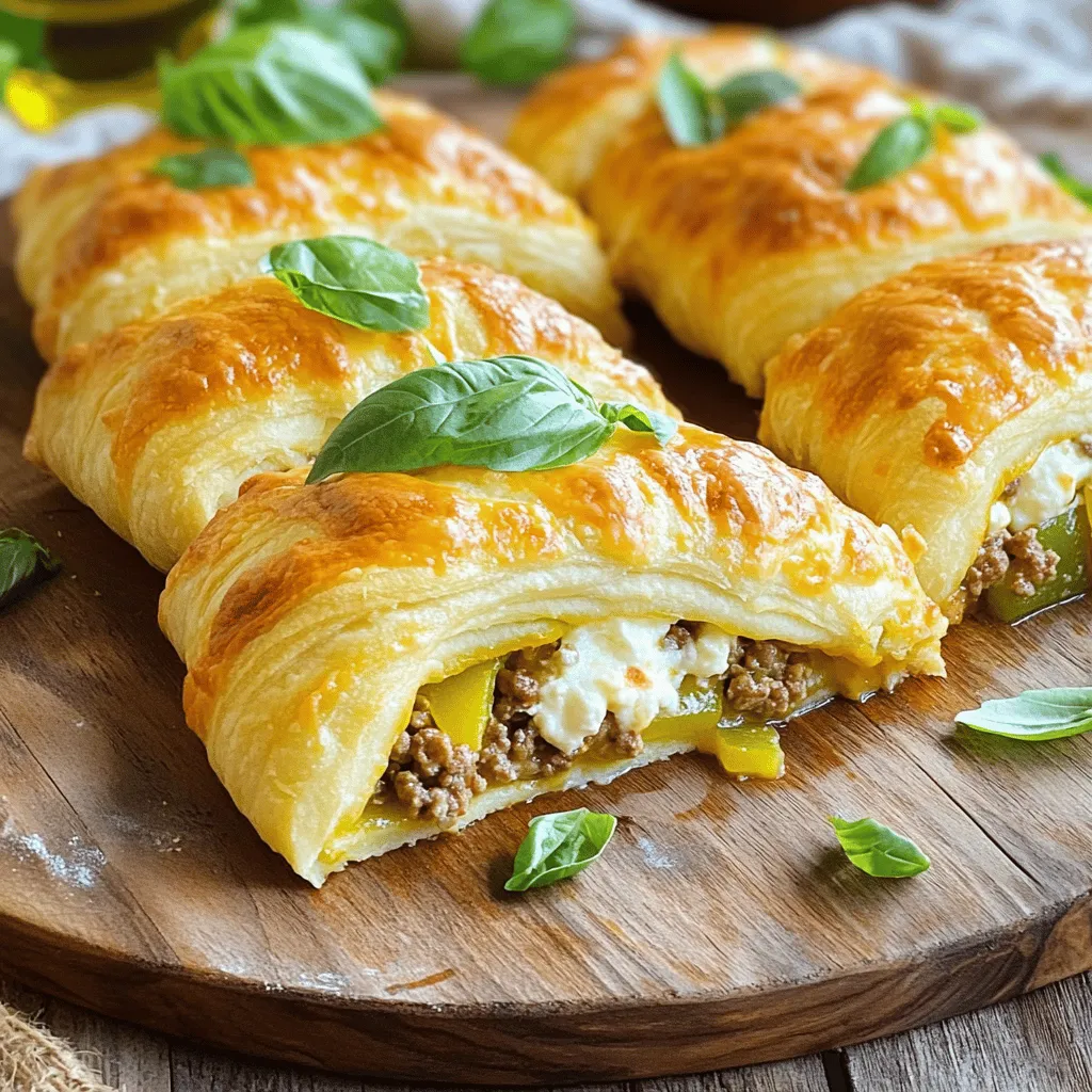 - 1 can refrigerated crescent roll dough - 1 pound ground beef (or ground turkey for a lighter option) - 1 small onion, finely chopped - 2 cloves garlic, minced - 1 bell pepper (any color), diced - 1 can (15 oz) marinara sauce - 1 teaspoon Italian seasoning - 1 cup ricotta cheese - 2 cups shredded mozzarella cheese (divided) - Salt and black pepper to taste - Fresh basil leaves for garnish When I create the Italian Crescent Casserole, I focus on quality ingredients. The dough is the base. I often use refrigerated crescent roll dough for its ease and buttery flavor. Ground beef or turkey adds protein and heartiness. I finely chop a small onion and mince garlic to build a strong flavor foundation. To enhance the dish, I add a diced bell pepper, which gives a fresh crunch. A can of marinara sauce brings the Italian taste we all love. I sprinkle in Italian seasoning to deepen the flavors. The creamy part is essential. I mix ricotta cheese with shredded mozzarella for richness. I always add salt and pepper to balance the flavors. Finally, fresh basil leaves on top add color and aroma. This combination makes the casserole not just tasty, but also beautiful. You can find the Full Recipe to make this delicious dish! - Preheat oven to 375°F (190°C). - Brown ground beef, onion, and garlic in a skillet. Start by preheating your oven so it's ready when you finish the prep. Use a large skillet over medium heat. Add one pound of ground beef, one small chopped onion, and two minced garlic cloves. Cook until the meat is brown and the onion is clear, about 5-7 minutes. If you see too much fat, drain some off. - Sauté diced bell pepper with beef mixture. - Stir in marinara sauce and Italian seasoning. Next, toss in a diced bell pepper. This adds color and crunch. Sauté for another 3-4 minutes. Then, pour in one can of marinara sauce and one teaspoon of Italian seasoning. Let it simmer for about 5 minutes so all the flavors blend well. - Combine ricotta and half of mozzarella in a bowl. In a separate bowl, mix one cup of ricotta cheese with one cup of shredded mozzarella. Stir until it’s smooth and creamy. This will add richness to your casserole. - Lay crescent dough in baking dish and spread beef mixture. - Dollop ricotta mixture on top and fold dough edges. Open a can of crescent roll dough and lay it flat in a greased 9x13 inch baking dish. Press the seams together to form one sheet. Spread your beef mixture evenly over the dough. Then, dollop your ricotta mixture on top. Finally, fold the edges of the dough over the filling to seal it in. - Sprinkle remaining mozzarella and bake for 20-25 minutes. Sprinkle the last cup of mozzarella on top. Place the dish in the preheated oven and bake for 20-25 minutes. You’ll know it’s done when the dough is golden brown and the cheese is melted and bubbly. - Let cool for a few minutes and garnish with basil leaves. Once you take it out of the oven, let it cool for a few minutes. Then, garnish with fresh basil leaves. This adds a lovely touch and fresh flavor to your dish. Enjoy your Italian Crescent Casserole! For the full recipe, check out the details provided earlier. - Ensure the crescent dough is sealed well for even baking. A good seal keeps the filling inside and helps it cook evenly. - Use a thermometer to check cheese doneness. Aim for around 160°F (71°C) to confirm it’s fully cooked. - Experiment with different cheeses for added flavor. Swap mozzarella for provolone or gouda to change the taste. - Add crushed red pepper for some spice. A little heat can elevate the dish and excite your taste buds. - Cut the casserole into squares and garnish for an attractive serving. Fresh basil leaves or a drizzle of olive oil really enhances the look. {{image_4}} You can switch up the protein in your casserole for fun flavors. Use ground chicken if you want a lighter option. Ground sausage adds a nice kick, too. For a meat-free meal, try vegetarian meat alternatives. They work well and keep the dish hearty. Adding veggies is a great way to boost nutrition. Spinach and zucchini blend nicely with the other ingredients. They add color and flavor. Mushrooms are another excellent choice if you want an earthy taste. They give the dish extra depth and texture. Cheese makes everything better! You can swap ricotta for cottage cheese. This change gives a different texture and taste. Experiment with various mozzarella types, too. Smoked mozzarella adds a unique flavor that elevates the dish. Don’t be afraid to get creative! For the full recipe, check out the link above. Store any leftover Italian Crescent Casserole in an airtight container. It will keep fresh for up to 3 days. This makes it easy to enjoy your delicious meal later in the week. Just remember to let it cool before you store it. You can freeze an unbaked casserole for up to a month. Wrap it tightly in plastic wrap and then foil to prevent freezer burn. If you bake the casserole, it can be frozen for up to 2 months. Just let it cool completely before packing it up for the freezer. For the best texture, reheat your casserole in the oven. Preheat your oven to 350°F (175°C) and bake for about 20 minutes, or until heated through. You can also use a microwave if you're in a hurry. Just be aware that the texture may change a bit. It might not be as crispy, but it will still taste great! Yes, you can prepare and assemble the casserole and store it in the fridge overnight before baking. This saves time on busy nights. Just remember to cover it well with plastic wrap. When you’re ready, bake it straight from the fridge. It will taste fresh and delicious. Puff pastry or bread dough can be used as alternatives. Puff pastry gives a flaky texture. Bread dough creates a heartier base. Both options work great in this casserole. You can modify the flavor and texture to your liking. Baking times may vary; check for golden brown dough and bubbling cheese as indicators. If you use a larger dish, it might take a bit longer. If smaller, it could bake faster. Always look for that golden color and melted cheese to know it's done. Yes, the flavors are mild and appealing for children. The combination of meat, cheese, and sauce makes it a hit. Kids love the gooey cheese and soft dough. It’s a perfect meal for families. Absolutely, store-bought sauce works well for convenience and flavor. Many brands have great taste without extra work. You can even try different flavors to find your favorite. Just pour it right into the skillet when needed. This blog post covered how to make a tasty Italian Crescent Casserole. We explored ingredients like crescent roll dough, ground beef, and ricotta cheese. I shared easy steps to prepare, bake, and serve your dish. Remember, feel free to mix in your favorite veggies or switch the meat. With these tips, you can create a dish that's both fun and flavorful. Enjoy your cooking adventure!