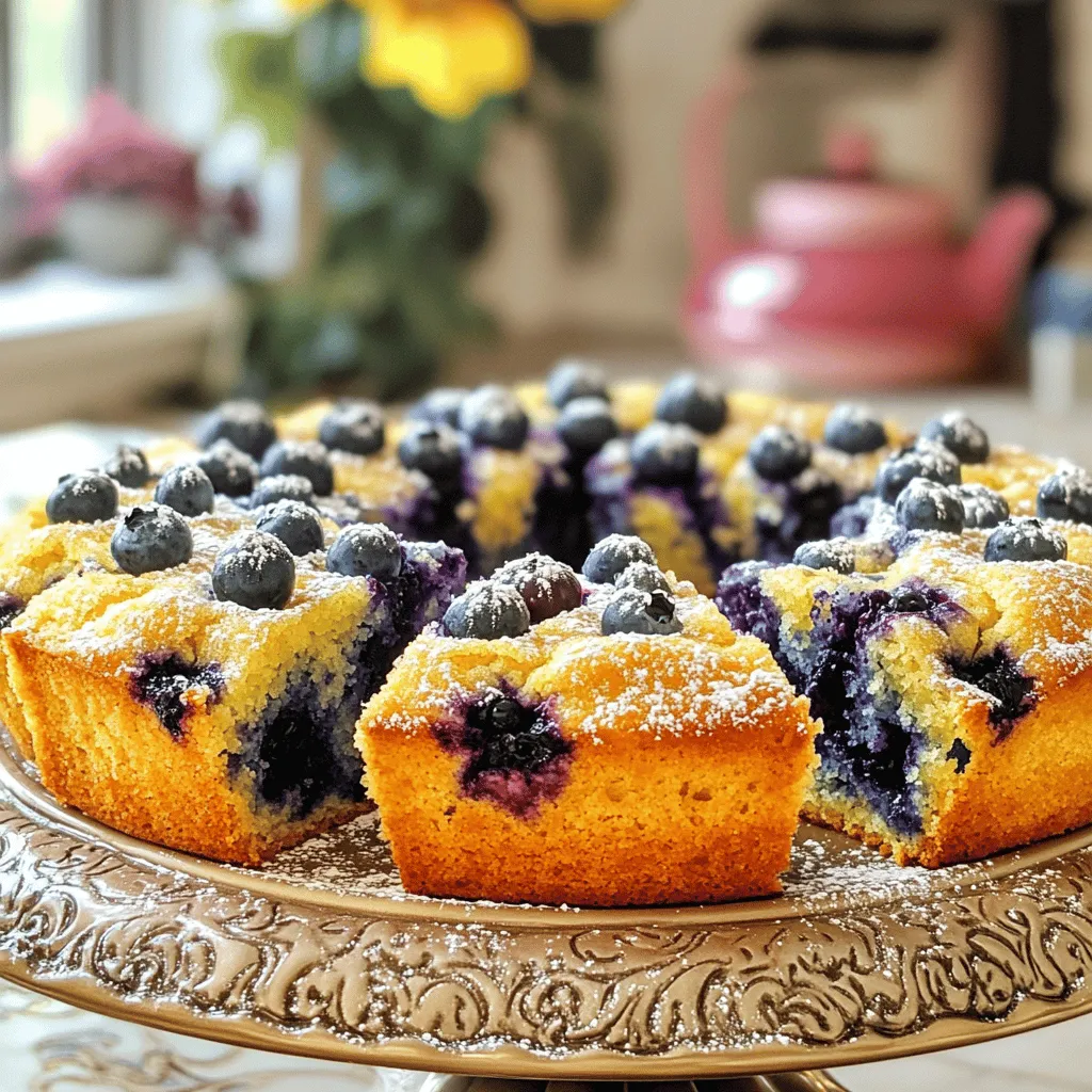 - 2 cups all-purpose flour - 1 cup granulated sugar - 1 tablespoon baking powder - 1/2 teaspoon salt - 1/2 cup unsalted butter, melted - 1 cup whole milk - 2 large eggs - 1 teaspoon pure vanilla extract - 2 cups fresh blueberries - 1 teaspoon freshly grated lemon zest - 1/2 teaspoon ground cinnamon - 1/4 cup coarse sugar for topping Gather all these ingredients first. This makes cooking easy and fun. You can find most items in your kitchen or local market. If you don’t have certain ingredients, don’t worry! You can swap them out. - Alternative sweeteners: You can use honey or maple syrup in place of sugar. - Dairy-free options: Substitute almond or oat milk for whole milk. Use coconut oil instead of butter. - Gluten-free flour alternatives: Try almond flour or a gluten-free blend instead of all-purpose flour. - Mixing bowls - Whisk - Baking pan (9x13 inch) - Spatula Having the right tools makes a big difference. A good baking pan helps the cake bake evenly. A whisk mixes the batter well. A spatula ensures you get every bit of the batter into the pan. Following this list helps you feel ready to bake. With these simple ingredients and tools, you can create a delicious blueberry muffin cake! For the full recipe, check out the details above. - Preheat the oven to 350°F (175°C). - Grease a 9x13 inch baking pan or line it with parchment paper. - In a large bowl, combine: - 2 cups all-purpose flour - 1 cup granulated sugar - 1 tablespoon baking powder - 1/2 teaspoon salt - 1/2 teaspoon ground cinnamon Mix these well to ensure even distribution. - In another bowl, blend together: - 1/2 cup unsalted butter, melted - 1 cup whole milk - 2 large eggs - 1 teaspoon pure vanilla extract - 1 teaspoon freshly grated lemon zest Whisk until smooth and creamy. - Pour the wet mixture into the dry ingredients. - Stir gently until just combined. It’s fine if the batter has lumps; avoid overmixing. - Carefully fold in: - 2 cups fresh blueberries Make sure not to crush the blueberries. - Transfer the batter to the greased baking pan. - Smooth the top with a spatula. - Sprinkle 1/4 cup coarse sugar on top for a nice crunch. - Bake for 40-45 minutes. Check by inserting a toothpick in the center; it should come out clean. This is how you create a delicious blueberry muffin cake. For the full recipe, refer to the main guide. To avoid undercooked centers, always check your oven temperature. Use an oven thermometer to ensure it heats properly. When baking, place the cake in the center. This helps it bake evenly. If the top browns too fast, cover it loosely with foil. This keeps the inside moist. For measuring flour, use the scoop and level method. Scoop flour into your measuring cup without packing it down. Then, level it off with a straight edge. This gives you the right amount. Too much flour can make your cake dense. To enhance the flavor, consider adding spices like nutmeg or ginger. These warm spices add depth to the cake. You can start with a 1/4 teaspoon of either spice, and adjust to your taste. Incorporating citrus zest can brighten the flavor. Lemon zest works great, but orange zest can be fun too. Just a teaspoon adds a nice touch without overpowering the blueberries. Pair the cake with ice cream or whipped cream for a treat. The creaminess balances the cake's sweetness. You can also serve it with a scoop of vanilla or a dollop of fresh whipped cream. For beverages, hot tea or coffee works well. A light herbal tea can complement the flavors. Lemonade is a refreshing choice too, especially in summer. For the full recipe, check out the Blueberry Muffin Cake Bliss. {{image_4}} You can add a twist to your blueberry muffin cake. One option is to make a lemon blueberry muffin cake. Simply add a little extra lemon zest and juice. This will brighten the flavors and give a fresh taste. Another fun idea is to create a cinnamon streusel topping. Mix brown sugar, flour, and cinnamon. Sprinkle it over the batter before baking. This adds a crunchy texture and rich flavor. For those who follow a vegan diet, you can easily adapt this recipe. Use plant-based milk and substitute eggs with flaxseed meal or applesauce. This vegan blueberry muffin cake will still be moist and tasty. If you want a low-sugar version, try using a sugar substitute or reduce the sugar amount. The cake will still be sweet and delicious. You can also change the flavors with the seasons. In the winter, add nutmeg or cranberries for a holiday twist. These spices and fruits can warm up your cake. During summer, mix in other fresh fruits like strawberries or peaches with the blueberries. These seasonal variations make the cake fun and exciting. For the full recipe, check out the Blueberry Muffin Cake Bliss section. To keep your blueberry muffin cake fresh at room temperature, store it in an airtight container. This helps maintain its moisture and flavor. If you don’t have a container, cover the cake with plastic wrap or foil. Make sure the cake is cool before wrapping it. This prevents steam from making it soggy. For long-term storage, freezing is your best option. Slice the cake into pieces, then wrap each piece tightly in plastic wrap. Place the wrapped slices in a freezer bag or container. This keeps them fresh for up to three months. When you’re ready to eat, remove a slice and let it thaw at room temperature. You can also warm it up in the oven for a few minutes. Check for spoilage by looking for mold or an off smell. If the cake feels dry or crumbly, it may not taste good anymore. To keep your cake fresh longer, always store it properly. If you notice any signs of spoilage, it’s best to throw it away. To make blueberry muffin cake from scratch, follow these steps: 1. Preheat your oven to 350°F (175°C). Grease a 9x13 inch baking pan. 2. In a large bowl, mix 2 cups of flour, 1 cup of sugar, 1 tablespoon of baking powder, 1/2 teaspoon of salt, and 1/2 teaspoon of cinnamon. 3. In another bowl, whisk together 1/2 cup of melted butter, 1 cup of milk, 2 eggs, 1 teaspoon of vanilla extract, and 1 teaspoon of lemon zest. 4. Pour the wet mix into the dry mix. Stir until just combined. Don't overmix. 5. Fold in 2 cups of blueberries gently. 6. Pour the batter into the greased pan and smooth the top. 7. Sprinkle 1/4 cup of coarse sugar on top. 8. Bake for 40-45 minutes. Use a toothpick to check if it comes out clean. Yes, you can use frozen blueberries. They are great for this recipe. Frozen berries are often picked at peak ripeness. They are also convenient and save time. Just be sure to fold them in gently to avoid crushing them. If you want to replace eggs, here are some options: - 1/4 cup unsweetened applesauce per egg. - 1/4 cup yogurt or buttermilk can work too. - You can use a flaxseed meal: mix 1 tablespoon of flaxseed with 2.5 tablespoons of water. Let it sit for 5 minutes. You can serve this cake in many ways: - Slice it into squares and place on a nice plate. - Dust with powdered sugar for a sweet touch. - Add fresh blueberries or mint leaves as a garnish. - Pair it with whipped cream or ice cream for extra delight. Yes, you can store the cake easily. - At room temperature, it lasts for 2-3 days. - Cover it with plastic wrap to keep it fresh. - For longer storage, you can freeze it. Wrap slices tightly in foil or plastic. It can last up to 3 months in the freezer. To check if your cake is done: - Insert a toothpick into the center. - If it comes out clean, your cake is ready. - You can also gently press the top; it should spring back. - If it feels soft or leaves an indentation, it needs more time. In this post, we explored the key ingredients, tools, and steps needed to make blueberry muffin cake. I shared tips for variations and storage methods to keep your cake fresh. Whether you stick to the original recipe or try new flavors, you can easily customize this treat. With simple alternatives and enhancements, you can create a version that fits your taste. Now, grab your ingredients and get baking! Enjoy every moist and delicious bite.