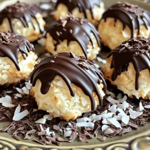 - 3 cups sweetened shredded coconut - 1 cup sweetened condensed milk - 1 teaspoon pure vanilla extract - 1/4 teaspoon fine sea salt - 2 large egg whites - 1/4 cup granulated sugar To make delicious coconut macaroons, you need a few simple ingredients. Sweetened shredded coconut gives them that chewy texture. Sweetened condensed milk adds the right amount of sweetness and moisture. Vanilla extract brings out lovely flavors. A pinch of fine sea salt balances the sweetness. You must use egg whites for that fluffy inside. Granulated sugar is needed to sweeten the egg whites. - 1 cup dark chocolate chips (dairy-free, if preferred) - 1 tablespoon coconut oil For the chocolate coating, dark chocolate chips give a rich flavor. If you want a dairy-free option, choose dairy-free chocolate chips. Adding coconut oil helps the chocolate melt smoothly and makes it glossy. Using the right measurements is key for great results. If you add too much coconut, your macaroons may be dry. Too little sweetened condensed milk will make them hard. Always measure carefully for the best texture and taste. Follow the Full Recipe for detailed instructions and to ensure a successful bake. Set your oven to 325°F (160°C) for the perfect bake. This temperature helps the macaroons cook evenly. Next, prepare a baking sheet by lining it with parchment paper. This step keeps the macaroons from sticking and makes cleanup easy. In a large mixing bowl, combine the sweetened shredded coconut, sweetened condensed milk, pure vanilla extract, and fine sea salt. Stir well until all ingredients are mixed and the coconut is coated. This mixture is the heart of your macaroons. In another bowl, whip the egg whites with an electric mixer. Beat until soft peaks form. Gradually add granulated sugar while mixing. This step is vital, as you want the egg whites to hold stiff peaks and look glossy. It gives the macaroons their light and airy texture. Now it’s time to form the mounds. Use a cookie scoop or your hands to shape the mixture into small mounds, about 1 to 1.5 inches wide. Place them on the prepared baking sheet, leaving space between each. Bake for 20-25 minutes until the edges are golden brown. Let them cool completely on the sheet. While the macaroons cool, melt the dark chocolate chips with coconut oil. Use a microwave-safe bowl, heating in 30-second intervals. Stir well after each interval until smooth. Once cooled, dip the bottoms of the macaroons in the melted chocolate or drizzle it over the tops. Place them back on the sheet and let them set for about 15 minutes until the chocolate hardens. For the full recipe, follow all these steps closely to create delicious Coconut Macaroons with Dark Chocolate Delight! Whipping egg whites properly is key. Start with clean, dry bowls and beaters. This helps the egg whites whip up light and fluffy. Beat until soft peaks form, then add granulated sugar slowly. Continue beating until you see stiff peaks. This step gives your macaroons that airy structure. The more air you incorporate, the better the texture. Sometimes, macaroons don't hold their shape. If this happens, check your egg whites. They need to be whipped to stiff peaks. If they are too soft, the macaroons will spread. Another tip is to ensure you form the mounds tightly. Use a cookie scoop to help keep them uniform. This helps them bake evenly and maintain their shape. To keep your macaroons fresh, store them in an airtight container. This keeps moisture out and preserves texture. You can place parchment paper between layers to avoid sticking. For longer storage, consider freezing them. Just make sure to wrap them well. Thaw them at room temperature before serving. Enjoy them at their best for days! {{image_4}} You can make coconut macaroons even more fun with flavors. Adding extracts or spices can change everything. Here are some ideas: - Almond Extract: Swap vanilla for almond extract. This gives a nice nutty taste. - Cinnamon: A pinch of cinnamon adds warmth. It pairs well with coconut. - Lemon Zest: Add some lemon zest for a fresh kick. It brightens the flavor. These simple tweaks can make your macaroons unique. Don't be afraid to get creative! If you need to make some changes, there are options. Here are a few substitutions to consider: - Dairy-Free Sweetened Condensed Milk: You can find dairy-free versions at many stores. This works well for those who are lactose intolerant. - Unsweetened Coconut: You can use unsweetened coconut if you want less sugar. Just add a bit more sweetened condensed milk. - Egg Replacers: For vegan macaroons, try using flax eggs or applesauce instead of eggs. These swaps keep the macaroons tasty while meeting different dietary needs. Pairing your dark chocolate macaroons with drinks can enhance the experience. Here are some great ideas: - Coffee: The rich flavors of coffee match well with chocolate. - Tea: A cup of herbal tea can balance the sweetness. Try chamomile or mint. - Milk: Classic cow’s milk or almond milk brings a creamy touch. These pairings make your dessert time even more special! Store your macaroons in an air-tight container. This keeps them fresh and moist. If you want to store them longer, put them in the fridge. Refrigeration helps them last better. But remember, cold can change the texture. Freezing macaroons is simple. First, let them cool completely. Then, place them on a baking sheet. Freeze them for about an hour. Once frozen, transfer them to a freezer-safe bag. Remove as much air as you can. This helps avoid freezer burn. When you want to enjoy them, thaw at room temperature. At room temperature, macaroons last about 3-5 days. If stored in the fridge, they can last up to 2 weeks. The chocolate coating may soften in the fridge, but the flavor stays great. Always check for freshness before enjoying. Look for a golden edge on the macaroons. The tops should be lightly browned. If they still look pale, give them a few more minutes. Once they cool, they will firm up more. The perfect macaroon has a crisp exterior and a soft, chewy center. Yes, you can use unsweetened coconut. However, this choice changes the flavor. Your macaroons will taste less sweet. You may want to add a bit more sugar to balance this. The texture will also be drier. Sweetened coconut gives that classic, chewy bite. Use a fork to dip the macaroons in chocolate. This method helps avoid messy fingers. You can also use a spoon to drizzle chocolate on top. Make sure to let the excess chocolate drip off. This way, you get a smooth finish. Coconut macaroons pair well with coffee or tea. The rich flavors balance nicely. You can also serve them with fresh fruit. Berries add a nice tartness. For a fun twist, try them with ice cream. The contrast of temperatures delights the senses. Coconut macaroons are easy to make with simple ingredients like coconut, eggs, and chocolate. We covered detailed steps, tips for perfect texture, delicious variations, and smart storage methods. As you create your own macaroons, remember these key points. Enjoy the process and feel free to get creative. Baking should be fun and rewarding. Make some today and savor each bite!