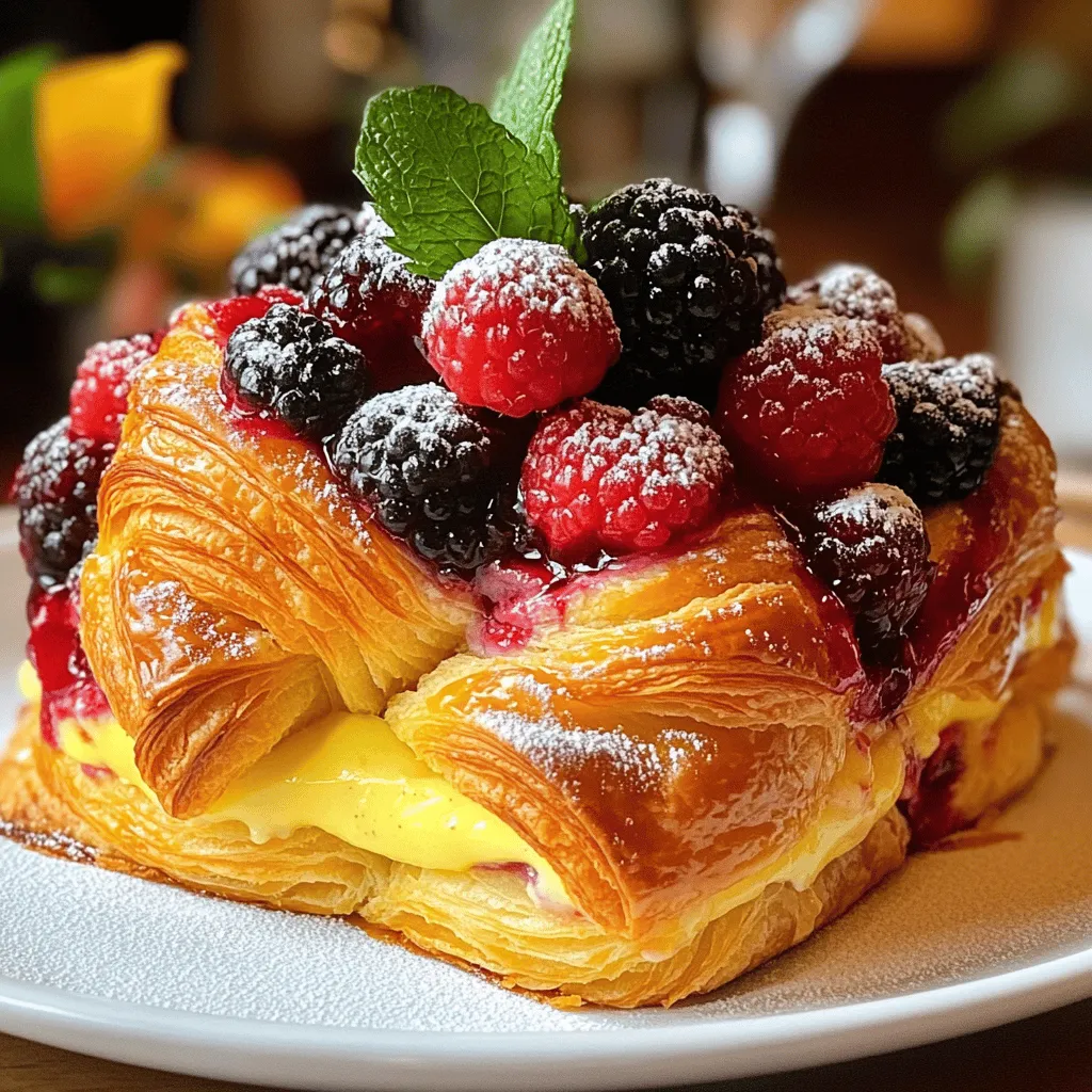 - 4 large croissants, torn into bite-sized pieces - 2 cups mixed berries (strawberries, blueberries, and raspberries) - 3 large eggs, at room temperature - 1 cup milk (whole or 2%) - 1/2 cup heavy cream - 1/4 cup pure maple syrup - 1 teaspoon pure vanilla extract - 1 teaspoon ground cinnamon - Powdered sugar, for dusting - Fresh mint leaves, for garnish Gathering the right ingredients is key to making a great Berry Croissant Bake. Start with fresh croissants. The best choice is large, flaky ones. You can use any berries you like, but I suggest a mix of strawberries, blueberries, and raspberries. This mix gives great color and flavor. Next, you'll need eggs. It’s best to use eggs that are at room temperature. This helps them blend nicely into the mix. For the liquid base, whole or 2% milk works well. Heavy cream adds richness, making each bite creamy and delicious. Maple syrup is your sweetener here. It adds depth to the flavor, while vanilla extract brings warmth. Ground cinnamon adds a hint of spice, making it cozy. Finally, don’t forget the powdered sugar for dusting. It adds a lovely touch right before serving. Fresh mint leaves add color and a refreshing taste. Once you have these ingredients, you’re ready to create a delightful dish. Check out the Full Recipe for more details on how to put it all together! - Preheat your oven to 350°F (175°C). Grease a 9x13 inch baking dish with butter. - In a large bowl, combine the torn croissants and mixed berries. Gently fold them together. - In another bowl, whisk together eggs, milk, heavy cream, maple syrup, vanilla extract, and cinnamon until smooth. - Pour the egg mixture evenly over the croissant and berry blend. - Let it soak for about 10 minutes. Press down on the croissants gently to help them absorb. - Place the baking dish in the oven. Bake for 30-35 minutes until golden brown. - Remove from the oven and cool for 5-10 minutes before slicing. - Dust the top with powdered sugar and add fresh mint for garnish. This Berry Croissant Bake will impress everyone at your table. You can find the full recipe above to guide you through each step. - Use day-old croissants for better texture Using day-old croissants helps the bake stay soft. Fresh croissants can become too soggy. Day-old ones soak up the custard beautifully. - Allow sufficient soaking time Let the mixture sit for about 10 minutes. This soaking time allows the croissants to soak in the creamy goodness. It makes each bite rich and flavorful. - Monitor baking for desired doneness Keep an eye on the bake as it cooks. You want a golden brown top. If the edges darken too fast, cover them with foil. This way, the inside cooks perfectly. - Pair with whipped cream or yogurt A dollop of whipped cream adds sweetness. Greek yogurt brings a tangy twist. Both options balance the berry flavors well. - Serve warm or at room temperature Enjoy the bake warm for a cozy treat. You can also serve it at room temperature. Either way, it tastes delightful and inviting. {{image_4}} You can change fruits in the Berry Croissant Bake. If you prefer peaches or cherries, feel free to swap them in. These fruits bring a fresh taste and different textures. They also pair well with the croissants and custard. For those who need dairy-free options, you can use almond milk or coconut cream. Both alternatives work well in this recipe. They keep the dish creamy without the dairy. You won’t lose any flavor, so don’t worry! To boost the taste, try adding spices like nutmeg or cardamom. Just a pinch can make a big difference. These spices add warmth and depth to the dish. They are easy to find and can enhance the overall flavor. You might also think about adding chocolate or nuts. Chopped dark chocolate gives a rich twist. If you prefer nuts, consider walnuts or pecans for crunch. They add texture and make the bake even more delightful. Feel free to explore these variations to make the dish your own! For the full recipe, check out the Berry Croissant Bake. To keep your Berry Croissant Bake fresh, store leftovers in the fridge. Place it in an airtight container. This helps keep moisture in and prevents it from drying out. You can also cover the baking dish tightly with plastic wrap or aluminum foil. I recommend using glass or plastic containers with tight lids. These containers do a great job at keeping the bake fresh. If you have a lot of leftovers, you can use smaller containers for easy access. This way, you can enjoy your Berry Croissant Bake for days to come without losing flavor. For reheating, the oven works best to keep the texture. Preheat your oven to 350°F (175°C). Place slices of the bake in a baking dish, cover them with foil, and heat for about 15-20 minutes. This method warms the dish evenly without making it soggy. If you're in a hurry, you can also use the microwave. Heat individual slices on a microwave-safe plate for about 30-45 seconds. Just make sure to check that it does not get too hot, as this can change the texture. Enjoy your delicious Berry Croissant Bake, even on day two! Yes, you can prepare the Berry Croissant Bake ahead of time. Simply follow the recipe up to the soaking step. Cover it tightly and store it in the fridge overnight. This makes for an easy breakfast the next morning. You can tell the bake is done when the top is golden brown. Insert a knife into the center. If it comes out clean, it’s ready. The bake should also feel firm to the touch. This dish goes well with whipped cream or yogurt. You can also add some fresh berries on the side. A drizzle of maple syrup adds extra sweetness. Yes, you can freeze leftovers. Cut the bake into portions and wrap them tightly. Use freezer-safe bags or containers to keep them fresh. Thaw in the fridge before reheating. You can switch up the fruits. Try using peaches or cherries for a twist. For a fun flavor boost, add spices like nutmeg or cardamom. You might also mix in some chocolate chips or nuts for crunch. This recipe for Berry Croissant Bake showcases simple steps and fresh ingredients. You learned how to prepare, bake, and serve this delightful dish. Plus, I shared tips on choices and storage. Don't hesitate to try variations that suit your taste. This bake is perfect for breakfast or dessert. Enjoy the burst of flavors and textures from the croissants and berries. Always remember, cooking is about fun and creativity. Make this dish your own and share it with others.