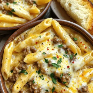To whip up this hearty meal, gather these ingredients: - 12 ounces penne pasta - 1 pound ground beef - 4 tablespoons unsalted butter - 4 cloves garlic, minced - 1 teaspoon red pepper flakes (optional for heat) - 1 cup heavy cream - 1 ½ cups shredded mozzarella cheese - ½ cup grated Parmesan cheese - Salt and pepper to taste - ½ cup fresh parsley, chopped (for garnish) You can switch some ingredients if you need to. Here are a few ideas: - For a lighter dish, try using ground turkey instead of beef. - Use whole wheat penne for a health boost. - If you want a non-dairy option, use plant-based cream and cheese. - For extra flavor, add sautéed onions or bell peppers. These swaps keep the meal tasty and fun! This dish is a comfort food staple, but let’s check its nutrition: - Calories: About 700 per serving - Protein: Roughly 35 grams - Fat: Around 40 grams - Carbohydrates: About 50 grams It’s filling and good for a cozy night in. Enjoy this cheesy penne as a treat! For the full recipe, check out the detailed steps. To start, fill a large pot with water. Add a generous pinch of salt. Bring the water to a rolling boil. Carefully add 12 ounces of penne pasta. Cook it according to the package instructions for about 8 to 10 minutes. You want it to be al dente, which means it should still have a slight bite. Once cooked, drain the pasta in a colander and set it aside. This step is key for a perfect texture in your dish. Next, take a large skillet and place it over medium heat. Add 1 pound of ground beef to the hot skillet. Break it up with a spatula as it cooks. Stir it frequently until the beef is browned and no longer pink. This should take about 6 to 8 minutes. If you see excess fat, drain it off. You want your beef to be flavorful, not greasy. Now, reduce the heat to low. Add 4 tablespoons of unsalted butter to the beef. Let the butter melt completely. Once melted, stir in 4 minced garlic cloves and 1 teaspoon of red pepper flakes if you like some heat. Cook this mixture for 2 to 3 minutes, stirring until the garlic smells great but does not burn. This step adds a rich flavor to the dish. Slowly pour in 1 cup of heavy cream, mixing well with the garlic butter beef. Let the sauce simmer gently for about 3 to 4 minutes. Stir it occasionally until it thickens slightly. Then, gradually add 1 ½ cups of shredded mozzarella and ½ cup of grated Parmesan cheese. Keep stirring until the cheese melts and the sauce is creamy. Season with salt and pepper to taste. Finally, add the drained penne pasta right into the skillet. Use tongs or a large spoon to toss everything together. Make sure every piece of pasta gets coated in that delicious sauce. This hearty comfort meal is now ready to serve! For the complete recipe, check the Full Recipe section. To make a creamy sauce, start with fresh ingredients. Use heavy cream for richness. Heat your garlic butter mixture gently. Avoid high heat; let it simmer slowly. This helps the flavors blend without burning the garlic. Stir in the cheese gradually. This keeps the sauce smooth and creamy. Be patient and let it melt completely. For extra flavor, try adding herbs like basil or thyme. Fresh herbs brighten up the dish. You can also add a splash of white wine for depth. If you enjoy spice, increase the red pepper flakes. For a touch of acidity, squeeze some lemon juice in before serving. This will balance the richness of the sauce. One common mistake is overcooking the pasta. Always cook it al dente, so it stays firm. Another mistake is not draining the beef properly. Excess fat can make the sauce greasy. Make sure to stir the sauce often. If you let it sit too long, it can thicken too much. Lastly, don’t skip seasoning; taste your sauce before serving! For the complete recipe, check the [Full Recipe]. {{image_4}} You can add veggies to your cheesy penne for more taste and health. Try adding spinach, broccoli, or bell peppers. They cook fast and blend well with the beef and cheese. For spinach, add it in the last few minutes of cooking. If using broccoli or bell peppers, sauté them with the beef. This way, you get extra vitamins and a pop of color. Cheese is key to this dish. While mozzarella and Parmesan work great, you can swap them for other types. Cheddar adds a sharp bite. Gouda gives a rich and creamy flavor. If you love blue cheese, it can bring a bold twist to your meal. Mix and match to find your favorite combo. If you like heat, red pepper flakes are your friend. You can adjust the amount to fit your taste. Start with a little, maybe half a teaspoon. You can always add more if you want it spicier. This simple step can take your cheesy penne to a whole new level. For more details on the recipe, check the Full Recipe. To keep your cheesy penne fresh, store it in an airtight container. Make sure the dish cools completely before sealing. This helps prevent moisture buildup, which can make the pasta soggy. Keep it in the fridge for up to three days. If you plan to eat it later, label the container with the date. This way, you always know how fresh it is. When it’s time to reheat your cheesy penne, use a skillet for the best taste. Add a splash of cream or water to help revive the sauce. Heat it over low to medium heat, stirring often. This method keeps the pasta creamy and avoids burning. You can also use the microwave, but make sure to cover it to keep moisture in. Heat in short bursts, stirring in between. If you want to save your cheesy penne for later, freezing is a great option. Portion the dish into smaller containers for easy meals later on. Make sure to leave some space at the top of the container, as the pasta will expand. Wrap each container tightly with plastic wrap or aluminum foil. You can freeze it for up to three months. When you’re ready to enjoy it again, thaw it in the fridge overnight before reheating. This keeps the flavors intact and the texture nice. For the full recipe, check out the earlier section. Yes, you can use other pastas! Bowtie, fusilli, or rigatoni work well. They all hold the sauce nicely. Stick to similar sizes for even cooking. Just adjust the cooking time based on the pasta shape you choose. To make Cheesy Penne with Garlic Butter Beef healthier, consider these tips: - Lean Meat: Use ground turkey or chicken instead of beef. - Whole Wheat Pasta: This adds fiber and nutrients. - Add Veggies: Toss in spinach, bell peppers, or broccoli for more vitamins. - Less Cheese: Reduce cheese for a lighter sauce, or use low-fat options. - Swap Cream: Use Greek yogurt or a plant-based cream for fewer calories. Great sides can elevate your meal! Try these: - Garlic Bread: Perfect for scooping up the cheesy sauce. - Salad: A light green salad with a simple vinaigrette adds freshness. - Roasted Veggies: Oven-roasted veggies complement the rich flavors. - Steamed Broccoli: This adds color and a healthy crunch. For the full recipe, check out the details above! In this blog post, I covered how to make cheesy penne with garlic butter beef. You learned about the ingredients, cooking steps, and helpful tips. I shared storage info and FAQs to answer common questions. Keep these lessons in mind as you cook. Don’t be afraid to add your twist. Enjoy transforming this dish into your family's new favorite.
