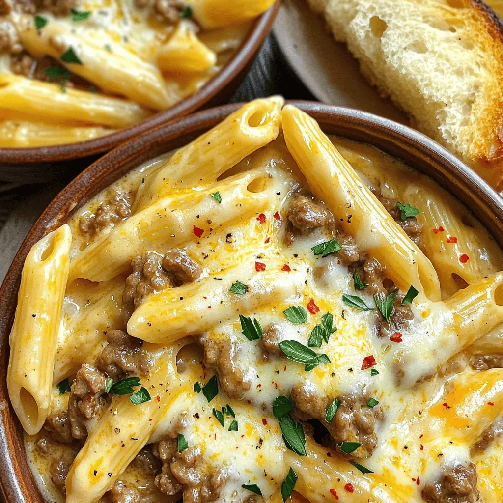 To whip up this hearty meal, gather these ingredients: - 12 ounces penne pasta - 1 pound ground beef - 4 tablespoons unsalted butter - 4 cloves garlic, minced - 1 teaspoon red pepper flakes (optional for heat) - 1 cup heavy cream - 1 ½ cups shredded mozzarella cheese - ½ cup grated Parmesan cheese - Salt and pepper to taste - ½ cup fresh parsley, chopped (for garnish) You can switch some ingredients if you need to. Here are a few ideas: - For a lighter dish, try using ground turkey instead of beef. - Use whole wheat penne for a health boost. - If you want a non-dairy option, use plant-based cream and cheese. - For extra flavor, add sautéed onions or bell peppers. These swaps keep the meal tasty and fun! This dish is a comfort food staple, but let’s check its nutrition: - Calories: About 700 per serving - Protein: Roughly 35 grams - Fat: Around 40 grams - Carbohydrates: About 50 grams It’s filling and good for a cozy night in. Enjoy this cheesy penne as a treat! For the full recipe, check out the detailed steps. To start, fill a large pot with water. Add a generous pinch of salt. Bring the water to a rolling boil. Carefully add 12 ounces of penne pasta. Cook it according to the package instructions for about 8 to 10 minutes. You want it to be al dente, which means it should still have a slight bite. Once cooked, drain the pasta in a colander and set it aside. This step is key for a perfect texture in your dish. Next, take a large skillet and place it over medium heat. Add 1 pound of ground beef to the hot skillet. Break it up with a spatula as it cooks. Stir it frequently until the beef is browned and no longer pink. This should take about 6 to 8 minutes. If you see excess fat, drain it off. You want your beef to be flavorful, not greasy. Now, reduce the heat to low. Add 4 tablespoons of unsalted butter to the beef. Let the butter melt completely. Once melted, stir in 4 minced garlic cloves and 1 teaspoon of red pepper flakes if you like some heat. Cook this mixture for 2 to 3 minutes, stirring until the garlic smells great but does not burn. This step adds a rich flavor to the dish. Slowly pour in 1 cup of heavy cream, mixing well with the garlic butter beef. Let the sauce simmer gently for about 3 to 4 minutes. Stir it occasionally until it thickens slightly. Then, gradually add 1 ½ cups of shredded mozzarella and ½ cup of grated Parmesan cheese. Keep stirring until the cheese melts and the sauce is creamy. Season with salt and pepper to taste. Finally, add the drained penne pasta right into the skillet. Use tongs or a large spoon to toss everything together. Make sure every piece of pasta gets coated in that delicious sauce. This hearty comfort meal is now ready to serve! For the complete recipe, check the Full Recipe section. To make a creamy sauce, start with fresh ingredients. Use heavy cream for richness. Heat your garlic butter mixture gently. Avoid high heat; let it simmer slowly. This helps the flavors blend without burning the garlic. Stir in the cheese gradually. This keeps the sauce smooth and creamy. Be patient and let it melt completely. For extra flavor, try adding herbs like basil or thyme. Fresh herbs brighten up the dish. You can also add a splash of white wine for depth. If you enjoy spice, increase the red pepper flakes. For a touch of acidity, squeeze some lemon juice in before serving. This will balance the richness of the sauce. One common mistake is overcooking the pasta. Always cook it al dente, so it stays firm. Another mistake is not draining the beef properly. Excess fat can make the sauce greasy. Make sure to stir the sauce often. If you let it sit too long, it can thicken too much. Lastly, don’t skip seasoning; taste your sauce before serving! For the complete recipe, check the [Full Recipe]. {{image_4}} You can add veggies to your cheesy penne for more taste and health. Try adding spinach, broccoli, or bell peppers. They cook fast and blend well with the beef and cheese. For spinach, add it in the last few minutes of cooking. If using broccoli or bell peppers, sauté them with the beef. This way, you get extra vitamins and a pop of color. Cheese is key to this dish. While mozzarella and Parmesan work great, you can swap them for other types. Cheddar adds a sharp bite. Gouda gives a rich and creamy flavor. If you love blue cheese, it can bring a bold twist to your meal. Mix and match to find your favorite combo. If you like heat, red pepper flakes are your friend. You can adjust the amount to fit your taste. Start with a little, maybe half a teaspoon. You can always add more if you want it spicier. This simple step can take your cheesy penne to a whole new level. For more details on the recipe, check the Full Recipe. To keep your cheesy penne fresh, store it in an airtight container. Make sure the dish cools completely before sealing. This helps prevent moisture buildup, which can make the pasta soggy. Keep it in the fridge for up to three days. If you plan to eat it later, label the container with the date. This way, you always know how fresh it is. When it’s time to reheat your cheesy penne, use a skillet for the best taste. Add a splash of cream or water to help revive the sauce. Heat it over low to medium heat, stirring often. This method keeps the pasta creamy and avoids burning. You can also use the microwave, but make sure to cover it to keep moisture in. Heat in short bursts, stirring in between. If you want to save your cheesy penne for later, freezing is a great option. Portion the dish into smaller containers for easy meals later on. Make sure to leave some space at the top of the container, as the pasta will expand. Wrap each container tightly with plastic wrap or aluminum foil. You can freeze it for up to three months. When you’re ready to enjoy it again, thaw it in the fridge overnight before reheating. This keeps the flavors intact and the texture nice. For the full recipe, check out the earlier section. Yes, you can use other pastas! Bowtie, fusilli, or rigatoni work well. They all hold the sauce nicely. Stick to similar sizes for even cooking. Just adjust the cooking time based on the pasta shape you choose. To make Cheesy Penne with Garlic Butter Beef healthier, consider these tips: - Lean Meat: Use ground turkey or chicken instead of beef. - Whole Wheat Pasta: This adds fiber and nutrients. - Add Veggies: Toss in spinach, bell peppers, or broccoli for more vitamins. - Less Cheese: Reduce cheese for a lighter sauce, or use low-fat options. - Swap Cream: Use Greek yogurt or a plant-based cream for fewer calories. Great sides can elevate your meal! Try these: - Garlic Bread: Perfect for scooping up the cheesy sauce. - Salad: A light green salad with a simple vinaigrette adds freshness. - Roasted Veggies: Oven-roasted veggies complement the rich flavors. - Steamed Broccoli: This adds color and a healthy crunch. For the full recipe, check out the details above! In this blog post, I covered how to make cheesy penne with garlic butter beef. You learned about the ingredients, cooking steps, and helpful tips. I shared storage info and FAQs to answer common questions. Keep these lessons in mind as you cook. Don’t be afraid to add your twist. Enjoy transforming this dish into your family's new favorite.