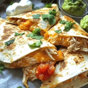 - 2 cups cooked chicken, shredded - 1 cup shredded cheddar cheese - 1 cup shredded Monterey Jack cheese - 1/2 cup cream cheese, softened to room temperature - 1/4 cup salsa (choose your preferred spice level) - 1 teaspoon taco seasoning - 4 large flour tortillas - 2 tablespoons olive oil, divided - 1/4 cup fresh cilantro, finely chopped (for garnish) - Sour cream and guacamole (for serving) The main star here is the chicken. Use cooked, shredded chicken to add protein and flavor to your quesadilla. The blend of cheddar and Monterey Jack cheeses brings a rich, creamy texture. Cream cheese keeps the filling smooth and binds everything together. Salsa adds a zesty kick. You can pick your salsa based on how spicy you want it. Taco seasoning gives that classic taco taste, making each bite full of flavor. Flour tortillas are essential for wrapping up all the goodness. You can boost the flavor with more ingredients. Try adding jalapeños for heat or black beans for extra texture. Bell peppers lend a sweet crunch, and corn adds some freshness. If you love herbs, a sprinkle of lime juice brightens everything up. First, gather all your ingredients. You need cooked chicken, cheeses, cream cheese, salsa, taco seasoning, tortillas, and olive oil. In a bowl, combine the shredded chicken with cheddar cheese, Monterey Jack cheese, cream cheese, salsa, and taco seasoning. Mix until creamy and well combined. This filling will make your quesadilla rich and tasty. Heat a non-stick skillet over medium heat. Add 1 tablespoon of olive oil, coating the skillet well. Place one tortilla in the skillet. On one half, spread about 1/4 of your chicken and cheese mixture. Fold the tortilla in half and press it down with a spatula. Cook for 3-4 minutes until it turns golden brown on one side. Then, flip it carefully and cook the other side for another 3-4 minutes, adding more oil if needed. When both sides are golden and the cheese is melted, take it out of the skillet. Let it cool for a minute and slice it into wedges. Watch for a golden brown color on both sides of the quesadilla. The cheese should be melted and ooze slightly when you cut it. If you see steam coming out, that means the cheese is melting perfectly. This is how you know your quesadilla is just right! To get the best flavor, use fresh ingredients. Fresh cilantro adds a bright taste. Use your favorite salsa for a kick. A little lime juice can also enhance the flavors. Mixing different cheeses, like cheddar and Monterey Jack, gives a creamy texture. Taco seasoning adds a wonderful depth, so don’t skip it. For crispy quesadillas, heat your skillet well before cooking. Use enough olive oil to coat the pan. This helps achieve that golden crunch. Flip the quesadilla carefully. Use a spatula to press it down slightly. This allows the cheese to melt well and hold everything together. Cook each side until golden brown for the best result. Meal prep can be simple. You can prepare the chicken filling in advance. Store it in the fridge for up to three days. This saves time on busy days. When ready to cook, just grab the filling and tortillas. You can even freeze the filling for later use. Just thaw it before cooking. This way, you can enjoy tasty quesadillas anytime! For the full recipe, click here. {{image_4}} To spice up your chicken quesadilla, add diced jalapeños to the filling. You can also use spicy salsa instead of mild. If you crave heat, try adding a pinch of cayenne pepper to the mix. This adds a nice kick without overpowering the dish. Remember, balance is key. You want heat, but not so much that you can't enjoy the flavors. You can easily make a vegetarian quesadilla. Replace the chicken with black beans or grilled veggies. Bell peppers, onions, and mushrooms work well. Use the same cheese blend for a creamy texture. For a protein boost, add some quinoa or chickpeas. These choices make the quesadilla filling and delicious without meat. Toppings can enhance your quesadilla experience. Try adding fresh avocado slices or pico de gallo for a burst of flavor. You can also drizzle some hot sauce for extra heat. For dips, sour cream and guacamole are classics. If you want something unique, consider a zesty cilantro-lime crema. Each topping adds a new twist, making every bite exciting. To keep your chicken quesadilla fresh, start by letting it cool. Once cool, wrap each quesadilla in plastic wrap or aluminum foil. This helps keep moisture in and prevents drying. Store them in an airtight container. You can keep them in the fridge for up to three days. If you want to keep them longer, freezing is a great option. When you're ready to enjoy your leftovers, I recommend using a skillet for the best flavor. Heat a non-stick skillet over medium heat. Place the quesadilla in the skillet and cover it with a lid. This helps warm it through without burning. Cook for about 3-4 minutes on each side. You can also use a microwave for quick reheating. Just place it on a microwave-safe plate and heat for 1-2 minutes. If you want to prep for the week, freezing is a smart choice. Make sure to wrap each quesadilla tightly before placing it in a freezer-safe bag. You can freeze them for up to three months. When you’re ready to eat, thaw in the fridge overnight. Then, reheat as described above for the best taste. This method ensures you always have a tasty meal ready to go! Taco Bell's quesadilla stands out because of its creamy filling and flavorful spices. The blend of cheeses creates a rich taste that melts in your mouth. They use a unique salsa that adds a kick, enhancing every bite. The crispy tortilla adds texture, making it a complete dish. I love how the quesadilla is easy to eat and perfect for any meal. Yes, you can use various cheeses to make your quesadilla unique. For example, pepper jack cheese adds spice and creaminess. Gouda or fontina can give a smoky flavor. If you prefer a milder taste, mozzarella works well. Mixing cheeses can create a delicious twist on the classic. Just remember to ensure they melt well for that gooey texture. To make your quesadilla healthier, start with whole wheat tortillas. You can use grilled chicken instead of fried for less fat. Adding vegetables like spinach or bell peppers boosts nutrition. Try using less cheese or low-fat options to reduce calories. You can also serve it with salsa and fresh veggies instead of sour cream. These small changes can make a big difference. This article covers everything you need for a great quesadilla. We discussed ingredients, preparation, cooking tips, and variations. You learned how to make it crispy and flavorful. Remember to store leftovers properly and follow reheating tips for the best taste. Use options like spicy or vegetarian ingredients to personalize your dish. With these insights, you can enjoy delicious quesadillas anytime. I hope you feel ready to impress your family and friends with your cooking skills. Enjoy every bite!