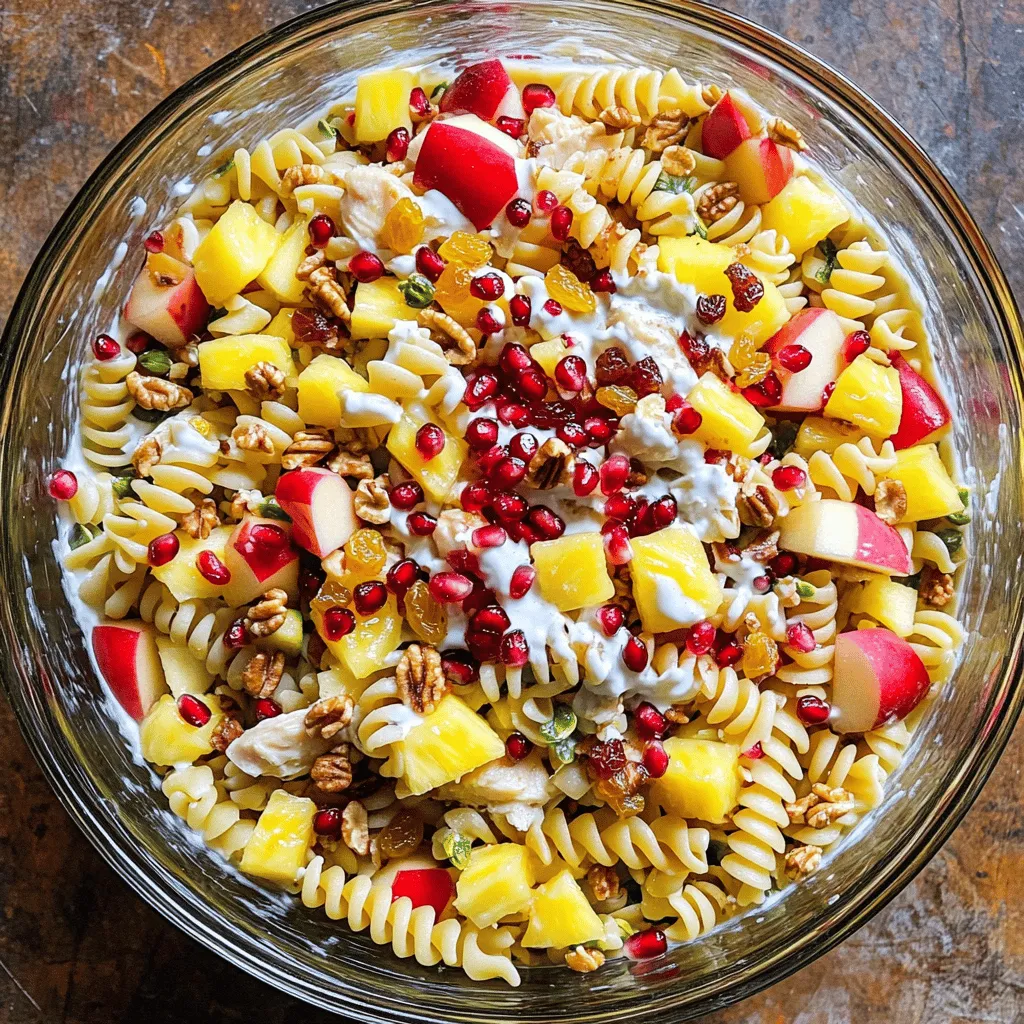 - Diced cooked chicken (leftover or rotisserie) - Chopped fresh apples (red or green) - Diced fresh pineapple (ripe and juicy) - Pomegranate seeds (for color and flavor) - Chopped walnuts (or pecans) To make a great Ensalada Navideña, you need fresh ingredients. First, use diced cooked chicken. Leftover chicken works well, or you can grab rotisserie chicken. Next, add chopped fresh apples, either red or green. Both give a sweet crunch. For a juicy touch, include diced fresh pineapple. Pomegranate seeds add vibrant color and a burst of flavor. Finally, toss in chopped walnuts or pecans for a nutty crunch. - Creamy Greek yogurt (for tanginess) - Honey (to balance flavors) - Fresh lime juice (for brightness) - Ground cinnamon (for warmth) Now, let’s talk dressing. Use creamy Greek yogurt for a tangy base. Honey adds a nice sweetness and balances the flavors. Squeeze in fresh lime juice for brightness. A dash of ground cinnamon gives the dressing warmth and depth. - Salt and pepper to taste - Additional honey for sweetness Seasoning is key. Add salt and pepper to taste. If you prefer a sweeter salad, stir in more honey. This allows you to adjust the flavors to your liking. For the full recipe, check the link. - Combine all fresh ingredients in a large mixing bowl. - Whisk together the yogurt dressing components in a separate bowl. - Pour the dressing over the salad mixture and gently toss. Start by adding the cooked pasta, diced chicken, chopped apples, diced pineapple, pomegranate seeds, walnuts, and raisins to your bowl. Make sure everything is mixed well. This step is key to getting the flavors combined. In another bowl, whisk the Greek yogurt, honey, lime juice, and ground cinnamon. This will make a creamy dressing with great flavor. Once it's smooth, pour it over your salad mix. Toss everything gently to coat each piece well. - Cover the salad and refrigerate for flavor enhancement. - Recommended chilling time for best results (at least 30 minutes). After mixing, cover your salad with plastic wrap or a lid. Put it in the fridge for at least 30 minutes. This chilling time is important. It helps all the flavors blend together. You can even make it a day ahead for extra flavor. - How to present the salad for festive occasions. - Garnishing tips for appealing presentation. When you’re ready to serve, dish the salad into individual bowls or a large platter. To make it look festive, sprinkle extra pomegranate seeds on top. A light dusting of cinnamon can add a nice touch too. This salad is not just tasty; it’s also beautiful on the table! To get the best texture in your Ensalada Navideña, choose the right pasta. Fusilli or rotini are perfect because they hold the dressing well. This makes each bite flavorful. Make sure your pasta is cooked al dente. It will stay firm and not get mushy. Cut your fruits and veggies into small, even pieces. This helps them mix well with the pasta. Try to use a sharp knife for clean cuts. It makes a big difference in how your salad looks and tastes. You can boost the flavor with extra spices and herbs. A pinch of nutmeg or a dash of ginger can add warmth. Fresh herbs like cilantro or mint also work well. They bring a fresh taste that brightens the salad. If you like it sweeter, add more honey or use different fruits. You might try mangoes or berries for a twist. These changes can make your salad more unique and delicious. Serving your Ensalada Navideña chilled is best. The cold salad feels refreshing, especially during the holidays. Be sure to refrigerate it for at least 30 minutes before serving. This helps the flavors meld together nicely. For special occasions, elevate your dish with garnishes. Extra pomegranate seeds on top give a pop of color. A light sprinkle of cinnamon adds warmth and a festive touch. You can also use fresh mint leaves for a bright look. {{image_4}} You can switch up proteins in Ensalada Navideña to fit your needs. If you want a meatless option, try using chickpeas or tofu. Both add protein and texture. For a different taste, consider shrimp or turkey as alternatives to chicken. When it comes to fruits and nuts, feel free to get creative. Instead of apples, you could use pears for a sweet twist. Swap the pineapple for mango if you like a tropical vibe. For nuts, pecans work great instead of walnuts. Each choice brings new flavors to the salad. If you follow a vegan diet, replace the Greek yogurt with a plant-based yogurt. This keeps the dressing creamy while making it dairy-free. You can also omit the honey or use agave syrup for sweetness. For those needing gluten-free options, choose gluten-free pasta. Many brands offer great alternatives that taste fantastic. Just make sure to check the label to ensure it meets your dietary needs. Ensalada Navideña varies by region, adding unique flavors and ingredients. In some places, people use jicama for crunch or add roasted peppers for a spicy kick. You can include local fruits that are in season to make it your own. Try adding avocado for creaminess or using local nuts like almonds. These choices celebrate your area’s flavors while keeping the dish festive. You can keep the Ensalada Navideña fresh in the fridge for up to three days. To store leftovers, place the salad in an airtight container. This helps keep it cool and safe from odors. Make sure to press out as much air as possible before sealing. You want to keep all those yummy flavors intact! You can freeze some ingredients, but not the whole salad. Freezing fresh fruits like apples and pineapple changes their texture. Instead, freeze only the cooked chicken and nuts if you have leftovers. When you're ready to eat, thaw the chicken in the fridge overnight. For the best quality, avoid refreezing thawed ingredients. You don’t need to reheat this salad. It tastes best cold! If you find it a bit soggy after refrigeration, add fresh fruits right before serving. This brings back the crunch and makes it look nice. A sprinkle of fresh pomegranate seeds can also help! Ensalada Navideña is a festive salad popular in Latin American culture. It celebrates Christmas with vibrant colors and flavors. This salad often includes fruits, nuts, and a creamy dressing. Each family may have their unique twist, making it a beloved holiday dish. To make Ensalada Navideña, start by mixing your fresh ingredients. Combine cooked pasta, diced chicken, chopped apples, and pineapple in a large bowl. Add pomegranate seeds, walnuts, and raisins for extra flavor. In a separate bowl, whisk together Greek yogurt, honey, lime juice, and cinnamon. Pour the dressing over the salad and mix gently. Season with salt and pepper. Chill for 30 minutes to blend the flavors. For a full recipe, check the detailed instructions above. Yes, you can make Ensalada Navideña ahead of time. Prepare the salad a day before your event. Store it in the fridge until you're ready to serve. This chilling time helps the flavors meld beautifully. Just remember to keep it covered to maintain freshness. Ensalada Navideña pairs well with many holiday dishes. Serve it alongside roasted meats, like turkey or ham. It also complements festive rice dishes. For beverages, consider sparkling water or a light white wine. These pairings create a delightful holiday feast. This article covered the basics of Ensalada Navideña, from fresh ingredients to serving suggestions. You learned how to mix crisp fruits, savory chicken, and a creamy yogurt dressing. Remember to chill your salad for better flavor. Feel free to personalize it with your favorite fruits or nuts. With a few tweaks, you can make it fit any diet. Enjoy this festive dish at your next gathering. It's a crowd-pleaser that highlights rich flavors and vibrant colors!