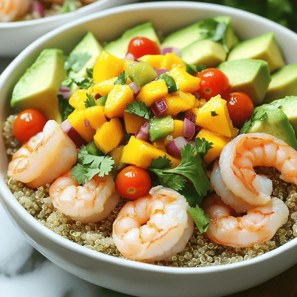 - 1 lb raw shrimp, peeled and deveined - 2 ripe avocados, diced into chunks - 1 cup cherry tomatoes, halved - 1/2 cup red onion, finely chopped - 1 ripe mango, diced - 1 jalapeño, minced - Juice of 1 lime - 2 tablespoons extra virgin olive oil - Fresh cilantro leaves, for garnish When you start making shrimp and avocado bowls, gather all your main ingredients first. The shrimp adds protein, while the avocados bring creaminess. I love how the cherry tomatoes add a burst of freshness. Next, find your complementary ingredients. The red onion gives a nice crunch, and the mango adds sweetness. You can adjust the heat with the jalapeño; just remove the seeds if you want it milder. For seasoning, the lime juice brightens the dish. The extra virgin olive oil helps the shrimp cook nicely. The fresh cilantro at the end adds flair and flavor. To see the full recipe, check out the complete instructions and tips. Enjoy making this vibrant dish! Start by marinating the shrimp. In a medium bowl, mix the raw shrimp with olive oil, garlic powder, ground cumin, salt, and pepper. This marination adds flavor. Let the shrimp sit for about 15 minutes. This time is key. It lets the shrimp absorb the spices. In another bowl, combine diced mango, halved cherry tomatoes, finely chopped red onion, and minced jalapeño. Squeeze lime juice over the mixture and add a pinch of salt. Mix well. Let the salsa sit for about 10 minutes. This time helps the flavors blend nicely. Heat a non-stick skillet on medium-high heat. Once hot, add the marinated shrimp in a single layer. Cook them for 2-3 minutes on each side. They should turn pink and opaque. This means they are cooked just right. Remove the skillet from heat once done. To assemble, place cooked quinoa or brown rice in each bowl. Next, add diced avocado. Then, layer the perfectly cooked shrimp on top. Finish with a scoop of the mango salsa. For a great look, serve on a large platter with lime wedges and extra cilantro. This adds a fresh touch. Enjoy your Shrimp and Avocado Bowls with Mango Salsa! For the full recipe, check the details above. To avoid overcooking shrimp, watch the color change. Cook them until they turn pink and opaque. This usually takes about 2-3 minutes per side. If you cook them too long, they become rubbery and tough. Choose a non-stick skillet for cooking shrimp. It helps make flipping easy and reduces sticking. A hot skillet is key for a good sear. Heat the skillet on medium-high before adding shrimp. You can customize mango salsa to fit your taste. Try adding diced bell peppers for extra crunch. Chopped cucumber also adds freshness. If you prefer a sweeter salsa, add more mango. Adjust spice levels by adding more or less jalapeño. For a milder salsa, remove the seeds. If you like heat, keep the seeds in or add a pinch of cayenne pepper. Serve shrimp and avocado bowls with a side of tortilla chips. They add crunch and fun to the meal. You can also pair them with a light salad or grilled veggies for balance. For drinks, try serving with a chilled white wine. A light beer or sparkling water with lime also works well. These pair nicely with the fresh flavors of the bowls. For the full recipe, check out the earlier section. {{image_4}} You can switch shrimp for chicken or tofu. For chicken, use boneless, skinless breasts or thighs. Cook chicken in the same way as shrimp, but increase the cooking time to about 6-7 minutes per side. If you use tofu, press it to remove water, then cube it. Sauté it for about 5-6 minutes until golden. If you want a low-carb option, try cauliflower rice. It cooks quickly and has a light flavor. Whole grains like farro or barley are also great. They add texture and extra nutrients. Using different grains can change the taste and health benefits of your bowl. Seasonal vegetables can enhance your dish. In summer, add bell peppers or zucchini for crunch. In fall, try roasted butternut squash or sweet potatoes for warmth. You can also adapt the recipe for special occasions, like using pomegranate seeds during the holidays for a festive touch. To store leftovers for maximum freshness, place the shrimp, avocado, and salsa in separate containers. This keeps each ingredient at its best. You can keep them in the fridge for up to three days. If you mix them, the avocado may brown quickly. When reheating, warm the shrimp in a skillet over medium heat. This helps keep them juicy. For quinoa or rice, add a splash of water before microwaving. This keeps them from drying out. Avoid reheating salsa; it tastes best cold. You can freeze the cooked shrimp, but avoid freezing the assembled bowls. They lose texture when thawed. To freeze shrimp, cool them first, then place in an airtight container. For thawing, move shrimp to the fridge overnight before using. Yes, you can prepare some parts ahead. Cook the shrimp and make the mango salsa. Store them in separate containers in the fridge. When you are ready to serve, just warm the shrimp and assemble the bowls. This way, your meal stays fresh and tasty. To keep shrimp tender, avoid overcooking them. Cook for just 2-3 minutes on each side. Marinate them for at least 15 minutes. The olive oil and spices help boost flavor and moisture. Always use fresh shrimp for the best results. If you want something different, try cauliflower rice or couscous. Both are light and pair well with shrimp. They also add unique flavors. Cauliflower rice is low in carbs, while couscous is quick to cook. Choose what fits your diet best. Yes, this recipe is gluten-free. Shrimp, avocado, and fresh veggies do not contain gluten. Just make sure to check any packaged ingredients. If you swap out quinoa or brown rice, confirm that your choice is gluten-free too. Enjoy this bowl worry-free! In this blog post, we explored how to create shrimp and avocado bowls. We detailed the key ingredients, from fresh shrimp and avocados to lime juice and cilantro. I provided step-by-step instructions for marinating, cooking, and assembling your bowl, along with tips to keep shrimp juicy and tender. You can customize the recipe with different proteins, grains, and seasonal veggies. Remember to store leftovers correctly to maintain freshness. Enjoy your flavorful shrimp and avocado bowls, and feel free to make them your own!