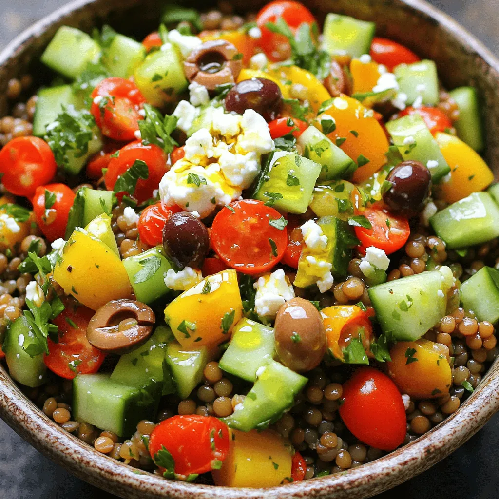 To make a tasty Mediterranean Greek lentil salad, you'll need: - 1 cup green or brown lentils, thoroughly rinsed and drained - 1 small red onion, finely diced - 1 cup cherry tomatoes, halved - 1 medium cucumber, diced into bite-sized pieces - 1 bell pepper (choose either red or yellow), diced - 1/2 cup kalamata olives, pitted and sliced - 1/4 cup fresh parsley, finely chopped - 1/4 cup feta cheese, crumbled (optional for a creamy finish) - 3 tablespoons extra virgin olive oil - 2 tablespoons fresh lemon juice - 1 teaspoon dried oregano - Salt and freshly cracked pepper to taste If you want to mix things up, here are some swaps: - Use black lentils instead of green or brown for a different taste. - Try red onion with green onions for a milder flavor. - Substitute grape tomatoes for cherry tomatoes if you prefer. - Replace feta with avocado or omit it for a vegan option. - Use apple cider vinegar in place of lemon juice for a tangy twist. Each serving of this salad is packed with nutrition: - Calories: 250 - Protein: 12g - Carbohydrates: 30g - Fiber: 10g - Fat: 10g - Sodium: 150mg This Mediterranean Greek lentil salad offers a balance of protein, healthy fats, and fiber. It’s a great choice for a light meal or side dish. Don't forget to check the full recipe for step-by-step guidance on making this delightful dish! Start by rinsing your lentils well. This helps remove dust and debris. Next, bring three cups of water to a boil in a medium pot. Add the lentils and lower the heat. Let them simmer for 20-25 minutes. You want them tender but firm. After cooking, drain the lentils and spread them on a plate to cool. While the lentils cook, chop your veggies. In a large bowl, mix the finely diced red onion, cherry tomatoes, diced cucumber, and bell pepper. Add the sliced kalamata olives and chopped parsley. Toss everything gently to combine. Now, let’s make the dressing. In a small bowl, whisk together olive oil, lemon juice, dried oregano, salt, and pepper. This will add bright flavor to your salad. Once the lentils cool, add them to the veggie mix. Stir gently to blend everything. Drizzle your dressing over the salad and toss gently. If you like, finish with crumbled feta cheese for a creamy touch. To cook lentils just right, remember these tips. Use fresh lentils for the best taste. Don’t skip rinsing; it makes a difference. Keep an eye on the time. Overcooked lentils turn mushy. Aim for a firm texture for a delightful bite. If you want extra flavor, add a bay leaf to the cooking water. Assembling the salad is easy and fun. Once you mix in the lentils and dressing, ensure everything is coated well. This way, every bite is flavorful. For serving, use a large, shallow bowl. It looks nice and gives room for the salad to spread. Top with extra parsley for color. You can also add lemon wedges for a fresh zest. If you want to explore more, check the full recipe for additional tips and twists! Using fresh ingredients makes a big difference in taste. Choose firm, ripe tomatoes. Look for cucumbers that feel crisp. For herbs, pick parsley with bright green leaves. Fresh olives enhance the salty flavor. Always rinse your lentils before cooking. This helps remove any dust or debris. To boost flavor, add more herbs like dill or mint. A splash of balsamic vinegar adds depth. For heat, consider a pinch of red pepper flakes. This salad loves lemon, so use fresh juice instead of bottled. If you add feta cheese, it brings a creamy touch. Mixing in some avocado can also add richness. Serve this salad chilled or at room temperature. It pairs well with grilled chicken or fish. For a full meal, add pita bread on the side. You can also serve it in lettuce cups for a fun twist. This salad shines at picnics and potlucks. Try serving it in a large bowl for a family-style meal. For extra flair, garnish with lemon wedges or more fresh herbs. Check out the Full Recipe for all the details! {{image_4}} You can easily add more Mediterranean flavors to your salad. Try adding roasted red peppers for a smoky touch. Artichoke hearts bring a briny taste that enhances the dish. You might also enjoy tossing in some capers for a tangy kick. Fresh herbs like mint or basil brighten the flavors, too. Each of these additions gives a new twist to your Greek lentil salad. To make this salad vegan, simply skip the feta cheese. The salad remains tasty without it. You may add a dollop of hummus for creaminess and flavor. This adds more protein and gives a rich texture. Another option is to use nutritional yeast. It will give a cheesy flavor without any dairy. You still get a delicious meal without losing taste. If you want to change up the base, try using quinoa or farro instead of lentils. Quinoa adds a nutty flavor and is gluten-free. Farro has a chewy texture that pairs well with the veggies. Both grains offer a hearty bite, making the salad filling. You can even mix lentils with one of these grains for a unique combination. This way, you keep the salad exciting with different tastes and textures. To store your Mediterranean Greek lentil salad, put it in an airtight container. Keep it in the fridge. Make sure to cover it tightly. This helps keep the flavors fresh. If you have a lot left, divide it into smaller portions. This way, you can grab a quick meal later. You can enjoy this salad cold or warm. If you prefer it warm, place it in a microwave-safe bowl. Heat it for 30 seconds at a time. Stir after each interval to ensure even warming. Do not overheat; you want the veggies crisp and fresh. When stored correctly, this salad lasts about 3-4 days in the fridge. If you notice any off smells or changes in color, it’s best to toss it. Always trust your senses. Freshness is key to enjoying every bite. For the best taste, eat it within the first two days. For the full recipe, check out the vibrant Mediterranean Greek lentil salad. Yes, you can prepare this salad ahead of time. It keeps well in the fridge for up to three days. Making it early helps flavors blend together. Just store it in an airtight container. When ready to eat, stir gently and enjoy. Lentils should be soft but still hold their shape. They usually take about 20-25 minutes to cook. To test, bite one; it should feel tender. If they are mushy, they are overcooked. Keep an eye on them for the best texture. This salad pairs well with grilled chicken or fish for added protein. You can also add pita bread for a satisfying crunch. For a vegetarian option, serve with hummus or falafel. Enjoy this salad as a light meal or a side dish. For the full recipe, check out the vibrant Mediterranean Greek Lentil Salad! This blog post guides you through making a Mediterranean Greek Lentil Salad. We covered essential ingredients, substitutions, and nutritional values. You learned step-by-step cooking instructions, along with tips for perfect lentils. I shared helpful storage methods and answered common questions. Incorporating fresh ideas or variations can elevate your salad. Enjoy this tasty and healthy dish, knowing you can make it your own. Simple changes can enhance both flavor and nutrition. Happy cooking!