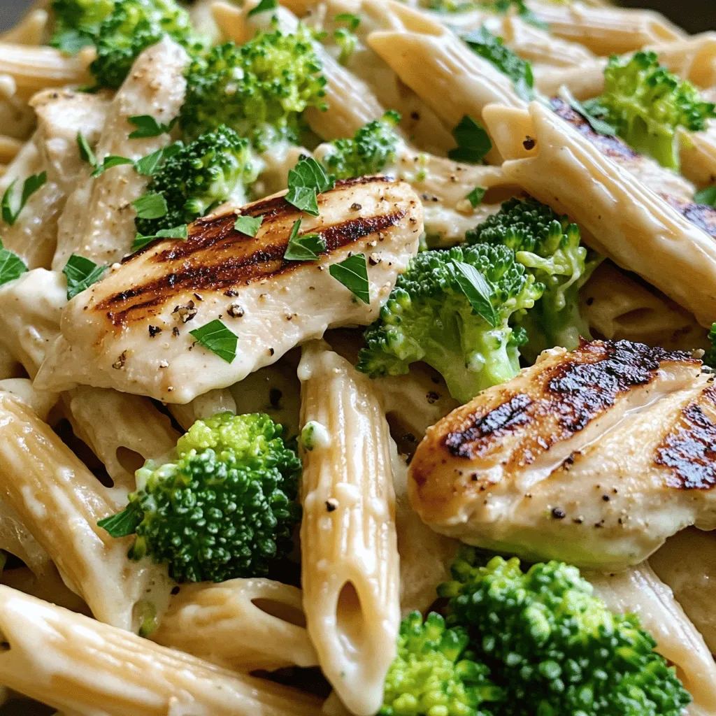 - 2 boneless, skinless chicken breasts - 3 cups whole wheat penne pasta - 1 tablespoon olive oil - 2 cloves garlic, minced - 1 ½ cups low-fat Greek yogurt - 1 cup grated parmesan cheese (divided) - ½ teaspoon Italian seasoning - Salt and pepper to taste - 1 cup broccoli florets - Fresh parsley, chopped (for garnish) When I create High Protein Grilled Chicken Alfredo Pasta, I start with the main ingredients. The chicken is the star here. It adds protein and flavor. I use whole wheat penne for added fiber. The olive oil and garlic bring depth to the dish. Next, I move to the sauce and seasoning. Low-fat Greek yogurt makes the sauce creamy without extra calories. I love using parmesan cheese for that cheesy goodness. Italian seasoning adds a nice touch, while salt and pepper enhance all the flavors. Finally, I include veggies. Broccoli florets not only add color but also nutrients. I finish with fresh parsley to make the dish pop. This mix of ingredients makes the recipe both tasty and healthy. For the full recipe, check the link above. Enjoy cooking! To start, I combine olive oil, minced garlic, salt, pepper, and Italian seasoning in a bowl. This mix adds great flavor. Next, I place the chicken breasts into the bowl, coating each one well. I cover the bowl and let it sit in the fridge for at least 30 minutes. This marinating step makes the chicken juicy and tasty. While the chicken marinates, I preheat my grill to medium-high heat. Once it’s hot, I place the marinated chicken on the grill. I cook the chicken for 6-7 minutes on one side. Then, I flip it and cook for another 6-7 minutes. I check that it’s fully cooked and no longer pink inside. After grilling, I remove the chicken and let it rest for about 5 minutes before slicing. While the chicken grills, I bring a large pot of salted water to a boil. I add the whole wheat penne pasta and cook it according to the package directions. When there are 3 minutes left, I add the broccoli florets to the boiling water. This way, the broccoli cooks perfectly and stays bright green. After that, I drain both the pasta and broccoli. In a large mixing bowl, I whisk together low-fat Greek yogurt and half of the grated parmesan cheese. If the sauce feels too thick, I slowly mix in some reserved pasta water. This helps to reach the creamy texture I want. Now, I gently fold the drained pasta and broccoli into the creamy sauce. I make sure everything is well-coated and mixed together. This step is key for great flavor in every bite. For a nice presentation, I slice the grilled chicken into strips. I arrange the chicken on top of the pasta. Then, I sprinkle the remaining parmesan cheese over the dish. To finish, I add some chopped fresh parsley for color and freshness. You can find the Full Recipe in detail for more specific measurements and tips. Enjoy your meal! To make your grilled chicken perfect, start by preheating the grill. This step is key for cooking the chicken evenly. Aim for medium-high heat. This helps achieve a nice char and locks in juices. Use a meat thermometer to check the chicken’s doneness. Insert it into the thickest part of the breast. The chicken should reach 165°F for safe eating. This ensures it’s fully cooked and safe to enjoy. If your sauce is too thick, you can fix it easily. Use pasta water to adjust the thickness. Just add a little at a time until you find the right creaminess. This water contains starch, which helps the sauce cling to the pasta. If you want to try alternatives, use yogurt or cream. Greek yogurt adds protein and creaminess. You can mix different types of yogurt to find your favorite flavor. Timing is crucial for a smooth cooking process. Start cooking the pasta while the chicken grills. This way, both will finish around the same time. To minimize cleanup, use one pot for the pasta and broccoli. Cook the pasta first, then add the broccoli in the last three minutes. This saves you time and fewer dishes. {{image_4}} You can switch things up by using turkey or tofu instead of chicken. Turkey breast is lean and has a similar taste to chicken. It's easy to cook and pairs well with the creamy sauce. Tofu is a great option for a vegetarian meal. Just press it to remove extra water, then grill or sauté it for a tasty bite. If you want something different, try shrimp. Shrimp cooks quickly and adds a nice seafood twist. Just sauté the shrimp in olive oil until they turn pink, then toss them with the pasta and sauce. If you're looking for a gluten-free option, consider using gluten-free pasta. Many types taste great and cook well. You can find options made from rice, corn, or even quinoa. They provide a nice texture and help keep the meal healthy. Another fun idea is to use zoodles, which are noodles made from zucchini. They are low in carbs and add a fresh flavor. To make zoodles, just spiralize the zucchini and sauté them briefly. They’re a great way to sneak in extra veggies! To boost flavor, add sun-dried tomatoes or roasted red peppers. These ingredients bring a sweet and tangy touch to the dish. Just chop them up and mix them into the pasta. Fresh herbs can also enhance the taste. Basil, parsley, or even thyme can add a pop of freshness. Chop them finely and sprinkle them on top before serving. These small changes can make a big difference in flavor! For the full recipe, you can refer to the High Protein Grilled Chicken Alfredo Pasta . To freeze leftovers, let the dish cool completely. Store it in an airtight container. Make sure to use containers that are safe for the freezer. Label the container with the date. This dish can last up to three months in the freezer. When you want to eat it, thaw it in the fridge overnight. For reheating, use the stovetop or oven for best results. This keeps the pasta from getting mushy. This dish lasts in the fridge for about three to four days. Store it in a tight container to keep it fresh. Glass or plastic containers with lids work well. They prevent air from getting in and drying out your dish. To reheat pasta without drying it out, use a bit of water. You can add a splash of water to the pasta before reheating. The steam helps keep it moist. For the microwave, heat on medium power. Stir every minute for even heating. If you use the stovetop, add a little water and heat on low. Stir gently to avoid sticking. You can add more protein in several ways. Consider using extra Greek yogurt in the sauce. This keeps the taste creamy, yet boosts protein. You can also use shredded chicken or cooked lentils. Both add flavor and protein without changing the dish. Yes, you can swap out broccoli for other veggies. Good choices include spinach, bell peppers, or zucchini. These options blend well with the creamy sauce. They also keep the dish colorful and fresh. Whole wheat penne is ideal for this dish. It provides more fiber and protein than regular pasta. Other great options include chickpea or lentil pasta. These alternatives add protein and nutrients while keeping the flavors rich. Absolutely! Use dairy-free yogurt instead of Greek yogurt. For a cheese substitute, try nutritional yeast. It gives a similar flavor without dairy. Both options let you enjoy the dish while skipping dairy. This dish takes about 50 minutes total. You’ll spend 30 minutes prepping and marinating the chicken. Then, cooking the chicken and pasta takes about 20 minutes. It’s quick enough for a weeknight meal. Yes, it's great for meal prep! You can cook everything ahead of time. Store it in airtight containers for up to four days. Reheat portions as needed, keeping it easy and tasty. For the full recipe, check out the detailed cooking steps. This recipe combines simple ingredients to create a tasty dish. Marinating the chicken infuses flavors, while the creamy sauce adds richness. You can customize it with different proteins or pasta types. Storage tips ensure you can enjoy leftovers later. Your kitchen adventures can lead to healthy meals that taste great. Making this dish is quick and perfect for busy days. Enjoy your flavorful creation and share it with others!