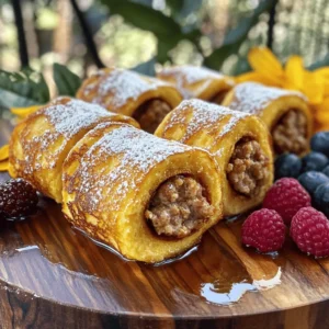 To make these tasty roll-ups, you need a few key ingredients: - 8 slices of your favorite bread (white, whole grain, or brioche) - 4 cooked sausages (Italian or breakfast varieties, crumbled) - 4 large eggs - 1/2 cup milk (or a non-dairy alternative) - 1 teaspoon pure vanilla extract - 1 teaspoon ground cinnamon - 1/4 cup granulated sugar (optional, adjust according to your sweetness preference) - Butter or non-stick cooking spray for frying - Maple syrup or honey for drizzling - Powdered sugar for a finishing touch (optional) I recommend using quality ingredients for the best taste. For extra flavor, you can add a pinch of nutmeg to the egg mixture. A dash of salt can also enhance the overall taste. The type of bread you choose matters. Here are some tasty options: - White Bread: Soft and easy to roll. - Whole Grain Bread: Adds texture and a nutty flavor. - Brioche: Rich and buttery, perfect for a special treat. Brioche gives a sweet taste that pairs well with sausage. Whole grain adds a hearty touch. Choose what you love most! To make your roll-ups even better, consider these toppings: - Fresh fruit like strawberries or blueberries. - Flavored syrups such as chocolate or berry. For a side dish, crispy bacon or scrambled eggs works well. You can also serve these roll-ups with a fruit salad for a refreshing touch. Enjoy the fun of mixing and matching flavors! To start, you need to flatten the bread. Use a rolling pin to press each slice until it is about 1/4 inch thick. This makes it much easier to roll. When flattening, be gentle. You want to avoid tearing the bread. Flat bread holds the filling better and makes a nice roll-up. Next, it's time to add the sausage. Take a spoonful of crumbled sausage and place it in a line along one edge of the flattened bread. Roll the bread tightly around the sausage. Start from the edge where the sausage is. Use your fingers to hold the filling in place as you roll. If you need help, stick a toothpick in the ends to keep them closed. Now, let’s cook the roll-ups. Preheat a large skillet over medium heat. Add a little butter or spray the pan with cooking spray. Place the roll-ups seam side down in the skillet. Cook them for about 3-5 minutes. Watch for that golden-brown color. Turn the roll-ups to brown all sides evenly. This gives you that perfect crust. Once you master these steps, you will have a delicious treat! For more details, check the Full Recipe. When making Sausage French Toast Roll-Ups, watch out for a few common mistakes: - Not flattening the bread enough: If the bread isn't thin, it won't roll well. - Overfilling the roll-ups: Too much filling can make them hard to close. - Skipping the egg soak: This step adds flavor and keeps the roll-ups moist. If your roll-ups don’t hold together, try these fixes: - Use toothpicks: Secure the ends to keep them from unrolling. - Ensure the egg coating is complete: This helps the bread stick better. - Adjust cooking heat: If the heat is too high, the roll-ups might cook unevenly. To make your roll-ups even tastier, consider these flavor adjustments: - Add herbs: Fresh or dried herbs like thyme or parsley can enhance the flavor. - Mix in spices: A pinch of nutmeg or a dash of cayenne can add depth. - Incorporate cheese: Try adding shredded cheese inside for a creamy texture. - Add veggies: Finely chopped peppers or spinach can add color and nutrition. You can cook your roll-ups in different ways: - Frying: This method gives a crispy, golden crust. Use medium heat for best results. - Baking: Place roll-ups in a greased dish at 350°F for about 20 minutes. - Air-frying: Preheat your air fryer to 375°F and cook for 10-12 minutes. Frying gives a great texture, but baking or air-frying can be healthier options. Each method brings a unique flavor and texture to your roll-ups. {{image_4}} You can make sausage French toast roll-ups without meat. Try using mushrooms instead. They add a nice texture and flavor. Use crumbled vegan sausage for a meat-like taste. Here are some good options: - 8 slices of your favorite bread - 4 cooked vegan sausages, crumbled - 4 large eggs (or a flax egg for vegan) - 1/2 cup almond milk or other non-dairy milk - 1 teaspoon pure vanilla extract - 1 teaspoon ground cinnamon - 1/4 cup granulated sugar (optional) This way, you enjoy the same yummy flavors. You can also add fresh herbs like parsley or basil to boost the taste. Add fruit or sweet toppings to make your roll-ups even better. You can use fruits like strawberries, bananas, or blueberries. Drizzle honey or maple syrup for extra sweetness. Here’s how to modify the recipe: - Use sweet bread like challah or cinnamon swirl bread. - Fill with cream cheese and fruit for a sweet twist. - Top with whipped cream or powdered sugar for a special treat. These changes turn savory roll-ups into sweet delights. They’re perfect for breakfast or dessert. You can change your roll-ups based on the season or special events. For example, around holidays, add pumpkin spice to the egg mixture. Try using candy canes or peppermint for a festive touch. Here are some ideas: - Use fresh herbs and seasonal vegetables in spring. - For fall, add apple slices or caramel sauce. - Create a fun theme for brunch parties with colorful toppings. These creative twists make your roll-ups fit any occasion. Enjoy making them special! To keep your sausage French toast roll-ups fresh, store them in an airtight container. Refrigerate them within two hours of cooking. They will stay good for up to three days. If you want to freeze them, make sure they're fully cooled first. Wrap each roll-up in plastic wrap and place them in a freezer bag. This helps prevent freezer burn. When you want to reheat, use a skillet over low heat. This keeps the outside crispy while warming the inside. You can also use the microwave, but this may make them a bit soggy. If stored properly, the roll-ups can last three days in the fridge. Watch for signs of spoilage, like an off smell or unusual texture. If they look dry or discolored, it's best to toss them. Always trust your nose and eyes! To freeze roll-ups, prepare them as normal and let them cool completely. Wrap each one tightly in plastic wrap. Then, put them in a freezer-friendly bag. When you want to eat them, take them out of the freezer and let them thaw in the fridge overnight. For cooking from frozen, you can place them directly in a skillet. Cook on medium heat for about 10-12 minutes, turning occasionally. This will give you crispy, delicious roll-ups without losing any taste. For the full recipe, check the details above. For this recipe, I recommend using Italian or breakfast sausage. Both add great flavor. Italian sausage gives a nice spice kick, while breakfast sausage offers a mild taste. You can also use turkey or chicken sausage for a lighter option. Make sure the sausage is fully cooked and crumbled before adding it to the roll-ups. This way, you get a tasty filling with every bite. Yes, you can prepare these roll-ups in advance. You can roll them up and store them in the fridge for up to 24 hours. Just cover them tightly with plastic wrap or foil. When you're ready to cook, dip them in the egg mixture and fry them as usual. This saves time on busy mornings. You can also freeze the un-cooked roll-ups for later. Just thaw them overnight in the fridge before cooking. To make these roll-ups gluten-free, use gluten-free bread. Many stores sell good options now. You can also make your own gluten-free bread if you like. Just ensure the bread is thick enough to hold the filling. For flavor, you can add herbs or spices to the egg mixture. This will keep the taste rich. If you want a crispy texture, fry them until golden brown, just like the regular version. Sausage French Toast Roll-Ups are a fun and tasty dish to make. You can customize them with various ingredients and flavors. We covered essential ingredients, bread types, and delicious toppings to elevate the dish. I shared tips to avoid common mistakes, cooking methods, and a variety of ways to enjoy the roll-ups. Whether you want them vegetarian or sweet, the options are endless. Remember to store any leftovers properly to enjoy them later. With this guide, you can create amazing roll-ups that will impress everyone!