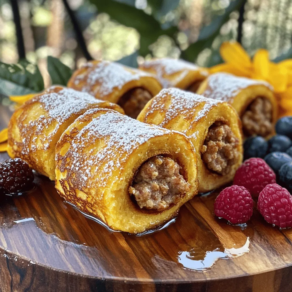 To make these tasty roll-ups, you need a few key ingredients: - 8 slices of your favorite bread (white, whole grain, or brioche) - 4 cooked sausages (Italian or breakfast varieties, crumbled) - 4 large eggs - 1/2 cup milk (or a non-dairy alternative) - 1 teaspoon pure vanilla extract - 1 teaspoon ground cinnamon - 1/4 cup granulated sugar (optional, adjust according to your sweetness preference) - Butter or non-stick cooking spray for frying - Maple syrup or honey for drizzling - Powdered sugar for a finishing touch (optional) I recommend using quality ingredients for the best taste. For extra flavor, you can add a pinch of nutmeg to the egg mixture. A dash of salt can also enhance the overall taste. The type of bread you choose matters. Here are some tasty options: - White Bread: Soft and easy to roll. - Whole Grain Bread: Adds texture and a nutty flavor. - Brioche: Rich and buttery, perfect for a special treat. Brioche gives a sweet taste that pairs well with sausage. Whole grain adds a hearty touch. Choose what you love most! To make your roll-ups even better, consider these toppings: - Fresh fruit like strawberries or blueberries. - Flavored syrups such as chocolate or berry. For a side dish, crispy bacon or scrambled eggs works well. You can also serve these roll-ups with a fruit salad for a refreshing touch. Enjoy the fun of mixing and matching flavors! To start, you need to flatten the bread. Use a rolling pin to press each slice until it is about 1/4 inch thick. This makes it much easier to roll. When flattening, be gentle. You want to avoid tearing the bread. Flat bread holds the filling better and makes a nice roll-up. Next, it's time to add the sausage. Take a spoonful of crumbled sausage and place it in a line along one edge of the flattened bread. Roll the bread tightly around the sausage. Start from the edge where the sausage is. Use your fingers to hold the filling in place as you roll. If you need help, stick a toothpick in the ends to keep them closed. Now, let’s cook the roll-ups. Preheat a large skillet over medium heat. Add a little butter or spray the pan with cooking spray. Place the roll-ups seam side down in the skillet. Cook them for about 3-5 minutes. Watch for that golden-brown color. Turn the roll-ups to brown all sides evenly. This gives you that perfect crust. Once you master these steps, you will have a delicious treat! For more details, check the Full Recipe. When making Sausage French Toast Roll-Ups, watch out for a few common mistakes: - Not flattening the bread enough: If the bread isn't thin, it won't roll well. - Overfilling the roll-ups: Too much filling can make them hard to close. - Skipping the egg soak: This step adds flavor and keeps the roll-ups moist. If your roll-ups don’t hold together, try these fixes: - Use toothpicks: Secure the ends to keep them from unrolling. - Ensure the egg coating is complete: This helps the bread stick better. - Adjust cooking heat: If the heat is too high, the roll-ups might cook unevenly. To make your roll-ups even tastier, consider these flavor adjustments: - Add herbs: Fresh or dried herbs like thyme or parsley can enhance the flavor. - Mix in spices: A pinch of nutmeg or a dash of cayenne can add depth. - Incorporate cheese: Try adding shredded cheese inside for a creamy texture. - Add veggies: Finely chopped peppers or spinach can add color and nutrition. You can cook your roll-ups in different ways: - Frying: This method gives a crispy, golden crust. Use medium heat for best results. - Baking: Place roll-ups in a greased dish at 350°F for about 20 minutes. - Air-frying: Preheat your air fryer to 375°F and cook for 10-12 minutes. Frying gives a great texture, but baking or air-frying can be healthier options. Each method brings a unique flavor and texture to your roll-ups. {{image_4}} You can make sausage French toast roll-ups without meat. Try using mushrooms instead. They add a nice texture and flavor. Use crumbled vegan sausage for a meat-like taste. Here are some good options: - 8 slices of your favorite bread - 4 cooked vegan sausages, crumbled - 4 large eggs (or a flax egg for vegan) - 1/2 cup almond milk or other non-dairy milk - 1 teaspoon pure vanilla extract - 1 teaspoon ground cinnamon - 1/4 cup granulated sugar (optional) This way, you enjoy the same yummy flavors. You can also add fresh herbs like parsley or basil to boost the taste. Add fruit or sweet toppings to make your roll-ups even better. You can use fruits like strawberries, bananas, or blueberries. Drizzle honey or maple syrup for extra sweetness. Here’s how to modify the recipe: - Use sweet bread like challah or cinnamon swirl bread. - Fill with cream cheese and fruit for a sweet twist. - Top with whipped cream or powdered sugar for a special treat. These changes turn savory roll-ups into sweet delights. They’re perfect for breakfast or dessert. You can change your roll-ups based on the season or special events. For example, around holidays, add pumpkin spice to the egg mixture. Try using candy canes or peppermint for a festive touch. Here are some ideas: - Use fresh herbs and seasonal vegetables in spring. - For fall, add apple slices or caramel sauce. - Create a fun theme for brunch parties with colorful toppings. These creative twists make your roll-ups fit any occasion. Enjoy making them special! To keep your sausage French toast roll-ups fresh, store them in an airtight container. Refrigerate them within two hours of cooking. They will stay good for up to three days. If you want to freeze them, make sure they're fully cooled first. Wrap each roll-up in plastic wrap and place them in a freezer bag. This helps prevent freezer burn. When you want to reheat, use a skillet over low heat. This keeps the outside crispy while warming the inside. You can also use the microwave, but this may make them a bit soggy. If stored properly, the roll-ups can last three days in the fridge. Watch for signs of spoilage, like an off smell or unusual texture. If they look dry or discolored, it's best to toss them. Always trust your nose and eyes! To freeze roll-ups, prepare them as normal and let them cool completely. Wrap each one tightly in plastic wrap. Then, put them in a freezer-friendly bag. When you want to eat them, take them out of the freezer and let them thaw in the fridge overnight. For cooking from frozen, you can place them directly in a skillet. Cook on medium heat for about 10-12 minutes, turning occasionally. This will give you crispy, delicious roll-ups without losing any taste. For the full recipe, check the details above. For this recipe, I recommend using Italian or breakfast sausage. Both add great flavor. Italian sausage gives a nice spice kick, while breakfast sausage offers a mild taste. You can also use turkey or chicken sausage for a lighter option. Make sure the sausage is fully cooked and crumbled before adding it to the roll-ups. This way, you get a tasty filling with every bite. Yes, you can prepare these roll-ups in advance. You can roll them up and store them in the fridge for up to 24 hours. Just cover them tightly with plastic wrap or foil. When you're ready to cook, dip them in the egg mixture and fry them as usual. This saves time on busy mornings. You can also freeze the un-cooked roll-ups for later. Just thaw them overnight in the fridge before cooking. To make these roll-ups gluten-free, use gluten-free bread. Many stores sell good options now. You can also make your own gluten-free bread if you like. Just ensure the bread is thick enough to hold the filling. For flavor, you can add herbs or spices to the egg mixture. This will keep the taste rich. If you want a crispy texture, fry them until golden brown, just like the regular version. Sausage French Toast Roll-Ups are a fun and tasty dish to make. You can customize them with various ingredients and flavors. We covered essential ingredients, bread types, and delicious toppings to elevate the dish. I shared tips to avoid common mistakes, cooking methods, and a variety of ways to enjoy the roll-ups. Whether you want them vegetarian or sweet, the options are endless. Remember to store any leftovers properly to enjoy them later. With this guide, you can create amazing roll-ups that will impress everyone!